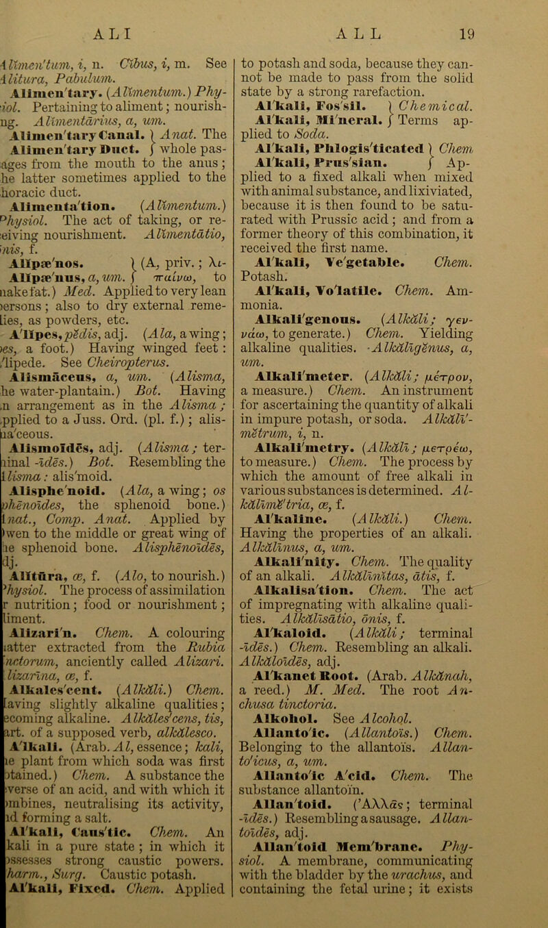 -1 Umen’tmi, i, n. Clbiis, i, m. See ‘ilitura, Pabulum. Aliiueu'tJiry. {AUmentum.) Phy- iol. Pertaining to aliment; nourish- ng. Allvientdrius, a, um. Alinien'tary Canal. ) jinat. The Alimen'tary Duct. J whole pas- ages from the month to the anus; he latter sometimes applied to the horacic duct. Alimcuta'tion. {A Umentum.) ^hysiol. The act of taking, or re- leiving nourishment. Allmentdtio, oiis, f. Allpae'nos. ) (A, priv.; \l- Allp?e'nus, a, j iraivu}, to nakefat.) Med. Applied to very lean >ersons; also to dry external reme- Lies, as powders, etc. Allpe.s,^?c?w, adj. {Ala, awing; m, a foot.) Having winged feet: /lipede. See Cheiropterus. Altsmacens, a, um. {Alisma, he water-plantain.) Bot. Having ,n arrangement as in the Alisma; .pplied to a Juss. Ord. (pi. f.); alis- aa'ceous. Alismoides, adj. {Alisma; ter- minal-ic?e5.) Bot. Resembling the ilisma: alis'moid. Alisphe'noid. (Ate, a wing; 05 phenoldes, the sphenoid bone.) inat., Comp. Anat. Applied by )wen to the middle or great wing of he sphenoid bone. AlispMnoldes, Alitfira, ce, f. {Alo, to nourish.) ^hysiol. The process of assimilation r nutrition; food or nourishment; liment. Alizari'n. Chem. A colouring latter extracted from the Ruhia nctorum, anciently called Alizari. lizarlna, ce, f. Alkales'cent. {AIMM.) Chem. aving slightly alkaline qualities; econiing alkaline. AVkdledcxns, tis, art. of a supposed verb, alkdlesco. A^lkiili. (Arab.Aessence; kali, le plant from which soda was first stained.) Chem. A substance the iverse of an acid, and with which it imbines, neutralising its activity, id forming a salt. Al'kali, CaiiH'tic. Chem. An kali in a pure state ; in which it issesses strong caustic powers. harm., Burg. Caustic potash. Al'kali, Fixed. Chem. Applied to potash and soda, because they can- not be made to pass from the solid state by a strong rarefaction. Al'kali, Fos'sll. ) Chemical. Al'kali, Bli'ncral.) Terms ap- plied to Soda. Al'kali, Plilogis'ticated) Chem, Al'kali, Prns'sian. j Ap- plied to a fixed alkali when mixed with animal substance, and lixiviated, because it is then found to be satu- rated with Prussic acid; and from a former theory of this combination, it received the first name. Al'kali, Ve'getable. Chem. Potash. Al'kali, Volatile. Chem. Am- monia. Alkali'genong. {Alk&li; yev- vdct), to generate.) Chem. Yielding alkaline qualities. -Alkdllg^nus, a, um. Alkali'meter. {Alkdli; /xea-pov, a measure.) Chem. An instrument for ascertaining the quantity of alkali in impure potash, or soda. Alkdli'- mMtrum, i, n. Alkall'metry. {Alkdli; fxeTpeu), to measure.) Chem. The process by which the amount of free alkali in various substances is determined. A l- kdlliriM'tria, ce, f. Al'kaliiie. {Alkdli.) Chem. Having the properties of an alkali. Allzdllnus, a, um. Alkali'nity. Chem. The quality of an alkali. Alkdllnltcts, dtis, f. Alkallsa'tioii. Chem. The act of impregnating with alkaline quali- ties. Alkdllsdtio, onis, f. Al'kalold. {Alkdli; terminal -Ides.) Chem. Resembling an alkali. Alkdloldes, adj. Al'kanet Root. {kroh. Alkdnah, a reed.) M. Med. The root Aw- chusa tinctoria. Alkoliol. See A Icoliql. Allanto'ic. {Allantois.) Chem. Belonging to the allantois. Allan- to'icus, a, um. Allanto'ic A'cid. Chem. The substance allantoin. Allan'told. (’AXXas; terminal -Ides.) Resembling a sausage. Allan- toides, adj. Allan'told Mem'brane. Phy- siol. A membrane, commvmicating with the bladder by the urachics, ami containing the fetal urine; it exists