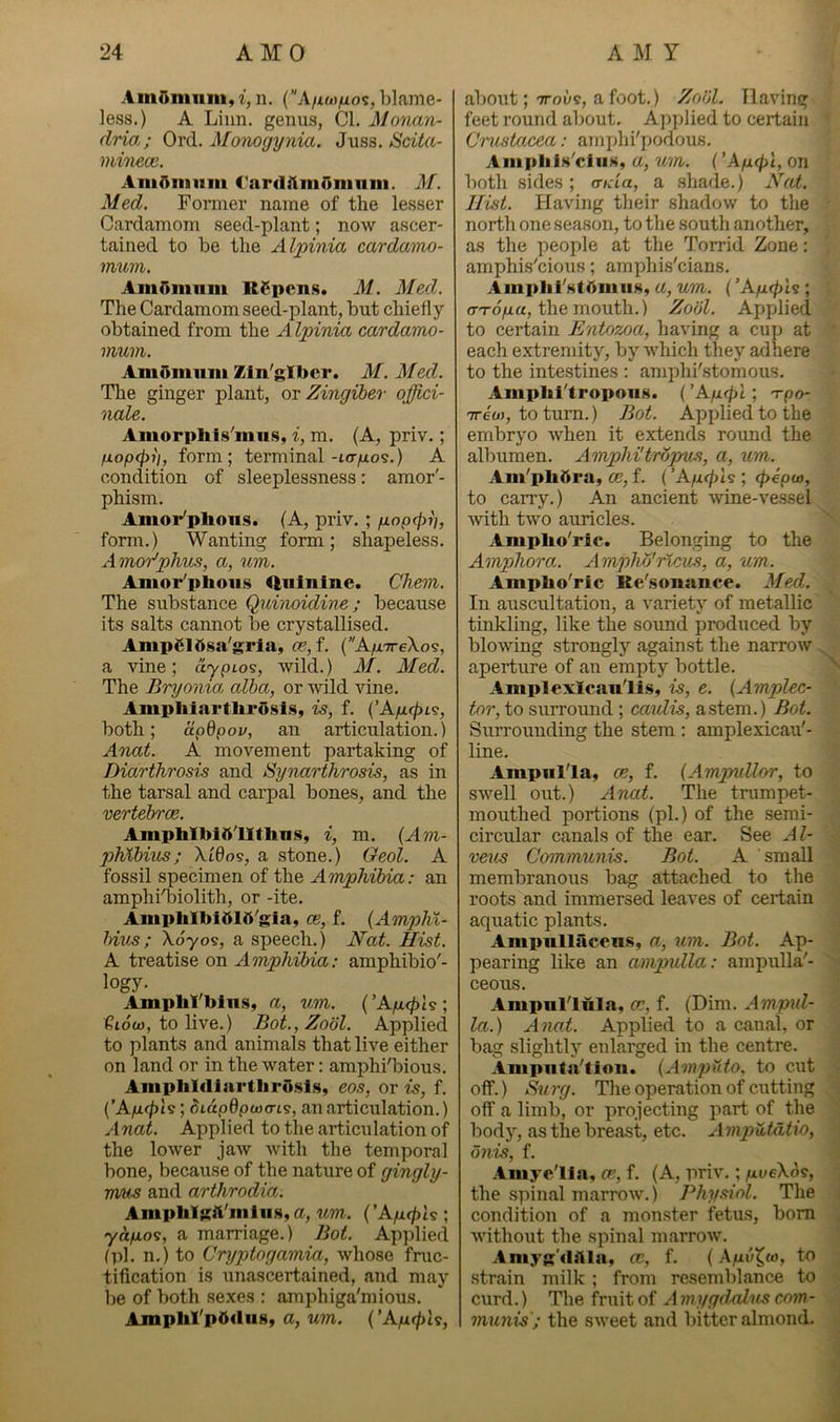 AmOmiim, i, n. (A/iw/xos, blame- less.) A Linn, genus, Cl. Monan- dria; Ord. Monogynia. Juss. Scita- ndnece. AiiiAiinim C'ardiimOninni. M. Med. Former name of the lesser Cardamom seed-plant; now ascer- tained to be the Alpinia cardaino- mum. AmAmnm Ripens. M. Med. The Cardamom seed-plant, but chiefly obtained from the Alpinia cardamo- mum. Amumniii Zin'glbcr. M. Med. The ginger plant, ox Zingiber offici- nale. Amorplils'iims, i, m. (A, priv.; fiopcfyi), form; terminal-i<r^o9.) A condition of sleeplessness: amor'- phism. Amor'plioiis. (A, priv. ; fiop<pi], form.) Wanting form; shapeless. A mor'phus, a, um. Amor'phoiis (liiinine. Chem. The substance Qui'noidine; because its salts cannot be crystallised. Ampgld.sa'grla, ce,, f. ('A^TreXos, a vine; aypLoi, wild.) 31. 3Ied. The Bryonia, alba, or Avild vine. Ampliiartlirosls, is, f. (A/x(^is, both; apdpov, an articulation.) Anat. A movement partaking of Diarthrosis and Synarthrosis, as in the tarsal and carpal bones, and the vertebrae. Amptalbiftlltlin!!i, i, m. {Avi- phlbius; XW09, a stone.) Geol. A fossil specimen of the Amphibia: an amphi^iolith, or -ite. AmphlbiOlO^glay ce, f. {Amph%- bivs; \6yo<i, a speech.) Nat. Hist. A treatise on Amphibia: amphibio'- logy. Amplil'bin.s, a, v,m. (’Ap.(pU ; to live.) Bot.yZodl. Applied to plants and animals that live either on land or in the water: amphi'bious. Amplildiartliro.sls, eos, or is, f. {’Ap.(ph; bidpdpwa-Ls, an articulation.) Anat. Applied to the articulation of the lower jaAV Avith the temporal bone, because of the nature of gingly- mus and arthrodia. Amphlgft'inlns,a, wm. (’Ap.<pl<s \ ycifios, a marriage.) Bot. Apjdied (pi. n.) to Crj/ptogamia, Avhose fruc- tification is unascertained, and may l:)e of both sexes : amphiga'mious. Amphl'pOdusy a, um. (’A^^ls, about; 7TOUS, a foot.) ZooL Having feet round about. Applied to certain Cmstacea: amphi'podous. Aiiiplil.s'ciiiH, a, um. (’Aycpl, on both sides ; crKia, a shade.) N’at. Hist. Plaving their shadow to the north one season, to the south another, as the people at the Torrid Zone: amphis'eious; amphis'eians. Amplii'Ktbmiis, a, um. (’Ap.(pU ; (TTopiu, the mouth.) Zool. Applied to certain Entozoa, having a cup at ' each e.xtremity, by Avhich they adhere to the intestines : amphi'-stomous. Amphi'tropoiis. (’Ap<pl; -rpo- Treti), to turn.) Bot. Applied to the embryo Avhen it extends round the albumen. Amphi'tropus, a, iim. Am'phdra, ce, f. (A/i</ns ; (pepu), to carry.) An ancient Avine-vessel Avith tAvo auricles. Anipbo'ric. Belonging to the Amphora. Ampho'rlcus, a, um. Ampbo'ric Re'.sonance. Med. In auscultation, a variety of metallic tinkling, like the sound produced by bloAving strongly against the narroAV aperture of an empty bottle. > Amplexlcaii'lis, is, e. {Amplec- ' tor, to surround ; caxdis, a.stem.) Bot. Surrounding the stem ; amplexicau'- line. Ampulla, 05, f. (Ampxdlor, to swell out.) Anat. The trumpet- mouthed portions (pi.) of the semi- , circular canals of the ear. See Al- vexis Communis. Bot. A small membranous bag attached to the roots and immersed leaves of certain •' aqiiatic plants. , Ampullaceus, a, um. Bot. Ap- ' pearing like an ampxdla: ampulla'- '> ceous. ' Ampnl'lnla, or, f. (Dim. Ampid- la.) Anat. Applied to a canal, or i bag slightly enlarged in the centre. i Ampnta'tioii. (Amputo, to cut 4 off.) Surg. Tlie operation of cutting off a limb, or projecting part of the ^ body, as the breast, etc. Ampatatio, -1 dnis, f. 1 Aniyolia, ce, f. (A, priv.; peeXo^, i the spinal marroAv.) Physiol. The j condition of a monster fetus, bom j Avithout the spinal marroAv. Aniyg'dftln, m, f. (A/iu^w, to ^ strain milk ; from resemblance to curd.) The fruit of A mygdcdxis com- 4 iminis'; the SAveet and bitter almond, ij J