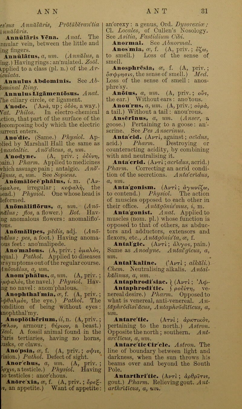 es'sus AnnidCi'i'is, ProtuMran'tia Innularis. Annularis V5na. A not. The nnular vein, between the little and ing fingers. Annulatus, «, wm. {Annulus, a ing.) Having rings ^ an'nulated. Zobl. Applied to a class (pi. n.) of the Ar- imlata. Annnlns Aljdominis. See Ah- loniinal Ring. AnnulusLlgamentSsns. Anat. rhe ciliary circle, or ligament. A'node. {’Ava, up; 0^05, away.) Vat. Philos. In electro-chemical iction, that part of the surface of the lecomposing body which the electric lurrent enters. Ano'dic. (Same.) Physiol. Ap- )lied by Marshall Hall the same as ■inastaltic. Anb'dtcus, a, uni. A'nodyne. (A, priv. ; oduvn, )ain.) Pharm. Applied to medicines vhich assuage pain; antalgic. And'- iynus, a, um. See Sopiem. AnomalQcg'pUaiiis, i. m. (’Ay- i/xaXos, irregular ; Ke(j)aXi], the lead.) Physiol. One whose head is leformed. Anoniillillorus, a, um. {Ano- nhlus; Jios, a flower.) Bot. Hav- ng anomalous flowers: anomaliflo'- •ous. Anliniitllpes, pedis, adj. {And- ndlus; pes, a foot.) Having anoma- ous feet: ano'malipede. Ano'malons. (A, priv.; o^aXds, ;qual.) Pathol. Applied to diseases )r symptoms out of the regular course. :inomdlus, um. Anom'pliilliiSy a, um. (A, priv. ; >/x(|)aXds, the navel.) Physiol. Hav- ng no navel: anom'’phalous. Anoplithal'mia, ce, f. (A, priv.; 'xfidaXfjLo?, the eye.) Pathol. The jondition of being without eyes: inophthal'my. AnopHitlierinm, ii, n. (A, priv.; m-Xov, armour; dvpiou, a beast.) 'ieol. A fossil animal fovmd in the Paris tertiaries, having no horns, lusks, or claws. Ano'psia, ce, f. (A, priv.; o\j/L^, nsion.) Pathol. Defect of sight. Anor'clius, a, um. (A, priv. ; 5px‘s> a testicle.) Physiol. Having 10 testicles: anor'chous. AnOrc'xia, ce, f. (A, priv.; d/oc^- .5, an ajjpetite.) Want of appetite: an'orexy: a genus, Ord. Dysorexice ; Cl. Locales, of Cidlen’s Nosology. See Asitia, Fastidium Cibi. Anoi-uial. Qee Abnormal. Anosmia, ce, f. (A, priv. ; d^w, to smell.) Loss of the sense of smell. Anospliresia, ce, f. (A, priv.; do-^^pijais, the sense of smell.) Med. Loss of the sense of smell: anos- phre'sy. Anotns, a, um. (A, priv.; ods, the ear.) Without ears: ano'tous. Anou'rns, a, um. (A, priv.; ovpa, a tail.) Without a tail: anouTous. AnsSrinns, a, um. {Anser, a goose.) Pei-taining to a goose: an'- serine. See Pes Anserinus. Anta'cid. (Ai/tI, against; acid'os, acid.) Pharm. Destroying or coiinteracting acidity, by combining with and neutralising it. Anta'crid. {AvtI ; acridus, acrid.) Pharm. Correcting an acrid condi- tion of the secretions. Anta'cridus, a, um. Anta'gonism. {Avrl; aywviX^w, to contend.) Physiol. The action of muscles opposed to each other in their office. Antdgdnisfmus, i, m. Anta'gonist. Anat. Applied to muscles (nom. pi.) whose function is opposed to that of others, as abduc- tors and adductors, extensors and flexors, etc., Antdgbnidta, ce, f. AntaTgic. {Avt'l ; aXyoi, pain.) Same as Anodyne. Antal'gicus, a, um. Antal'kaline. {’Ai/tl ; alMli.) Chem. Neutralising alkalis. Antal- kdllnus, a, um. Antaplirodi'slac. ) {AvtI ; ’Acjj- Antaplirodi'tic. j pobiTri, ve- nereal desire.) Pharm. Opposed to what is venereal, anti-venereal. An- MphrSdlsi'dcus, Antaphrodlticus, a, um. Autarc'tic. {A-rvl; apKTLKO’s, pertaining to the north.) Astron. Opposite the north; southern. Ant- arcftlcus, a, um. Antarc'tic Clr'cle. Astron. The line of boundary between light and darkness, when the sim throws his beams over and beyond the South Pole. Antarthri'tlc. (AvtI ; &pdpT'ri?, gout.) Pharm. Relieving gout. Ant- arthrxilcus, a, um.
