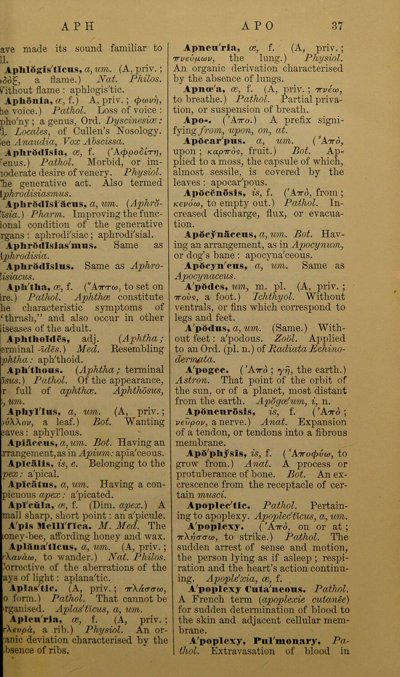 ave made its soxmd familiar to U. AplilSgls'flcus, a, urn. (A, priv.; >5o^, a flame.) A^at Philos. Without flame: aplilogis'tic. Aphonia, or, f.) A, priv.; ^xavh, tie voice.) Pathol. Loss of voice : pho'ny; a genus, Ord. Dyscinesice : !i. Locales, of Cullen’s Nosology, lee Anaudia, Vox Abscissa. AplirOdlsia, oe, f. (’AcftpobiTr], ^’enus.) Pathol. Morbid, or im- loderate desire of venery. Physiol. 'he generative act. Also termed {^hrodisiasmiLS. AphrOdlsi'iiciis, a, um. {Aphro- ’/isia.) Pharm. Improving the func- ional condition of the generative i^ans ; aphrodi'siac; aphrodi'sial. AphrOdisias’mns. Same as \phrodisia. AphrOdisins. Same as Aphro- lisiacus. Apli'tha, OE, f. A'jt'tw, to set on ire.) Pathol. Aphthae constitute he characteristic symptoms of ‘thrush,” and also occur in other liseases of the adult. Aphthoides, adj. {Aphtha; erminal -Ides.) Med. Eesembling phtha: aph'thoid. Apli'thous. {Aphtha; terminal osus.) Pathol. Of the appearance, r full of aphthae. AphtJwsus, um. Apliyl'lns, a, um. (A, priv.; wWou, a leaf.) Bot. Wanting eaves: aphyllous. ApiScens, a, W7W-. Bot. Having an .rrangement,as in Apium; apia'ceous. ApIcMls, is, e. Belonging to the pex: a'pical. Apicatns, a, um. Having a con- picuous apex; a'picated. Apl'cula, OB, f. (Dim. apex.) A mall sharp, short point: an a'picule. A’pis Mclll'flca. M. Med. The loney-bee, affording honey and wax. Apliina'tlcns, a, um. (A, priv.; rXai/ao), to wander.) Nat. Philos. Corrective of the aberrations of the ays of light: aplana'tic. Aplas'tic. (A, priv.; TrXaoro-w, 0 form.) Pathol. That cannot be irganised. Apladticus, a, um. Apleii'rla, ae, f. (A, priv. ; rXeu/oct, a rib.) Physiol. An or- :anic deviation characterised by the .bsence of ribs. Apnen'ria, ob, f. (A, priv.; irveufiuiv, the lung.) Physiol. An organic derivation characterised by the absence of lungs. Apnoe'a, ob, f. (A, priv.; irveuy, to breathe.) Pathol. Partial priva- tion, or suspension of breath. Apo>. (’Atto.) a prefix signi- fying/ro?«-, upon, on, at. Apttcar’pws. a, um. { ’Atto, upon; Kapiros, fruit.) Bot. Ap- plied to a moss, the capsule of which, almost sessile, is covered by the leaves ; apocar'pous. Apdcgnosi.«, is, f. {'Atto, from ; K6VOU), to empty out.) Pathol. In- creased discharge, flux, or evacua- tion. Apttcynaccns, a, um. Bot. Hav- ing an arrangement, as in Apocynum, or dog’s bane : apocyna'ceous. Apttcyn'eiis, a, um. Same as Apocynacem. A'pddes, um, m. pi. (A, priv. ; TToi/s, a foot.) Ichthyol. Without ventrals, or fins which correspond to legs and feet. A'pddns, a, um. (Same.) With- out feet: a'podous. Zobl. Applied to an Ord. (pi. n.) of Radiata Echino- demyata. A'pogee. ( ’Atto ; yT], the earth.) Astron. That point of the orbit of the sun, or of a planet, most distant from the earth. Apogcdum, i, n. Apdneurosis, is, f. ( ’Atto ; vevpov, a nerve.) Anat. Expansion of a tendon, or tendons into a fibrous membrane. ApO'pbysis, is, f. ( 'ATrocpaot), to grow from.) Anat. A process or protuberance of bone. Bot. An ex- crescence from the receptacle of cer- tain musci. Apoplec/tic. Pathol. Pertain- ing to apoplexy. Apopledtlcus, a, um. A'poplexy. ( ’Atto, on or at; TrXuffcrw, to strike.) Pathol. The sudden arrest of sense and motion, the person lying as if asleep ; respi- ration and the heart’s action continu- ing. Apopldxia, oe, f. A'poplexy Ciita'ncons. Pathol. A French term {apoplexie cutante) for sudden determination of blood to the skin and adjacent cellular mem- brane. A'poplexy, Pul'monary. Pa- thol. Extravasation of blood in