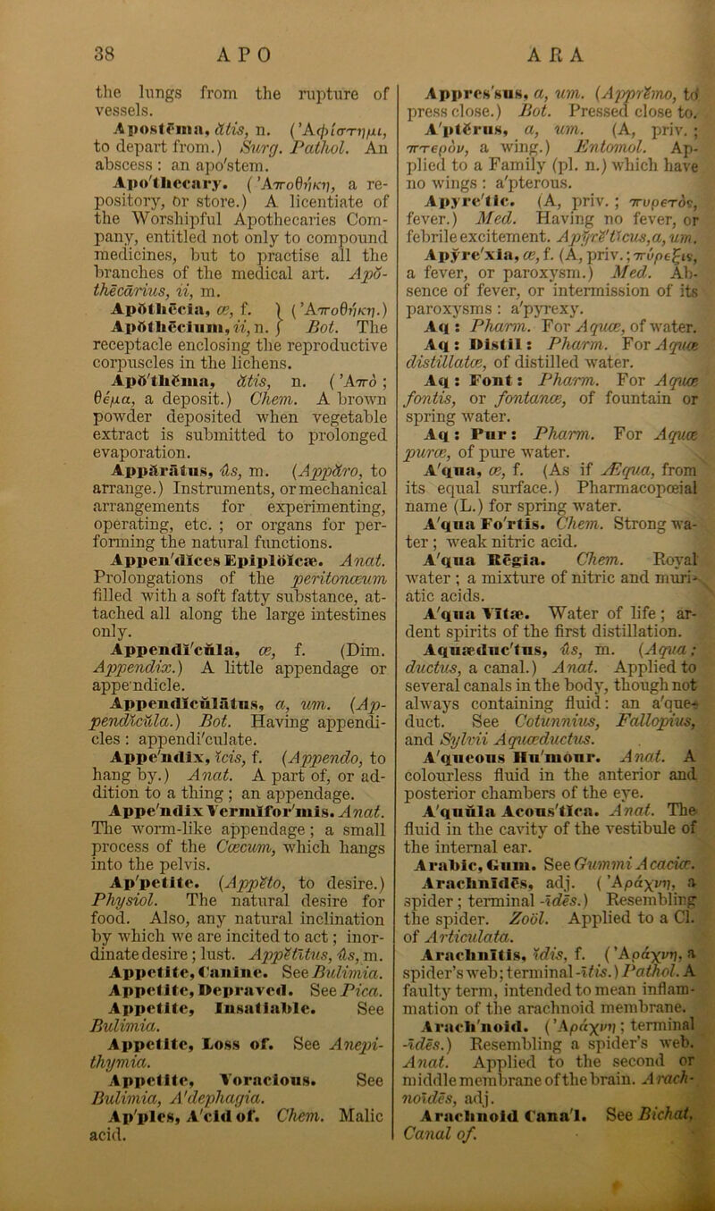 the lungs from the rupture of vessels. Aposlfma, n, (’Ac})iarri]fu, to depart from.) Surrj. Pathol. An abscess: an apo'stem. Apo'tliccary. ( a re- pository, Or store.) A licentiate of the Worshipful Apothecaries Com- pany, entitled not only to compound medicines, but to practise all the branches of the medical art. thecarius, ii, m. Api^lliecia, oe, f. 1 {’A'woQvkt].) ApftfIieclum,M,n. j Bot. The receptacle enclosing the reproductive corpuscles in the lichens. Apd'tliSma, htis, n. ( ’Atto ; 6e/xa, a deposit.) Chein. A brown powder deposited when vegetable extract is submitted to prolonged evaporation. Apparatus, 4s, m. {Apjjdlro, to arrange.) Instruments, or mechanical arrangements for experimenting, operating, etc. ; or organs for per- forming the natural functions. Appen'(lices£piplblci«. Anat Prolongations of the peritonceum filled with a soft fatty substance, at- tached all along the large intestines only. Appendl'cftla, ce, f. (Dim. Appendix.) A little appendage or appe'ndicle. Appeudlculatii.s, a, um. {Ap- pendictda.) Bot. Having appen^- cles; appendfculate. Appe'ndix, ids, f. {Appendo, to hang by.) Anat. A part of, or ad- dition to a thing ; an appendage. Appe'ndix Vermifor'nils. Anat. Tlie worm-like appendage; a small process of the Ccecum, which hangs into the pelvis. Ap'petite. {AppUo, to desire.) Physiol. The natural desire for food. Also, any natural inclination by which we are incited to act; inor- dinate desire; lust. AppHltus, 4s, m. Appetite, t'anine. See Bulimia. Appetite, Depraved. SeePfea. Appetite, Insatiable. See Bulimia. Appetite, Los.s of. See Anepi- thymia. Appetite, Voracious. See Bulimia, A'dephagia. Ap'ples, A'cid of. Chem. Malic acid. Appres'sus, a, um. {Ajyprhno, td pressclo.se.) Bot. Pre.ssed clo.se to. A'ptbrus, a, um. (A, priv. ; TT'repov, a wing.) Kntomol. Ap- plied to a Family (pi. n.) which have no wings: a'pterous. Apyre'tic. (A, priv. ; Truperos, fever.) Med. Having no fever, or febrile excitement. Apfri'ticus,a., um. Apyre'xia, oe, f. (A, jmiv.; Trype^is, a fever, or paroxysm.) Med. Ab- sence of fever, or intermission of its paroxysms : a'pyrexy. Aq : Pharm. For A of water. Aq : Distil: Pharm. Y ox Aqua distillatm, of distilled water. Aq: Font: Pha'rm. For Aq%UB fontis, or fontanoe, of fountain or spring water. Aq: Piir: Pharm. For Aqua puree, of pure water. A'qna, a, f. (As if jEqv.a, from its equal surface.) Pharmacopceial name (L.) for spring water. A'qna Fo'rtis. Chem. Strong wa- ter ; weak nitric acid. A'qiia Regia. Chem. Royal water ; a mixture of nitric and muri^ atic acids. A'qna Vitae. Water of life ; ar- dent spirits of the first distillation. Aquaednc'tns, 4«, m. {Aqua: ductus, a canal.) A nat. Applied to several canals in the body, though not always containing fluid: an a'que-j duct. See Cotunnius, Fallopius, and Sylvii Aqicceduct'us. A'qiicons Hn'nionr. Anat. A colourless fluid in the anterior and posterior chambers of the eye. A'qiiiila Acons'tioa. Anat. The fluid in the cavity of the vestibule of the internal ear. Arabic,Gum. ^eeG%mmiAcada. Araebnid^s, adj. (’Apdyi/jj, a spider; terminal -ides.) Resemblirg the spider. Zool. Applied to a Cl. of Artimlata. Arachnitis, idis, f. (’Apay^rj, a spider’s web; terminal -Itis.) Pathol. A faidty term, intended to mean inflam- mation of the arachnoid membrane. Aracli'noid. (’ApayM;; terminal -Ides.) Resembling a spider’s web. Anat. Applied to the second or middle membrane of the brain. A rach - noldcs, adj. Arachnoid Cana'l. Bichat, Canal of.