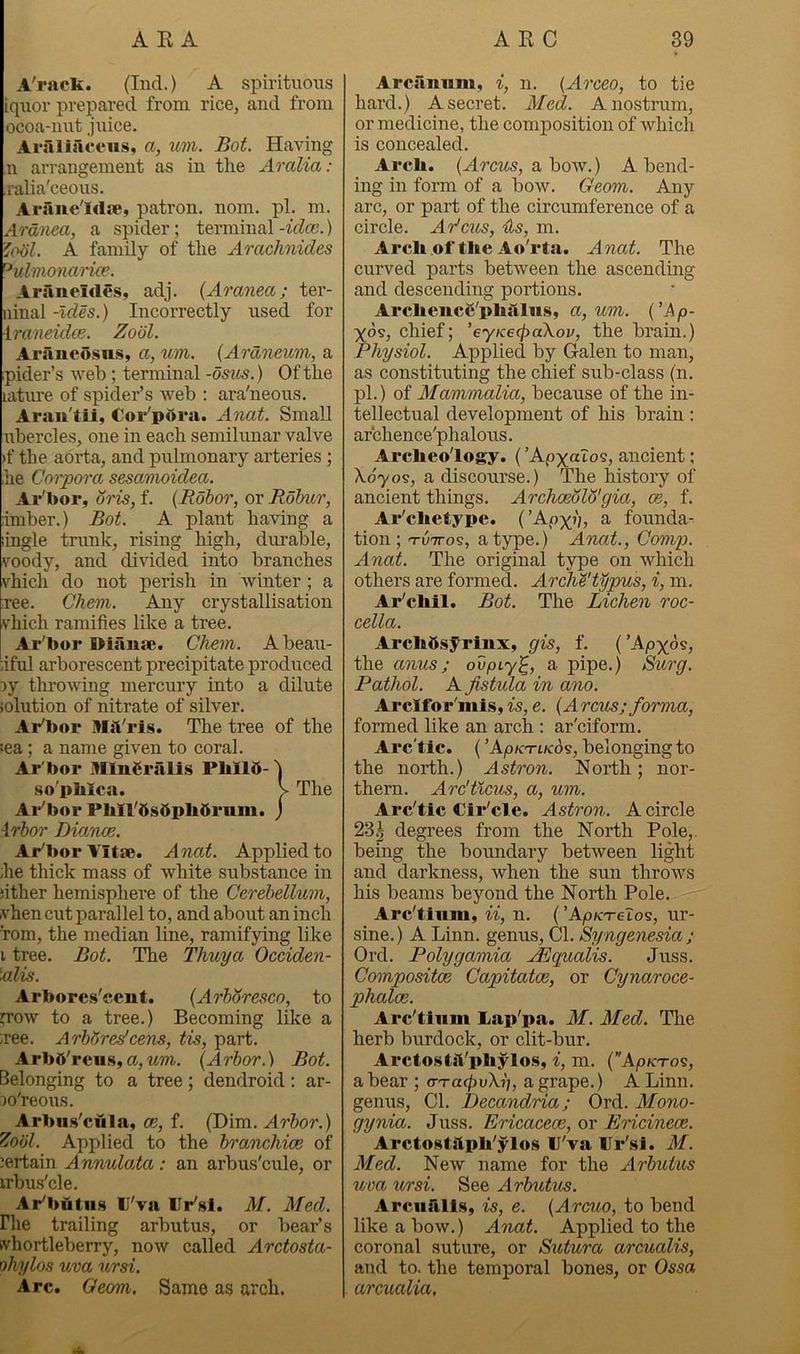 A'rack. (Ind.) A spirituous iq\ior prepared from rice, and from ocoa-nut jiiice. Araliaceus, a, xm. Bot. Having n arrangement as in the Amlia: ralia'ceous. Arane'lda!, patron, nom. pi. m. Ardnea, a spider; terminal -idee.) 'jOdl. A family of the Arachxvides ’^ulmonarice. Araneides, adj. {Ax'axiea; ter- ninal -Ides.) Incorrectly used for \raneidee. Zodl. Araneosns, a, um. (Ardneuin, a pider’s web ; terminal -osios.) Of the lature of spider’s web : ara'neous. Araii'til, Cor'pttra. Anat. Small ubercles, one in each semilunar valve )f tbe aorta, and pulmonary arteries ; he Gorpeyra sesamoidea. Ar'bor, oris, f. {Rohor, or Rdbxtr, limber.) Bot. A plant having a (ingle trunk, rising high, durable, voody, and divided into branches vhich do not perish in winter; a :ree. Cherti. Any crystallisation vhich ramifies like a tree. Ar'bor Diause. Chem. Abeau- .iful arborescent precipitate produced throwing mercury into a dilute {olution of nitrate of silver. Ar'bor mh'ris. The tree of the tea; a name given to coral. Ar'bor MlnSralls Pliild- .so'pblca. > The Ar'bor Pbll'bsbplibrum. j \rbor Diance. Ar'bor Vitae. Anat. Applied to he thick mass of white substance in nther hemisphere of the Cerebellum, rvhen cut parallel to, and about an inch Tom, the median line, ramifying like i tree. Bot. The Thuya Occiden- \alis. Arbores'cent. (Arhdresco, to P’ow to a tree.) Becoming like a iree. Arbores'cens, tis, part. Arbd'reus,a,wm. (Arbor.) Bot. Belonging to a tree; dendroid: ar- lo'reous. Arbus'cula, ce, f. (Dim. Arbor.) Zodl. Applied to the branchice of ’ertain Annulata: an arbus'cule, or irbus'cle. Ar'butiis P'va Ur's!. M. Med. File trailing arbutus, or bear’s whortleberry, now called Arctosta- ohylos uva ursi. Arc. Geom, Same as arch. Arcaimm, i, n. {Ax'ceo, to tie hard.) A secret. Aled. A nostrum, or medicine, the composition of which is concealed. Arcli. (ArcM5, a boAv.) Abend- ing in form of a bow. Geom. Any arc, or part of the circumference of a circle. Ar'exis, ils, m. Arcli of the Ao'rta. A nat. The curved parts betAveen the ascending and descending portions. ArcbencS'plutlus, a,um. ('hp- yds, chief; ’eyKeejiaXov, the brain.) Physiol. Applied by G-alen to man, as constituting the chief sub-class (n. pi.) of hlammalia, because of the in- tellectual development of his brain : archence'phalous. ArcUeo'logy. (’ApxaTos, ancient; \070s, a discourse.) The history of ancient things. Archoeold'gia, ce, f. Ar'clietype. {’Apx?h 3- founda- tion; TUTTos, a type.) Aruit., Comp. Ancit. The original type on which others are formed. Ax'cM't^pus, i, m. Ar'cliil. Bot. The Lichen roc- cella. Arclifisyrinx, gis, f. ('kpxb<i, the anus; oopiy^, a pipe.) Surg. Pathol. A fistula in ano. Arclfor'nils, is, e. (Arcxis; forma, formed like an arch : ar'ciform. Arc'tic. (’kpKTiK6<i, belonging to the north.) Astron. North; nor- thern. Arc'tlcxis, a, uvi. Arc'tic Clr'cle. Astron. A circle 231 degrees from the North Pole,, being the boundary betAveen light and darkness, Avhen the sun throws his beams beyond the North Pole. Arc'tlum, ii, n. (’kpK'reio^, ur- sine.) A Linn, genus. Cl. Syngenesia ; Ord. Polygamia Mdlgualis. Juss. Coxnpositce Capitatce, or Gynaroce- phalce. Arc'tiiim Lap'pa. M. Med. The herb burdock, or clit-bur. Arctostit'pliylos, i, m. {’'kpKTo<s, a bear ; a-Ta<pvXb, a grape.) A Linn, genus. Cl. Decandria; Ord. Mono- gynia. Juss. Ericaceae, or Ericinece. Arctostiipli'ylos P'va Pr'sJ. M. Med. New name for the Arbutus uva ursi. See Arbutxis. Arciirills, is, e. (Aram, to bend like a bow.) Anat. Applied to the coronal suture, or Sutura arcualis, and to. the temporal bones, or Ossa arcuedia.