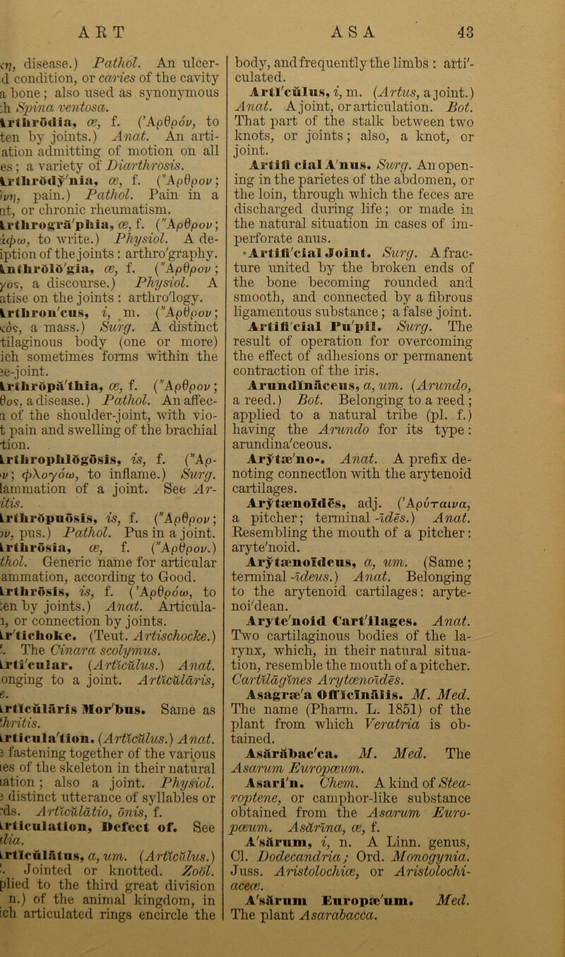 v'tj, disease.) Pathol. An nlcer- d condition, or caHes of the cavity a bone; also xised as synonjnnous ;h Spina ventosa. irthi'Odiay os, f. (’Apdpov, to ten by joints.) A^iat. An arti- ation admitting of motion on all es; a variety of Diarthrosis. lrtbr<>dy'nia, ce, f. (’'Apdpou; w), pain.) Pathol. Pain in a tit, or chronic rheumatism. Irtlirogra'plila, ce, f. {Apdpov; icpw, to write.) Physiol. A de- iption of the joints : arthro'graphy. tiutbrdld'gia, ce, f. {ApQpov ; yo^, a discourse.) Physiol. A atise on the joints ; arthro'logy. Lrtbrou'cus, i, m. {”Ap6pov; tds, a mass.) Surg. A distinct tilaginous body (one or more) ich sometimes fonns within the je-joint. LrtbrOpiVtbia, ce, f. (Apdpov; 0OS, a disease.) Pathol. Anaffec- a of the shonlder-joint, with vio- t pain and swelling of the brachial tion. Lrtbropbldgosis, is, f. (Ap- '!/; ^Xoyooo, to inflame.) Surg. [animation of a joint. See Ar- itis. Lrtbrdpnosis, is, f. (Apdpov; pus. ) Pathol. Pus in a joint. Lrtbro.sia, ce, f. (Apdpov.) thol. Generic name for articular ammation, according to Good. Lrtbro.siSy is, f. (’Apdpoco, to ien by joints.) Anat. Articula- 1, or connection by joints. Lr'ticboke. (Teut. Artischocke.) !. The Cinara scolyrims. Lrti'cniar. (Artlculm.) Anat. onging to a joint. Artlciilaris, e. xrticularis Mor'bus. Same as \hritis. Lrticula'tion. (Articulus.) Anat. 3 fastening together of the various les of the skeleton in their natural lation; also a joint. Physiol, i distinct utterance of syllables or :ds. Artlculatio, onis, f. articulation. Defect of. See dia. irtlcuiritus, a,-ww. (Articulus.) L Jointed or knotted. Zo6l. plied to the third great division n.) of the animal kingdom, in ich articulated rings encircle the body, and frequently the limbs ; arti'- culated. Artl'culus, i, m. (Artus, a joint.) Anat. A joint, or articulation. Bot. That part of the stalk between two knots, or joints; also, a knot, or joint. Artill cialA'ims. Surg. An open- ing in the parietes of the abdomen, or the loin, through which the feces are discharged during life; or made in the natural situation in cases of im- perforate anus. •Arlifl'ciaUoint. Surg. A frac- ture united by the broken ends of the bone becoming rounded and smooth, and connected by a flbrous ligamentous substance; a false joint. Artifi'cial Pu'pil. Surg. The result of operation for overcoming the effect of adhesions or permanent contraction of the iris. Aruudlnaceiis, a, um. (Arundo, a reed.) Bot. Belonging to a reed; applied to a natural tribe (pi. f.) having the Arundo for its type: arundiua'ceous. Arytae'no-. Anat. A preflx de- noting connection with the arytenoid cartilages. Arytaeuoldes, adj. (’ApvTuiva, a pitcher; terminalAnat. Eesembling the mouth of a pitcher: aryte'noid. Arytaenoideus, a, um. (Same; terminal) Anat. Belonging to the arytenoid cartilages: aryte- noi'dean. Aryte'noid Cartilages. Anat. Two cartilaginous bodies of the la- rynx, which, in their natural situa- tion, resemble the mouth of a pitcher. CartUdgines Arytcenoldes. Asagrae'a Officinsilis. M. Med. The name (Pharm. L. 1851) of the plant from which Veratria is ob- tained. Asitrfibae'ea. M. Med. The Asarum Europceum. Asarl'n. Chem. A kind of Stea- roptene, or camphor-like substance obtained from the Asarum Euro- pceum. Asdrlna, ce, f. A^siiriim, i, n. A Linn, genus. Cl. Dodecandria; Ord. Monogynia. Juss. Aristolochice, or Aristolochi- acece. A'sflrnm Eiiropac'um. Med. The plant Asarahacca.