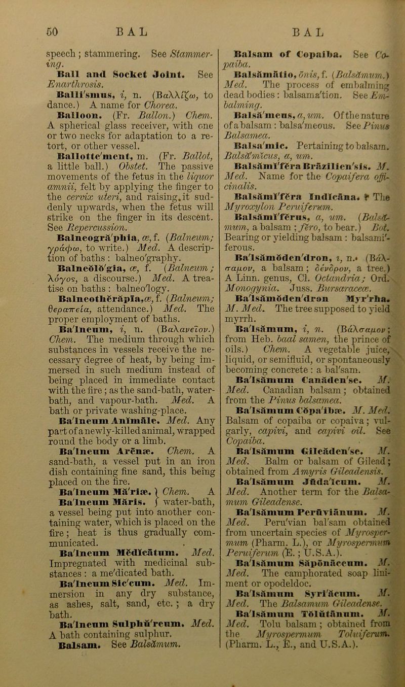 speech ; stammering. See Stammer- ing. Itall and .Socket doliit. See Enarthrosis. Italll'snius, i, n. (BaWi'^w, to dance.) A name for Chorea. Balloon. (Fr. Ballon.) Chem. A spherical glass receiver, with one or two necks for adaptation to a re- tort, or other vessel. Ballotte'nicnt, m. (Fr. Ballot, a little hall.) Ohstet. The passive movements of the fetns in the liquor amnii, felt by applying the finger to the cervix uteri, and raising.it sud- denly ripwards, when the fetus will strike on the finger in its descent. See Repercussion. Balneogril'pliia, ce,f. {Balneum; ypa<pu), to write.) 31ed. A descrip- tion of baths: balneo'graphy. Balne51A'gia, ce, f. {Balneum; Xoyos, a discourse.) hied. A trea- tise on baths : balneology. Balneotlil^riipia,c^, f. {Balneum; Qeparrreia, attendance.) hied. The proper employment of baths. Ba'lnenm, i, n. {BaXavelov.) Chem. The medium through which substances in vessels receive the ne- cessary degree of heat, by being im- mersed in such medium instead of being placed in immediate contact with the fire; as the sand-bath, water- bath, and vapour-bath. Med. A bath or private washing-place. Ba'lnenm AnlinMe. hied. Any part of a newly-killed animal, Avrapped round the body or a limb. Ba'lnemn Aremc. Chem. A sand-bath, a vessel put in an iron dish containing fine sand, tliis being placed on the fire. Ba'lnenm Mil'riae.) Chem. A Ba'lncnm MiCrls. ) Avater-bath, a vessel being put into another con- taining water, Avhich is placed on the fire; heat is thus gradually com- municated. Ba'lnemn AISdlcAtiim. hied. Impregnated Avith medicinal sub- stances : a me'dicated bath. Ba'lncnm Slc'ciini. hied. Im- mersion in any dry substance, as ashes, salt, sand, etc.; a dry bath. Ba'lncnm Sulplm'rcum. hied. A bath containing sulphur. Balsam. See Balsdmum. Balsam of Copaiba. See Co- paiha. BalHAniAtio, onis,f. (Balsdmum.) Med. The process of embalming dead bodies: balsam a'tion. See Env- balming. BalsA'incns, a, um. Of the nature of a balsam : balsa'meous. See Rinus Balsamea. Balsa'mlc. Pertaining to balsam. BalsH'mlcus, a, um. BalsAml'f^ra BrAzIlicn'Kls. M. Med,. Name for the Copaifera offi- cinalis. BalsAml'fSra IndIcAna. f The hlyroxylon Peruiferum. Bal.sAml'f^riis, a, um. {Bahd- mum, a balsam ; firo, to bear.) Bot. Bearing or yielding balsam ; balsami'- ferous. Ba'lsAmAden'dron, i, n.* (BaX- nap-ov, a balsam; oevopov, a tree.) A Linn, genus. Cl. Octandria; Ord. hlonogynia. Juss. Bursaraceoe. Ba'lsAniAden'dran Myr'rha. hi. hied. The tree supposed to yield myrrh. Ba'lsAmnm, i, n. {Bak(Tapov: from Heb. baal samen, the prince of oils.) Chem. A vegetable juice, liquid, or semifluid, or spontaneously becoming concrete ; a bal'sam. Ba'lsAmnm CanAden'se. hi. hied. Canadian balsam ; obtained from the Pinus balsamea. Ba'lsAmnm CApa'ibic. hi. Med. Balsam of copaiba or copaiva; vul- garly, capivi, and capivi oil. See Copaiba. Ba'lsAmnm GilcAdcn'.sc. M. Med. Balm or balsam of Gilead; obtained from Amyris Gileadensis. Ba'lsslmnm Jfida'Icnm. hi. hied. Another term for the Balsa- mum Gileodense. Ba'lsAmum PcrflrlAnnm. hi. hied. Peni'vian bal'sam obtained from ATncertain species of hIyrosp>cr- mum (PhaiTn. L.), or hlyrospemmm Peruiferum (B.; U.S.A.). Ba'l.sAmiim SAponAcenm. M. hied. The camphorated soap lini- ment or opodeldoc. Ba'lsAmiim Syri'Acnm. hi. hied. The Balsamum Gileadense. Ba'l.<«Amiim TAlufAmim. hf. hied. Tolu balsam ; obtained from the hlyrospemnum Toluiferum. (Pharm. L., E., and U.S.A.).