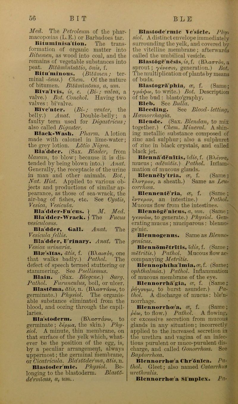 Med. Tlie Petroleum of the phar- niacopceias (L.E.) or Barbacloes tar. ltUiiiiiiiii.sa'tloii. Tlie trans- foniiation of organic matter into Bitumen, as wood into coal, and the remains of vegetalDle substances into peat. Bltiimlnlsdtio, dnis, f. Ititn'minoiis. {Bitumen; ter- minal -dsxis.) Chem, Of the nature of bitumen. Bitumlnosiis, a, um. Blva'lvls, is, e. {Bi-; vcdva, a valve.) Bot. Conchol. tiaving two valves: bi'valve. Blvc'iiter. {Bi-; venter, the belly.) Anat. Double-belly; a faulty temi used for Digastricus; also called Bigaster. Black-Wash. Phanm. A lotion made with calomel in lime-water; the grey lotion. Ldtio Nigra. Bla'd«lei*. (Sax. Blacler, from blawan, to blow; because it is dis- tended by being blown into.) Anat. Generally, the receptacle of the urine in man and other animals. Bot., Nat. Hist. Applied to various ob- jects and productions of similar ap- pearance, as those of sea-wrack, the air-bag of fishes, etc. See Cystis, Vesica, Vesicula. Bla'dder-Fn'cns. ) M. Med. Bla'dder-Wrack. j The Fucus vesiculosus. BlaVlder, Gall. Anat. The Vesicula fellis. Bla'dder, ll'riiiary. Anat. The Vesica urinaria. Blae'sltas, dtis, f. (Bkato-ds, one that walks badly.) Pathol. The defect of speech termed stuttering or stammering. See Psellismus. Blain. (Sax. Blegcne.) Surg. Pathol. Fu,runculus, boil, or ulcer. Blastema, dtis, n. (Bkao-rdi/w, to germinate.) Physiol. The organis- able substance eliminated from the blood, and oozing through the capil- laries. Bla'stoderni. (Bkao-rdyw, to germinate; dep/xa, the skin.) Phy- siol. A minute, thin membrane, on that .surface of the yelk which, what- ever be the position of the egg, is, by a peculiar arrangement, always uppermost; the genninal membrane, or Cicatricula. BlaJstSder'ma, dtis, n. Blastoder'iiilc. Physiol. Be- longing to the blastoderm. Blastd- ddrmlms, a, um.. Blasfodc'riiilc Vc'sicle. Phy- siol. A distinct envelope immediately surrounding the yelk, and covered by the vitelline meTnbrane; afterwanfs called the undfilical vesicle. BlasldgS'ii^sls, is, f. (BAaerros, a sprout; yeveais, generation.) Bot. The multiplication of plants by means of buds. Blastogrfi'pliia, ce, f. (Same; ypa.(f)U), to write.) Bot. Description of the bud : bla.sto'graphy. Bleb. See Bulla. Bleeding. See Blood,-letting, Hcemorrhagia. Blende. (Sax. Blendan, to mix together.) Cherm. Mineral. A shin- ing metallic sub.stance compo.sed of zinc and sulphur; also a sulphuret of zinc in black cry.stals, and called black jet. Blennfl'dCnitis, f. (QXevva, mucus; adinltis.) Pathol. Infiara- mation of mucous glands. Blcnngly'tria, ae, f. (Same; eXva-pov, a sheath.) Same as Leu- corrhcea. BlennentS'ria, ce, f. (Same; evTepov, an intestine.) Pathol. Mucous fiow from the intestines. Blenn5g£'nlcii.s, a, um. (Same : yeuvdu), to generate.) Physiol. Gen- erating mucus ; muciparous: blenuo- ge'nic. Blennogenns. Same as Blenno- genicus. BlennSniefrifis,f. (Same; metHtis.) Pathol. Mucous flow ac- companying Metritis. Blennoplithalniia. Cl?, f. (Same; ophthalmia.) Pathol. Inflammation of mucous membrane of the eye. BlennorrliiVgia, ce, f. (Same; pi’iyvvpi, to burst asunder.) Pa- thol. A discharge of mucus: ble'n- norrhage. Blcnnorrhoc'a, ce, f. (Same; /deco, to flow.) Pathol. A flowing, or excessive secretion from mucous glands in any situation; incorrectly applied to the increased secretion in the urethra and vagina of an infec- tious purulent or muco-purulent dis- charge, and called Gonorrhoea. See Baptorrium. Blennorrlioe'a riir'Onlca. Pa- thol. Gleet; also named Catarrhus urethralis. Blcnnorrboe'a Sl'iuplcx. Pa-