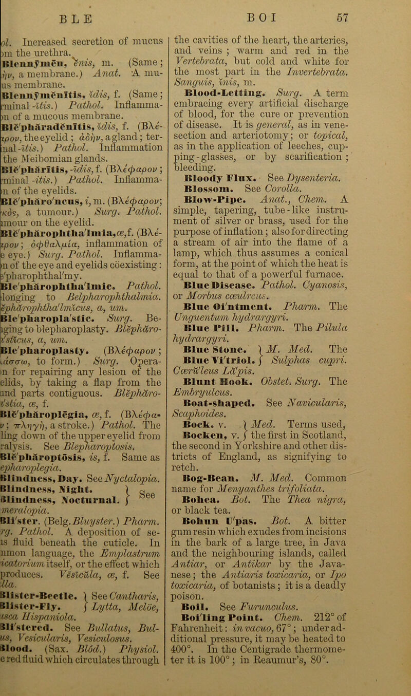 ol. Increased secretion of nincns )in the lu’ethra. Blennymen, ^nis, m. (Same ; j)v, a membrane.) Anat. ’A niu- us membrane. BlennyiiiCuiti.s, Uis, f. (Same; rniinal -Itis.) Pathol. Inflamma- )n of a mncons membrane. BlC'plijlratlfnltis, %dis, f. (BXe- xpov, the eyelid ; aohv, a gland; ter- inal-i^is.) Pathol. Inflammation the Meibomian glands. Bic'plu1ritis,-^i^i5,f. (EXecjiapov; rminal -itis.) Pathol. Inllamma- »n of the eyelids. Bl^'plijlro'ncus, i, m. {Skecpapov, Kos, a tnmonr.) Surg. Pathol. iraom’ on the eyelid. B16'pli{lroplitUaliiiia,CB,f. (BA.e- tpov; d<^0a\/uta, inflammation of eeye.) Surg. Pathol. Inflamma- >n of the eye and eyelids coexisting: j'pharophthal'my. Ble'pliilroplitlialmic. Pathol. longing to Bel23harophthalmia, iphhrophtha'lmlms, a, um. Ble'pharopla'.stic. Su?'g. Be- ijing to blepharoplasty. BUyhdro- xstlcus, a, um. Ble'pliaropla.%ty. {BXecpapov; A<rcrw, to form.) Bicrg. Opera- m for repairing any lesion of the elids, by taking a flap from the and parts contignous. BUphdro- (Istia, ce, f. BU^'philroplegia, oe, f. {BXtcpa- 1/; TrXjjyj), a stroke.) Pathol. The ling down of the upper eyelid from ralysis. See Blepharoptosis. BIS'phitroptosis, is, f. Same as tplmroplegia. Blindness, Day. See Nyctalopia. Blindness, Niglit. ) ^ Blindness, Nocturnal, j meralopia. Bli'ster. (BQlg.Bluyster.) Pharm. rg. Pathol. A deposition of se- is fluid beneath the cuticle. In nmon language, the Emplastrum icatorium itself, or the effect which produces. Veslcula, cb, f. See Ua, Blister-Beetle. 1 See Canthai'is, Blister-Fly. j Lytta, Meloe, isca Hispaniola. Bll'stered. See Bidlatus, Bul- us, Vesicularis, Vesiculosus. Blood. (Sax. BlOd.) Physiol. e red fluid which circulates through the cavities of the heart, the arteries, and veins ; warm and red in the Vertebrata, but cold and white for the most part in the Invertehrata. Sanguis, Inis, m. Blood-Letting. Surg. A term embracing every artificial discharge of blood, for the cure or prevention of disease. It is general, as in vene- section and arteriotomy; or topiml, as in the application of leeches, cup- ping - glasses, or by scarification ; bleeding. Bloody Flux. See Dysenteria. Blossom. See Corolla. Blow-Pipe. Anat., Chem. A simple, tapering, tube-like instru- ment of silver or brass, used for the purpose of inflation; also for directing a stream of air into the flame of a lamp, which thus assumes a conical form, at the point of which the heat is equal to that of a powerful furnace. Blue Disease. Pathol. Cyanosis, or Morbus cceulrcus. Blue Oi'ntment. Pharm. The Unguentum hydrargyri. Blue Pill. Pharm. The Pilula hydrargyri. Blue Stone. ) M. Med. The Blue VFtriol. j Sulphas cupri. Coeru'leus Ld'pis. Blunt Book. Obstet-. Surg. The E'tribryidcus. Boat-sliaped. See Naviculams, Scaphoides. Bock. V. )3Ted. Tenns used, Bocken, v. j the fii’st in Scotland, the second in Yorkshire and other dis- tricts of England, as signifying to retch. Bog-Bean. M. Med. Common name for Menyanthes trifoliata. Boliea. Bot. The Thea nigra, or black tea. Boliun U'pas. Bot. A bitter gum resin which exudes from incisions in the bark of a large tree, in Java and the neighbouring islands, called Antiar, or Antikar by the Java- nese ; the Antiaris toxicaria, or Ipo toxicaHa, of botanists; it is a deadly poison. Boll. See Furunculus. Boiling Point. Chem. 212° of Fahrenheit: in vacuo, Cl °under ad- ditional pressure, it may be heated to 400°. In the Centigrade thermome- ter it is 100°; in Reaumur’s, 80°.