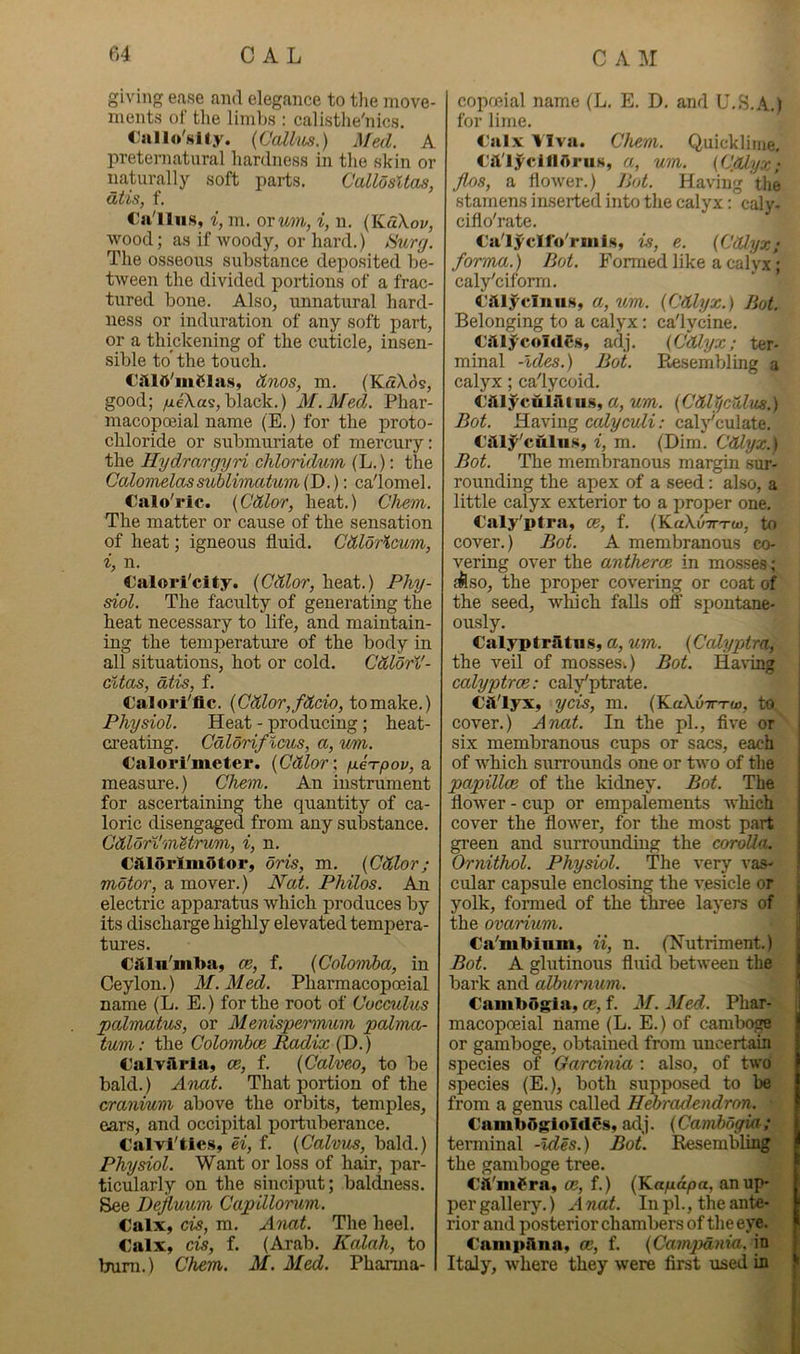 giving ease and elegance to tlie move- ments of the linil)s : calistlie'nics. t'allo'Kily. {Calhis.) Med. A preternatural hardness in the skin or naturally soft parts. CallosUas, dtis, f. C'alliis, i, m, ovum, i, n. (K«\oj/, wood; as if woody, or hard.) 8urg. The osseous substance deposited be- tween the divided portions of a frac- tured bone. Also, unnatural hard- ness or induration of any soft part, or a thickening of the cuticle, insen- sible to* the touch. CillA'iiiClas, dnos, m. (KaXds, good; /.leXas,black.) M.Med. Phar- macopceial name (E.) for the proto- chloride or submuriate of mercury: the Hydrargyri chloridum (L.): the Calomelassublimatum (D.): ca'lomel. Calo'ric. {Cdlor, heat.) Chem. The matter or cause of the sensation of heat; igneous fluid. CMortaiim, i, n. Oalori'city. {Cdlor, heat.) Phy- siol. The faculty of generating the heat necessary to life, and maintain- ing the temperature of the body in all situations, hot or cold. CdlorV- ci/lcts, Oftvs, f. Calori'flc. {Cdlor,fdcio, to make.) Physiol. Heat - producing; heat- creating. Cdlorifiaus, a, wm. Calori'meter. {Cdlor\ /xen-pov, b, measure.) Chem. An instrument for ascertaining the quantity of ca- loric disengaged from any substance. Cdlori'mUrum, i, n. OillorlmOtor, oris, m. {Cdlor; motor, a mover.) Ned. Philos. An electric apparatus which produces by its discharge highly elevated tempera- tures. Cftln'm1>a, ce, f. [Colomba, in Ceylon.) M. Med. Pharmacopoeial name (L. E.) for the root of Cocmlus palmatus, or Menispermum palma- tum: the Colowhce Radix (D.) Calvftrla, ce, f. {Calveo, to be bald.) Anat. That portion of the cranium above the orbits, temples, ears, and occipital portuberance. Calvi'tics, H, f. {Calvus, bald.) Physiol. Want or loss of hair, par- ticularly on the sinciput; baldness. See Dejluum Capillorum. Calx, cis, m. Anat. The heel. Calx, cis, f. (Arab. Kalah, to bum.) Chem. M. Med. Pharma- I copreial name (L. E. D. and U.H.A.) for lime. Calx Viva. Chem. Quicklitne. Cit'l5^cillftrus, a, um. (Cfldyx; Jlos, a flower.) Jiot. Having the stamens inserted into the calyx: caly- ciflo'rate. Ca'lycllo'riiils, is, e. {CiUyx; forma.) Bot. F'ormed like a calyx'; caly'ciform. CAlyciiiiiN, a, um. {Cdlyx.) Bot. Belonging to a calyx; ca'lycine. CftlJcoIrtCs, adj. (Cdlyx; ter- minal -Ides.) Bot. Eesembling a calyx; calycoid. Cillyculillus, a, um. (Cdl^culus.) Bot. Having ccdyculi: caly'culate. Cai5^'culus, i, m. (Dim. Cdlyx.) Bot. The membranous margin sur- rounding the apex of a seed: also, a little calyx exterior to a proper one. Caly'ptra, ce, f. (KaX.u7rTw, to cover.) Bot. A membranous co- vering over the antherce in mosses; jftso, the proper covering or coat of the seed, which falls off spontane- ously. Calyptrfitns, a, um. (Calyptra, the veil of mosses.) Bot. Ha\ing calyptree: cal/ptrate. calyx, ycis, m. (KaA.ii7rxa>, to cover.) Anat. In the pi., five or six membranous cups or sacs, each of which surroimds one or two of the papillce of the kidney. Bot. The flower - cup or empalements Avhich cover the flower, for the most part green and surrounding the coroUa. Ornithol. Physiol. The very vas- cular capsule enclosing the vesicle or yolk, formed of the three layers of the ovarium. Ca'mbinm, ii, n. (Nutriment.) Bot. A glutinous fluid between the bark and alburnum. Cambogia, ce, f. M. Med. Phar- macopoeial name (L. E.) of camboge or gamboge, obtained from uncertain species of Oardnia : also, of two species (E.), both supposed to be from a genus called Hebradendron. Camb5gioIclcs, adj. (Cavrhdgia; temiinal -Ides.) Bot. Resembling the gamboge tree. Cft'mSra, ce, f.) (Ka/xdpa, an up- per gallery.) Anat. In pi., the ante- rior and posterior chambers of the eye. Caiiipftna, ce, f. (Campania, in Italy, where they were first used in