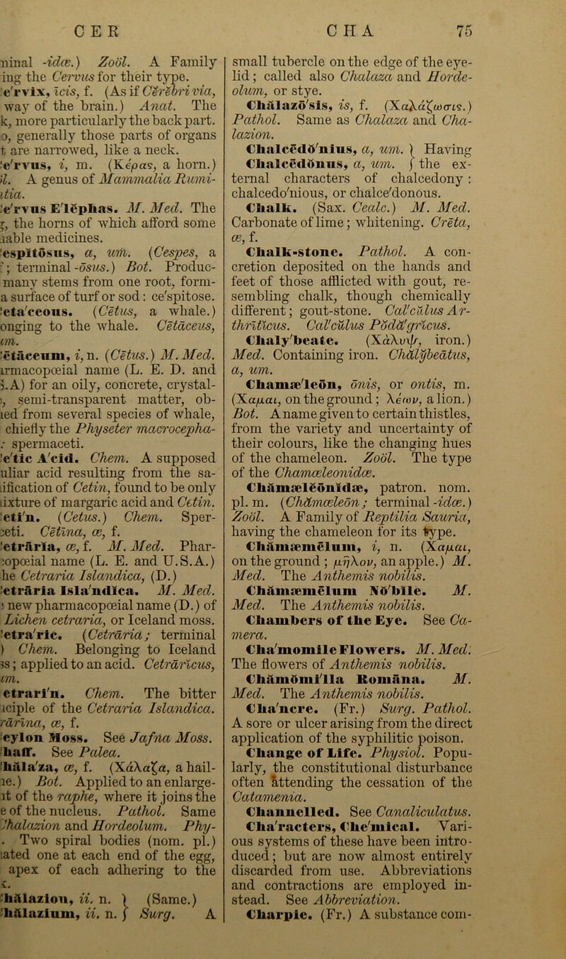 niiial -idee.) Zool. A Family iug the Cervus for their type, .'e'rvlx, Ids, f, (As if C^r^bri via, way of the brain.) Anat. The k, more particularly the back part, o, generally those parts of organs t are narrowed, like a neck, .‘e'rvus, i, m. (Kepas, a horn.) •7. A genus of Mammalia Rumi- itia. Je'rvus Eli^plias. M. Med. The l, the horns of which alford some aable medicines. 'espitosns, a, urn. {Cespes, a •; terminal -dsus.) Bot. Produc- many stems from one root, form- a surface of turf or sod: ce'spitose. ieta'ceous. (CHus, a whale.) ongiug to the whale. Cetdeeus, im. ;ctacenm, i, n. {Cetns.) M.Med. irmacopoeial name (L. E. D. and 5. A) for an oily, concrete, crystal- !, semi-transparent matter, ob- led from several species of whale, chiefly the Physeter macrocepha- : spermaceti. !e'tic A'cid. Chem. A supposed uliar acid resulting from the sa- lification of Cetin, foimd to be only fixture of margaric acid and Cetin. {Cetus.) Chem. Sper- 3eti. Cetlna, ce, f. Jetrarla, ce, f. M. Med. Phar- )opoeial name (L. E. and U.S.A.) he Cetraria Islandica, (D.) !etraria Isla'ndlca. 31. Med. : new pharmacopoeial name (D.) of Lichen cetraria, or Iceland moss. !etra'rlc. {Cetraria; terminal ) Chem. Belonging to Iceland 3S; applied to an acid. Cetrdrlcus, im. etrarTn. Chem. The bitter iciple of the Cetraria Islandica. rdrlna, ce, f. •eylon Moss. See Jafna Moss. 'haflf. See Palea. 'hilla'za, ce, f. (XdXa^a, a hail- le.) Bot. Applied to an enlarge- it of the raphe, where it joins the e of the nucleus. Pathol. Same Jhalazion and Hordeolum. Phy- . Two spiral bodies (nom. pi.) lated one at each end of the egg, apex of each adhering to the <. ^hAlazion, ii. n. ) (Same.) ihUlaziani, ii. n. ) Surg. A small tubercle on the edge of the eye- lid ; called also Chalaza and Horde- olum, or stye. Chillazo'sis, is, f. (X.cii^aX^d^O’L^.) Pathol. Same as Chalaza and Cha- lazion. ClialcSdd'nius, a, um. ) Having €lialced5niis, a, um. j the ex- ternal characters of chalcedony: chalcedo'nious, or chalce'donous. Chalk. (Sax. Cealc.) M. Med. Carbonate of lime; whitening. CrUa, ce, f. Chalk-stone. Pathol. A con- cretion deposited on the hands and feet of those afflicted with gout, re- sembling chalk, though chemically different; gout-stone. Cal'calmAr- thrltlcus. Calculus Podd'gincus. Chaly'heate. {XaXv\lr, iron.) Med. Containing iron. Chdl^hedtus, a, um. Chamaeleon, o7iis, or ontis, m. (Xa/xai, on the ground; \dov, a lion.) Bot. A name given to certain thistles, from the variety and uncertainty of their colours, like the changing hues of the chameleon. Zobl. The type of the Chamceleonidce. Chilmaeleonldae, patron, nom. pi. m. {Chdmceleon; terminal) Zodl. A Family of Reptilia Sauria, having the chameleon for its type. Chamaemelnm, i, n. {Xafiai, on the ground; p.?) koi/, an apple.) M. Med. The Anthemis nohilis. Ch^lmsemelum NO'hlle. M. Med. The Anthemis nohilis. Chambers of the Eye. See Ca- mera. Cha'momile Flowers. M. Med. The flowers of Anthemis nohilis. Ch^mOmflla Romfina. M. Med. The Anthemis nohilis. Cha'nere. (Fr.) Surg. Pathol. A sore or rdeer arising from the direct application of the syphilitic poison. Change of Life. Physiol. Popu- larly, the constitutional disturbance often Attending the cessation of the Catamenia. Channelled. See Canaliculatus. Cha'raeters, Clie'mieal. Vari- ous systems of these have been intro- duced ; but are now almost entirely discarded from use. Abbreviations and contractions are employed in- stead. See Abbreviation. Charpie. (Fr.) A substance com-