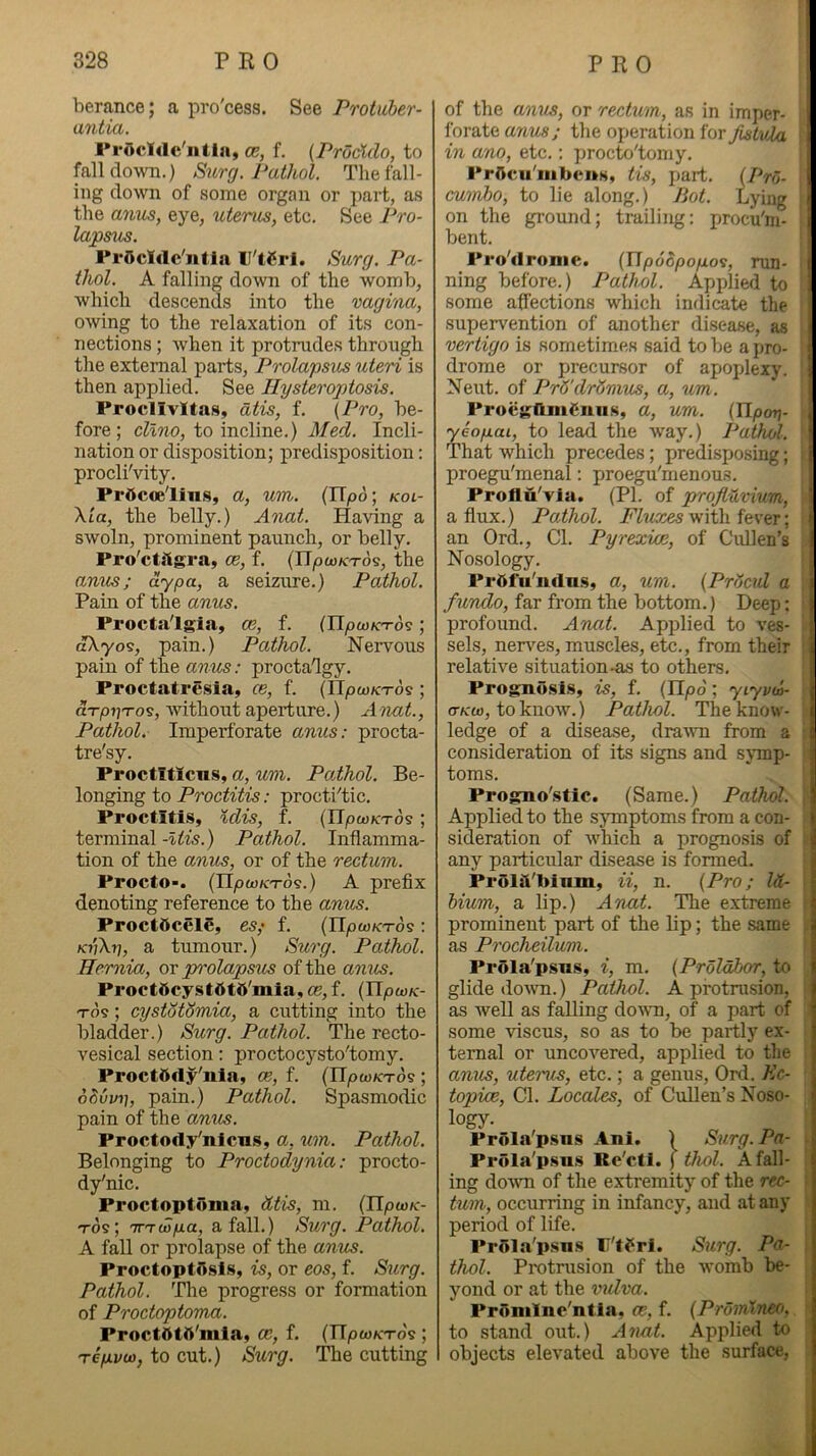 berance; a pro'cess. See Proiuher- antia. rrocldc'ntla, ce, f. (Procldo, to fall down.) Surg. Pathol. Tlie fall- ing down of some organ or part, as the amis, eye, uterus, etc. See Pro- lapsus. PrOcIdc'iifla ll'tCrl. Surg. Pa- thol. A falling down of the womb, which descends into the vagina, owing to the relaxation of its con- nections ; Avhen it protrudes through the external parts. Prolapsus uteri is then applied. See Hysteroptosis. Procllvltas, dtis, f. {Pro, be- fore; cllno, to incline.) Med. Incli- nation or disposition; predisposition: proclivity. Pr5c«e'lins, d, U/tTV. , I^OL— \ta, the belly.) Anat. Having a swoln, prominent paunch, or belly. Pro'ctiigra, ce, f. (Hpaj/cTos, the anus; dypa, a seizure.) Pathol. Pain of the anus. Proctalgia, ce, f. (HyocoKT-ds; dXyo<s, pain.) Pathol. Nervous pain of the anus: proctalgy. Proctatre.sla, ce, f. (IT/otij/c'rds ; arpii'Tos, without aperture.) Anat., Pathol. Imperforate anus: procta- tre'sy. Proctlticns, a, um. Pathol. Be- longing to Proctitis: proctiVic. Proctitis, Idis, f. (HjOcoKTos; terminal -Uis.) Pathol. Inflamma- tion of the anus, or of the rectum. Procto-. (Hyow/crd?.) A prefix denoting reference to the anus. Proct6cel6, es; f. (H/ow/cT-de : KrfKri, a tumour.) Surg. Pathol. Hernia, or prolapsus of the amis. Proct5cystttt6'mia,oe,f. (H/awAc- T-ds; cystotSmia, a cutting into the bladder.) Surg. Pathol. The recto- vesical section: proctocysto'tomy. Proct5dy'nia, ce, f. (n(Oa>K:T-d9 ; o^vvi], pain.) Pathol. Spasmodic pain of the amis. Proctody'nlcus, a, um. Pathol. Belonging to Proctodynia: procto- dy'nic. Proctoptoma, dtis, m. (H/oto/c- T-ds; 'TT'Twpa, a fall.) Surg. Pathol. A fall or prolapse of the anus. Proctoptosis, is, or eos, f. Surg. Pathol. The progress or formation of Proctoptoma. ProctOtO'mia, oc, f. (HjOw/cTo's ; Tepvu), to cut.) Stirg. The cutting of the anus, or rectum, as in imper- forate anus; the operation for jistvla. in ano, etc.: procto'tomy. PrOcii'mbciks, tis, part. (/Vo- cumho, to lie along.) Hot. Lying on the ground; trailing: procu'm- bent. Pro'dronie. {Upoopopo^, run- ning before.) Pathol. Applied to some affections which indicate the supervention of another disease, as vertigo is sometim.es said to be a pro- drome or precursor of apoplexy. Neut. of Pr6’dr6mus, a, um. ProcgamSmis, a, um. {Uporj- yeopai, to lead the way.) Pathol. That which precedes; predisposing; proegu'menal: proegu'menous. Prollu'via. (PI. of prrofiuvium, a flux.) Pathol. A’Zwsces with fever; an Ord., Cl. Pyrezioe, of Cullen’s Nosology. Prftfu'mlns, a, um. {PrScid a /undo, far from the bottom.) Deep: profound. Anat. Applied to ves- sels, nerves, muscles, etc., from their relative situation-as to others. Prognosi.s, is, f. (Tlpd; yiyvd- (T/cw, to know.) Pathol. The know- ledge of a disease, draum from a consideration of its signs and sjmp- toms. Progno'stic. (Same.) Pathol. Applied to the symptoms from a con- sideration of which a prognosis of any particular disease is formed. Prolii'biiim, ii, n. {Pro; Ul- tium, a lip.) Anat. The extreme prominent part of the lip; the same as Procheilum. Prbla'psns, i, m. {Prolabor, to glide down.) Pathol. A protnision, as well as falling down, of a part of some viscus, so as to be partly ex- ternal or uncovered, applied to the anus, uterus, etc.; a genus, Ord. Vx- topice. Cl. Locales, of Cullen’s Noso- logy. Prola'psns Ani. ) Surg. Pa- Prbla'psus Re'cli. j thol. A fall- ing do'wn of the extremity of the rec- tum, occurring in infancy, and at any period of life. PrSla'p.sns r'ffri. Surg. Pa- thol. Protrusion of the womb be- yond or at the vidva. PrOmlnc'ntia, f. {Prdmlneo. to .stand out.) Anat. Applied to objects elevated above the surface,