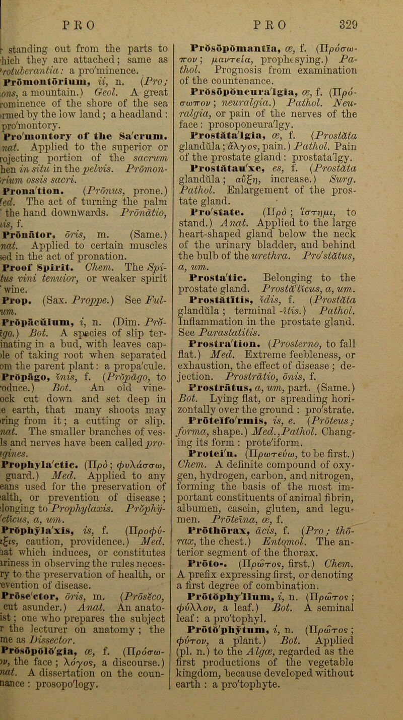 • standing out from the parts to hich they are attached; same as ’rotuherantia: a pro'minence. PrOmontorimu, ii, n. {Pro; )Ons, a mountain.) Geol. A great rominence of the shore of the sea trnied by the low land; a headland : pro'montory. Pro'moutory of tlte Sa'crum. mt. Applied to the superior or rejecting portion of the sacriLm hen in situ in the pelvis. Promon- >rmm ossis sacn. Proua'tion. (Pronus, prone.) fed. The act of turning the palm ■ the hand downwards. Prondtio, lis, f. Pronator, oris, m. (Same.) nat. Applied to certain muscles jed in the act of pronation. Proof Spirit. Ghem. The Spi- ius vini tenuior, or Aveaker spirit 'wine. Prop. Proppe.) See um. Prdpaculnm, i, n. (Dim. Pro- igo.) Bot. A sj)ecies of slip ter- inating in a bud, with leaves cap- )le of taking root when separated om the parent plant: a propa'cule. PrOpago, iiiis, f. {Propdgo, to •oduce.) Bot. An old vine- ock cut down and set deep in e earth, that many shoots may iring from it; a cutting or slip. nat. The smaller branches of ves- Is and neives have been called pro- igines. Prophyla'ctic. (Il/od; (j>vXdcrau}, guard.) 3Ied. Applied to any eans used for the preservation of salth, or prevention of disease; ilonging to Prophylaxis. Prophy- 'cticus, a, uni. Pr5phyla'xis, is, f. (n^oc^^- i^is, caution, providence.) Med. lat Avhich induces, or constitutes iriness in observing the rules neces- ry to the preservation of health, or evention of disease. Proge'etor, ons, m. {Pros^co, cut asunder.) Anat. An anato- ist; one who prepares the subject r the lecturer on anatomy ; the me as Jjissector. PrdgOpOld'gia, ce, f. (TT/00V&)- w, the face ; Xdyos, a discourse.) nat. A dissertation on the coun- nance : prosopo'logy. Prdsupdmantia, ce, f. {Upoaco- •wov, fxav'reia, prophesying.) Pa- thol. Prognosis from examination of the countenance. Prdgop^iueura'lgia, ce, f. {Jlpo- atoTTov; neuralgia.) Pathol. Neu- ralgia, or pain of the nerves of the face: prosoponeura'lgy. Progtittalgia, ce, f. {Prostdta glandiila; aXyos, pain.) Pathol. Pain of the prostate gland; prostata'lgy. Prostiltau'xe, es, f. {Prostdta glandula; increase.) Surg. Pathol. Enlargement of the pros- tate gland. Pro'state. (Dpo ; ’laT^ipu, to stand.) Anat. Applied to the large heart-shaped gland below the neck of the urinary bladder, and behind the bulb of the urethra. Pro'stdtus, a, um. Prosta'tic. Belonging to the prostate gland. Prostd'ticus, a, um,. Prostatitis, %dis, f. {Prostdta glandula ; terminal -liis.) Pathol. Inflammation in the prostate gland. See Parastatitis. Prostra'tion. {Prosterno, to fall flat.) Med. Extreme feebleness, or exhaustion, the effect of disease ; de- jection. Prostrdtio, dnis, f. Prostratus, a, um, part. (Same.) Bot. Lying flat, or spreading hori- zontally over the ground ; pro'strate. Protelfo'rmis, is, e. {Proteus; forma, shape.) Med.,Pathol. Chang- ing its form: prote'iform. Protei'n. {HpuiTevco, to be flrst.) Ghem. A deflnite compound of oxy- gen, hydrogen, carbon, and nitrogen, forming the basis of the most im- portant constituents of animal flbrin, albumen, casein, gluten, and legu- men. Protelna, ce, f. ProtliSrax, dcis, f. {Pro; tho- rax, the chest.) Entqmol. The an- terior segment of the rhorax. Proto-. (irptoTos, first.) Ghem. A prefix expressing flrst, or denoting a flrst degree of combination. Protdpbyllum, i, n. (ITjowtos ; (jivXXov, a leaf.) Bot. A seminal leaf: a pro'tophyl. Protd'pliytum, i, n. (IT/owtos ; cf)V'rov, a plant.) Bot. Applied (pi. n.) to the Algce, regarded as the first productions of the vegetable kingdom, because developed without earth : a pro'tophyte.