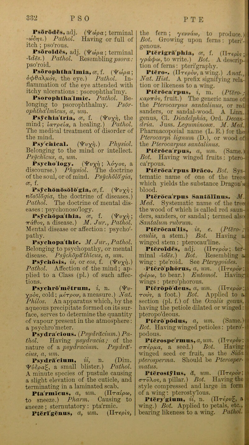 PsBrfirtCs, adj. {^(japa \ terminal -o)3rjs-) Pathol. Having or full of itch ; pso'rous. PsOroIdCs, adj. {'^lopa ; terminal -Ides.) Pathol. Resembling ^som ; pso'roid. PsAroplitha'lmln, ce, f. {'^wpa; 6(f)6nkp.oi, the eye.) Pathol. In- llamniation of the eye attended with itchy ulcerations : psorophtha'lmy. Psorophtlui'liiiic. Pathol. Be- longing to psorophthalmy, Psor- ophtha'lmlcus, a, uvh Psycliia'tria, ce, f. the mind; la'rpeia, a healing.) Pathol. The medical treatment of disorder of the mind. Psy'cliical. Physiol. Belonging to the mind or intellect. Psychlcus, a, um. Psychology, i'^vxv 'hoyo^, a discourse.) Physiol. The doctrine of the soul, or of mind. Psych5l6'gia, ce, f. Psyclittnfts015'gia, ce, f. ; nhsolSgia, the doctrine of diseases.) Pathol. The doctrine of mental dis- eases : psychonoso'logy. Psyclidpalliia, ce, f. (^vxh; 7T«0os, a disease.) M. Jur., Pathol. Mental disease or affection: psycho'- pathy. Psycliopa'tliic. M. Jur., Pathol. Belonging to psychopathy, or mental disease. PsychopSlthlcus, a, um. Psychosis, is, ov eos, f. {’^vx'].) Pathol. Affection of the mind; ap- plied to a Class (pi.) of such affec- tions. P.sychi'0'ni6trum, i, n. (^u- Xpos, cold; p.6Tpou, a measure.) xVat. Philos. An apparatus which, by the aqueous precipitate formed on its sur- face, serves to determine the quantity of vapour present in the atmosphere: a psychro'meter. Psydra'cious. {Psydrclcium.)Pa- thol. Having psydracia; of the nature of a psydraciam. Psydrdd- cius, a, um. PsydcjVcium, ii, n. (Dim. a small blister.) Pathol. A minute species of pustule causing a slight elevation of the cuticle, and terminating in a laminated scab. Pta'rmicus, a, um. {IlTaipu}, to sneeze.) Pharm. Causing to sneeze; sternutatory: pta'rmic. PtCrl'gCnus, a, um. (Hrepts, the fern ; yewuu), to produce. )| Jiot. Growing upon fenis : pteri'- r genous. Pterlgrft'phJa, ce, f. (ir-rc^ts; • ypd(f)w, to write.) Bot. A descrip- i tion of ferns; pteri'graphy. Ptgro-. (ITt-6/oov, a wing.) Anat.,i Nat. Hist. A prefix signifying rela- tion or likeness to a wing, PtCrOca'rpus, i, m. (Pt^ro-;,\ /capTTos, fruit.) The generic name oft i the Pterocarpus santalinus, or re<ih Sanders, or sandal-wood. A Linn.,] genus. Cl. Diadelphia, Ord. DecanAt dria. Juss. Leguminosce. M. Med. . Pharmacopceial name ^L. E.) for the < Pterocarpi lignum (D.), or wood of • the Pterocarpus santalinus. PtCrdca'rpu.s, a, um. (Same, Bot. Having winged fruits : ptero- ; ca'rpous. PtgrDca'rpus Driico. Bot. Sys-:, tematic name of one of the tree=a which yields the substance Dragon'sf,i blood. PtgrOca'rpns Santilliims. M., Med. Systematic name of the tree|£ the wood of which is called red saun-,i ders, Sanders, or sandal; termed also) I Santalum ruhrum. PtCrOcaii'lLs, is, e. {Pttro- caulis, a stem.) Bot. Having aia winged stem: pterocauline. ’ Ptei'oides, adj. (n-re/odz/; ter- minal -Ides.) Bot. Resembling aid wing: pte'roid. See Pterygoides. Ui ■Pterd'phOru.s, a, um. {YlTepov.^i 06jooj, to bear.) Entomol. Havingjt wings : ptero'phorous. ' PtCr6p5'deus, a, um. (Hxe/odj/;|» Tou's, a foot.) Bot. Applied to aj]f_ section (pi. f.) of the O.x^is genus, having the petiole dilated or winged pteropo'deous. PterO'pbdu.s, a, um. (Same.)ii Bot. Having winged petioles: ptero'- podous. i Ftgro.spe'rmns, a, um. (n-repdi/ ;|,|i airepfia, a seed.) Bot. Havingtiji winged seed or fruit, as the 8ida^ pterosperma. Should be Pterosper-fi matus. Pt6ro.styius, (X, um. [TlTepov: jji oruXos, a pillar.) Bot. Having the d style compressed and large in form « of a Aving: pterost/lous. i| PtCry'sium, ii, n. (H'repv^, a {I Aving.) Bot. Applied to ^tals, etc., bearing likeness to a wing. Pathol.