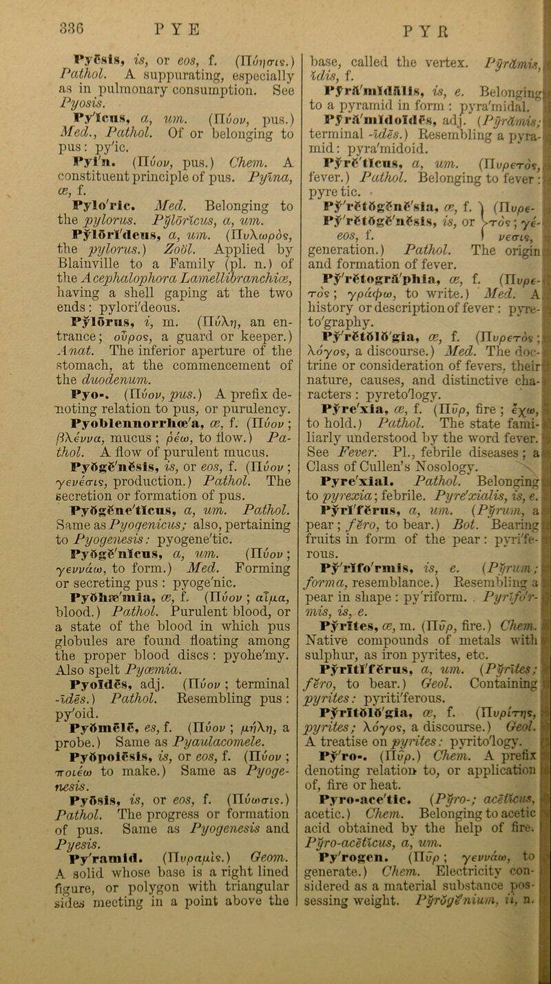 Pyfsls, is, or eos, f. (ITw^jo-is.) Pathol. A suppurating, especially as in pulmonary consumi)tioii. See Pyosis. Py'Icns, a, urn,. (Ylvov, pus.) Med., Pathol. Of or belonging to pus: py'ic. Pyl'n. {Tivov, pus.) Chem. A constituent principle of pus. Pylna, ce, f. Pylo'ric. Med. Belonging to the pylorus. P^lorlcus, a, um. PylOrl'rteu.s, a, um. {U.v\uip6^, the pylorus.) Zool. Applied by Blainville to a Family (pi. n.) of the Acephalophora Lamellibranchice, having a shell gaping at the two ends: pylori'deous. Pylorus, i, m. (IIuX.rj, an en- trance; ovpo^, a guard or keeper.) Anat. The inferior aperture of the stomach, at the commencement of the duodenum. Pyo-. {Hvov, pus.) A prefix de- noting relation to pus, or purulency. Pyoblennorrlifle'a, ce, f. (Ilvov ; ftXevva, mucus ; pew, to fiow.) Pa- thol. A flow of purulent mucus. PyOgfi'nfisis, is, or eos, f. (Ylvov ; yevecns, production.) Pathol. The secretion or formation of pus. PyOggue'tIcns, a, um. Pathol. ?)!mYQa.%Pyoqenicus; also, pertaining to Pyogenesis: pyogene'tic. PyftgS'nlcus, a, um. (Ilvov; yevvaw, to form.) Med. Forming or secreting pus : pyoge'nic. Pyftlias'mla, ce, f. (Ilvov ; alp.a, blood.) Pathol. Purulent blood, or a state of the blood in which pus globules are found floating among the proper blood discs: pyohe'my. Also spelt Pyaemia. PyoIdSs, adj. (ITuoi'; terminal -Ides.) Pathol. Resembling pus: py'oid. PyttmSlC, es, f. (Uvov ; p.vXt], a probe.) Same as Pyaulacomele. PyttpoiSsls, is, or eos, f. (Hvov ; ■noiew to make.) Same as Pyoge- nesis. Pyfisis, is, or eos, f. (TlutDcris.) Pathol. The progress or formation of pus. Same as Pyogenesis and Pyesis. Py'ramid. (nu/)rt/xls.) Oeom. A solid whose base is a right lined figure, or polygon with triangular si7ies meeting in a point above the base, called the vertex. Pyrdmis. K Idis, f. ' Pyrft'mldJllIs, is, e. Belongiugjf to a pyramid in form : pyra'inidal. Pyrft'niIdoIdPs, adj. (Pyrdmis;\\ terminal -Ides.) Resembling a pyra-i-^ mid: pyra'midoid. P.f rC'lIcns, a, um. (ITu/octov, ,’j fever.) Pathol. Belonging to fever :>£ pyre tic. • Py'rgtftgCng'slji, ce, f. i (llvpe- > Py'rCtftgC'nCsIs, is, or >Tos ; ye-i: eos, i. ) veens, o generation.) Pathol. The origini-n and formation of fever. Py'rgtogra'plila, ce, f. (Tli/pe-d To's; ypd<f)w, to write.) Med. k,': history or description of fever : p\Te- to'graphy. P^rfitttlft'gia, (E, f. (ITupe-ros ;;t» Xdyos, a discourse.) Med. The doc-» trine or consideration of fevers, theirB nature, causes, and distinctive cha-# racters: pyreto'logy. t Pyre'xia, ce, f. (IIup, fire ; exw, 5 to hold.) Pathol. The state fami-ji liarly understood by the word fever, p See Fever: PL, febrile diseases; a in Class of Cullen’s Nosology. Pyre'xlal. Pathol. Belonging to pyrexia; febrile. Pyrdxialis, is, e. S Pyrl'fgrus, a, um. (P^rum, ate pear; f^ro, to bear.) Bot. Bearing fa fruits in form of the pear: pvTi'fe- ir rous. ^ Pj^rifo’rmis, is, e. (Pyrum:}^ forma, resemblance.) Resembling a ■ pear in shape : py'riform. . Pyrlfu'r- ■ mis, is, e. E Pyrite.s, ce, m. (TIu/), fire.) Chem. ■ Native compounds of metals with® sulphur, as iron pyrites, etc. E Pyritl'fCrus, a, um. (Pprites; I fSro, to bear.) Geol. Containing I pyrites: pyriti'ferous. ■ Pyrltdl5'gia, ce, f. (Hvp'iTtts, pyrites; Xoyos, a, discovise.) Geol. A treatise on pyrites: pyrito'logy. Py'ro-. (Hvp.) Chem. A prefix denoting relation to, or application of, fire or heat. Pyro-ncc'tlc. (Ppro-; acHIciis, acetic.) Chem. Belonging to acetic acid obtained by the help of fire. Pyro-acetlcus, a, um. Py'rogen. (TTup; yewdw, to generate.) Chem. Electricity con- sidered as a m.aterial substance pos- sessing weight. PyrSg^nium, ii, n.
