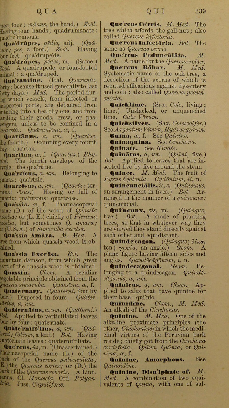 uor, four; mcXmis, tlie hand.) Zodl. laving four hands; quadrii'manate; luadru'manous. Qua'drupes, pMis, adj. {Qud- uor; pes, a foot.) Zool. Having oui’ feet: qua'drupe'de. Qua'drupes, pMes, m. (Same.) ^ooL A quadrupede, or four-footed inimal: a qua'druped. Qua'raufine. (Ital. Quaranta, brt y; because it used generally to last b'.ty days.) Med. The period dur- ng which vessels, from infected or inspected ports, are debarred from ‘ntering into a healthy one, and from anding their goods, crew, or pas- tengers, unless to be confined in a miretto. Qxidrantlna, ce, f. Qiiartaims, a, w-wi. {QuarUis, he fourth.) Occurring every fourth lay: qua'rtan. Quarfiua, tc, f. {Quartus.) Phy- rid. The fourth envelope of the )vule: the qua'rtine. Qua'rzicii.s, a, uvi. Belonging to juartz: qua'rtzic. Qnarzo.sns, a, {Qiuirtz; iev- ninal -os^is.) Having or full of juartz: qua'rtzous : quartzose. Qua's.sia, ce, f. Phannacopoeial lame (D.) of the wood of Quassia \xcelsa; or (L. E.) chiefly of Picrcena xtcelsa, but sometimes Q. amaraj >r (U.S.A.) of Simaruha excelsa. Qu<a'.ssia Amiira. M. Med. A ;ree from which quassia wood is ob- ained. 4na'ssia Exce'lsa. Bot. The nountain damson, from which great )art of the quassia wood is obtained. Qnas.si'n. Chem. A peculiar vegetable principle obtained from the ^^uassia simaruba. Quasslna, ce, f. duate'rnary. (Quaterni,ioviv'hY bur.) Disposed in fours. Qudter- larim, a, um. Qnilternatns, a, um. (Qudtemi.) ^ot. Applied to verticillated leaves our by four : quate'rnate. Qnate'rnlftt'lius, a, um. {QuU- emi;folium, a\QoX.) Bot. Having luaternate leaves : quatemifoliate. 4ne' rciis, “As, m. (Unascertained.) Pharmacopceial name (L.) of the ^ark of the Quercus pedunculata; E.)the Quercus cortex; or (D.) the iark of the Quercus roboris. A Linn. ;enus. Cl. Monoecia, Ord. Polyan- Iria. Juss. Cupuliferoc. Qiie'rcn.s Ce'rri.s. M. Med. The tree which affords the gall-nut; also called Quercus infectoria. Qne'rciis Infectoria. Bot. The same as Quercus cerris. dne'rcus Petlunculata. M. Med. A name for the Quercus robur. tine'rcus R01>nr. M. Aled. Systematic name of the oak tree, a decoction of the acorns of which is reputed efficacious against dysentery and colic; also called Quercuspedun- culata. Quicklime. (Sax. Cvic, living ; lime.) Unslacked, or unquenched lime. Calx Vlvum. tinicfesilver. (Sax. Cvicseolfer.) See A rgentum Vivuvi, llydrargynum. tlnina, ce, f. See Quinine. Rninaqnina. See Cinchona. Quinate. See Kinate. <|iilnatns, a, um. {Qulni, five.) Bot. Applied to leaves that are in- serted five by five around the stem. tluince. AI. Med. The fruit of Pyrus Cydonia. Cydonium, ii, n. Qnlnciincialis, is, e. (Quincunx, an arrangement in fives.) Bot. Ar- ranged in the manner of a quincunx: quincu'ncial. Riii'ucunx, cis, m. {Quincjue, five.) Bot. A mode of planting trees, so that in whatever way they are viewed they stand directly against each other and equidistant. Qiiinde'cagoii. {Quinque \ deua, ten; yaivia, an angle.) Geom. A plane figure having fifteen sides and angles. Quindec&gonum, i, n. <|nindeca'goual. Geom. Be- longing to a quindecagon. Quind^- cdgbnus, a, um. Rniniciis, a, um. Chem. Ap- plied to salts that have quinine for their base: qui'nic. <liiinidine. Chem., AI. Aled. An alkali of the Cinchonas. (luinlne. M. Med. One of the alkaline proximate principles (the other. Cinchonine) in which the medi- cinal virtues of the Peruvian bark reside; chiefly got from the Cinchona cordifolia. Qulna, Qulnia, or Qul- nlna, ce, f. (Ininine, Amorphous. See Quinoidine. Rulnine, Dlsn'lpliate of. Af. Aled. A combination of two eqiii- valents of Quina, with one of sul-