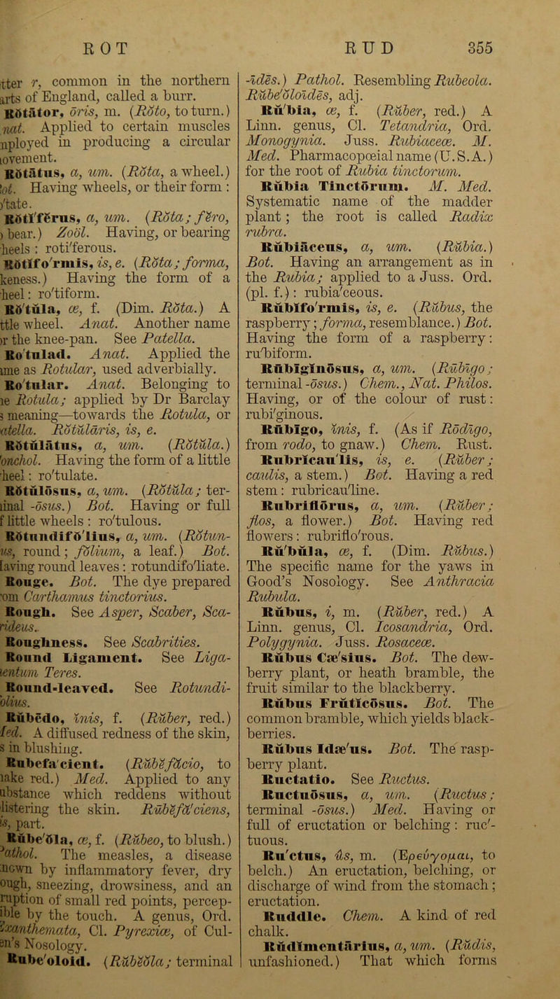 tter r, common in the northern arts of England, called a burr. BAtiitor, oris, m. {Rdto, to turn.) ,nat. Applied to certain muscles nployed in producing a circular Loveraeut. Bdtiltus, a, um. {Rota, awheel.) \ot. Having wheels, or their form : )'tate. Kfttl'fCrus, a, im. {Rota;fh'0, )bear.) Zool. Having, or bearing heels: roti'ferous. Bdtifo'rmis, is, e. {Rota; forma, keness.) Having the form of a heel: ro'tiform. Kd'tula, ce, f. (Dim. Rota.) A ttle wheel. Anat. Another name >r the knee-pan. See Patella. Bo'tnlad. Anc(,t. Applied the uue as Rotular, used adverbially. Ro'tnlar. Aiiat. Belonging to le Rotula; applied by Dr Barclay 3 meaning—towards the Rotula, or iitella. Rotiildris, is, e. Rdtulatns, a, um. {Rotula.) 'tmchol. Having the form of a little heel: ro'tulate. Rdtulosiis, a, um. {Rotula; ter- linal -osus.) Bot. Having or full f little wheels : ro'tulous. ROtniulifd'lius, a, um. {Rdtun- vs, round; folium, a leaf.) Bot. laving round leaves: rotundifo'liate. Rouge. Bot. The dye prepared •om Carthamus tinctorius. Rough. See As'per, Scaher, Sca- rideus. Roughness. See Scahrities. Round Ligament. See Liga- lentwm Tere^. _ Round-leayed. See Pi,otundi- olius. Rubedo, inis, f. {Ruber, red.) fed. A diffused redness of the skin, s in blushing. Rubefa'cient. {Ruh^fdcio, to lake red.) Med. Applied to any abstance which reddens without listering the skin. RvMfdJciens, w, part. Rhbe'dla, ce, f. {Rubeo, to blush.) ^athol. The measles, a disease ■iicwn by inflammatory fever, dry ough, sneezing, drowsiness, and an niption of small red points, percep- jble by the touch. A genus, Ord. ^^'-cantheniata. Cl. Pyrexice, of Cul- sn’s Nosology. Rube'oloid. {Pv^uMUla; terminal -Ides.) Pathol. Resembling R'lobe'ololdes, adj. Ru'bla, ce, f. {Ruber, red.) A Linn, genus, Cl. Tetandria, Ord. Monogynia. Juss. Rubiacece. M. Med. Pharmacopoeialname(U.S.A.) for the root of Rubia tinctorum. Rubia Tinctorum. M. Med. Systematic name of the madder plant; the root is called Radix rubra. Rubiacens, a, um. {Rubia.) Bot. Having an arrangement as in the Rubia; applied to a Juss. Ord. (pi. f.): rubia'ceous. Rubifo'rmiSy is, e. {Rubus, the raspberry; forma, resemblance.) Bot. Having the form of a raspberry: ruTiform. Rubiglnosiis, a, um. {Rublgo; terminal -osus.) Chem., Nat. Philos. Plaving, or of the colour of rust: rubiginous. Rubigo, inis, f. (As if Rodlgo, from rodo, to gnaw.) Chem. Rust. RiibrXcan'lis, is, e. {Ruber; caulis, a stem.) Bot. Having a red stem: rubricau'line. Riibriildrns, a, um. {Ruber; flos, a flower.) Bot. Having red flowers: rubriflo'rous. Ru'biila, ce, f. (Dim. R&bus.) The specific name for the yaws in Good’s Nosology. See Anthracia Pi,ubula. Rubus, i, m. {Ruber, red.) A Linn, genus. Cl. Icosandria, Ord. Polygynia. Juss. Rosacece. Rubus Cse'sius. Bot. The dew- berry plant, or heath bramble, the fruit similar to the blackberry. Rubns Fruticosns. Bot. The common bramble, which yields black- berries. Rubns Idic'us. Bot. The rasp- berry plant. Riictatio. See Ructus. RiictiiosnSy a, um. {Ructus; terminal -osus.) Med. Having or full of eructation or belching: ruc'- tuous. Rn'ctuSy Us, m. {EpevyogaL, to belch.) An eructation, belching, or discharge of wind from the stomach; eructation. Ruddle. Chem. A kind of red chalk. Rudimentarius, a, um. {R^dis, imfashioned.) That which forms