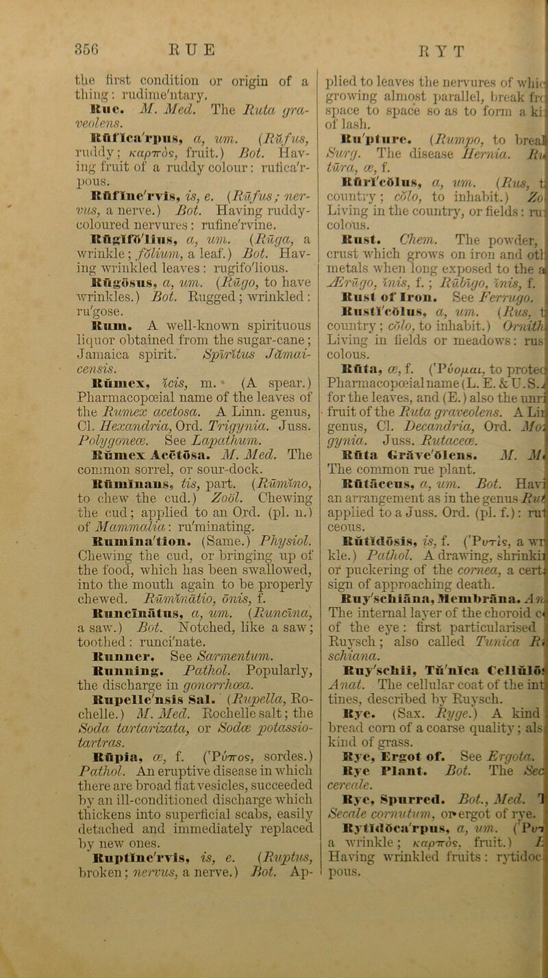 tUe first condition or origin of a tiling: rudinie'ntary. It lie. M. Med. The Ruta <jra- veolens. Itrit'IcaT'piiH, a, urn.. (RUfus, ruddy; Kctpiro^, fruit.) Rot. Hav- ing fruit of a ruddy colour: rufica'r- pous. Rftflne'rvis, is, e. (Rufus; ner- a nerve.) Rot. Having ruddy- coloured nervures: rufine'rvine. 1tfifflfr>ljiis, a, um. (Ruga, a wrinkle; folium, a leaf.) Rot. Hav- ing wrinkled leaves: rugifo'lious. ]tfig’o.sus, a, um. (Rugo, to have wrinkles.) Rot. Rugged ; wrinkled : ru'gose. Itum. A well-known spirituous licjuor obtained from the sugar-cane; Jamaica spirit. SplrittLS Jdmai- censis. Itilmcx, %eis, m. • (A spear.) Pharmacopoeial name of the leaves of the Rvmiex acetosa. A Linn, genus, Cl. Hexandria, Ord. Trigynia. Juss. Polygonece. See Lapathum. Itumex Acetosa. M. Med. The common sorrel, or soui’-dock. Ituminaus, tis, part. (Rumino, to chew the cud.) Zool. Chewing the cud; applied to an Ord. (pi. n.) oi Mammalia-, ru'minating. Rnmiiia'tion. (Same.) Physiol. Chewing the cud, or bringing up of the food, which has been swallowed, into the mouth again to be properly chewed. Rumindtio, dnis, f. RimciniUns, a, um. (Runclna, a saw.) Rot. Notched, like a saw; toothed: runci'nate. Riinuer. See Sa'nnentum. Rimujug'. Pathol. Popularly, the discharge in gonorrhoea. Rupelle'nsis Sal. (Rupella, Ro- chelle.) M.Med. Rochelle salt; the Soda tartaHzata, or Sodce p>otassio- tartras. Rfipia, ce, f. ('PuTTos, sordes.) Pathol. An eniptive disea se in which there are broad flat vesicles, succeeded by an ill-conditioned discharge which thickens into superficial scab.s, easily detached and immediately replaced by new ones. Rupllne'rvis, is, e. (Ruptus, broken; nervits, a nerve.) Rot. Ap- plied to leaves the nervures of whic growing almost parallel, break fn s])ace to sijac’e so as to form a ki of lash. Ru'piiirc. (Rumpo, to breal S^crg. The disease hernia. Ri tura, ce, f. Rrii'I'cOliis, a, um. (Rus, L country; cdlo, to inhabit.) Zo> Living in the country, or fields: in; colons. Rust. Chem. The powder, i cru.st Avhich grows on iron and otll metals when long exposed to the a| jErv.go, Inis, f.; Ruhlgo, Inis, f. , Rust ol‘Iron. Fem-ugo. ; Riistl'cAliis, a, um. (Rus, f| country; cdlo, to inhabit.) Oraith\ Living in fields or meadows: rus| colons. , Rtita, ce, f. (Vvofiai, to proted Phai-macopceialname(L. E. &U.S./ for the leaves, and (E.) also the unr: fruit of the Ruta graveolens. A Lii genus. Cl. Decandria, Ord. Mo\ gynia. Juss. Rutaceoe. Rfita Cirare'OIeus. M. The common rue plant. Rutaceus, «, um. Rot. Haw an arrangement as in the genus Rin applied to a Juss. Ord. (pi. f.): ml ceous. I Ruti(lu.sis, is, f. ('Pu-rts, a wr kle.) Pathol. A drawing, shrinkii or puckering of the comiea, a cert sign of approaching death. Ruy'scliiaua, Itlenibrana. An The internal layer of the choroid c of the eye: first particularised : Ruysch; also called Tunica Ri schiana. Ruy'scliii, Tu'nioa Cellulo! Anat. The cellular coat of the inf tines, described by Ruysch. Rye. (Sax. Ryge.) A kind bread corn of a coarse quality; als kind of grass. Rye, Ergot of. See Ergota. Rye Plant. Rot. The Sec cereale. Rye, Spurred. Rot., Med. 1 Seeale camvtvm, on ergot of rye. RytldAca'rpiis, a, um. (’PaT a wrinkle; Kap-wo^. fniit.) R Having wrinkled fruits: rjlidoc pons.