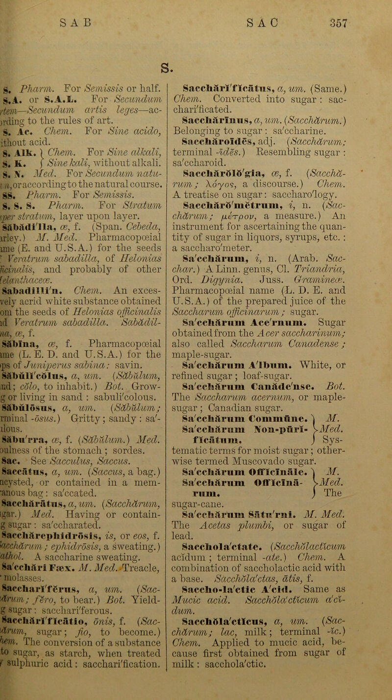 s. S, Pham. For Semissis or half. S.A. or !$.A.L. For Secitndum Hem—Secundum artis leges—ac- )i-diug to the rules of art. S. Ac. Chem. For Sine acido, itliout acid. S. Aik.) Chem. For ySme alkali, S, K. f Sine kali, Avithout alkali. S. N. ^fed. Yox Secundum natu- ! or according to the natural course. SS. Pham. For Semissis. S. S. S. Pham. For Stratum '.per stratum, layer upou layer. SAbildi'lla, ce, f. (Span. Geheda, irley.) 21. 2Ied. Pharmacopoeial inie'(E. and U.S.A.) for the seeds ■ Veratrum sabadilla, of Helonias Hcincdis, and probably of other klanthctcece. Sabndilli'n. Chem. An exces- vely acrid white substance obtained oni the seeds of Helonias officinalis ul Veratf'um sabadilla. Sabddil- na, ce, f. Silbina, ce, f. Pharmacopoeial line (L. E. D. and U.S.A.) for the tps of Junijoerus sabina: savin. Sftbull'cblns, a, urn. {Sdbulum, ,ud; colo, to inhabit.) Bot. Grow- g or living in sand : sabuli'colous. Silbulosns, a, um. {Sdbulum; miiual -osus.) Gritty; sandy : sa'- ilous. Salbii'rra, ce, f. {SdbTdum.) 2Ied. oulness of the stomach ; sordes. Sac. See Sacc^dus, Saccus. Saccatns, a, um. {Saccus, a bag.) ncysted, or contained in a mem- •anous bag: sa'ccated. Sacclisli'fitiiis, a, um. {Sacchdrum, igar.j Med. Having or contain- g sugar: sa'ccharated. Sacchslrepliidrbsis, is, or eos, f. kuxhtLrum; ephidrosis, a SAveating.) athol. A saccharine SAveating. Sa'cchftri Faex. 21. il/ec?. -Treacle, ' molasses. Saccharl'fgrus, a, um. {Sac- drum; f^ro, to bear.) Bot. Yield- g sugar; sacchari'ferous. Haccliilrl'flcsltio, onis, f. {Sac- dnm, sugar; Jio, to become.) The conversion of a substance to sugar, as starch, when treated t sulphiu'ic acid: sacchari'fication. Sacclijlrl'flcsTtiis, a, um. (Same.) Chem. Converted into sugar : sac- chari'ficated. Saccliitriniis,a, um. {Sacchdnim.) Belonging to sugar : sa'ccharine. Saccliiiroides, adj. {Sacchdrum; terminal -Ides.) Kesembling sugar : sa'ccharoid. Sacclulrbltt'gia, ce, f. {Sacchd- rum; /\oyo5, a discourse.) Chem. A treatise on sugar: saccharo'logy. Sacclistrft'metrum, i, n. {Sac- chdrum; /X6TPOV, a measure.) An instrument for ascertaming the quan- tity of sugar in liquors, syrups, etc.: a saccharo'meter. Sa'ccliilriim, i, n. (Arab. Sccc- char.) A Linn, genus. Cl. Triandria, Ord. Digynia. Juss. Graminece. Pharmacopceial name (L. D. E. and U.S.A.) of the prepared juice of the Saccharum officinarum; sugar. Sa'ccliilriim Ace'riium. Sugar obtained from the Acer saccharinum; also called Saxchccrum Canadense ; maple-sugar. Sa'ccUiiriim A'lbum. White, or refined sugar; loaf-sugar. Sa'ccliftriim Canftde'nse. Bot. The Saccharum acernum, or maple- sugar ; Canadian sugar. Sa'cclislrum Commfme. ) 2f. Sa'cclidriun Non-pfiri- K^Ied. flcatiim. j Sys- tematic terms for moist sugar; other- Avise termed Muscovado sugar. Sa'ccliilrum Officinale, 'l M. Sa'ccliilrum Officina- K2Ied. rum. j The sugar-cane. Sa'ccliftriim SlUn'rni. M. Med. The Acetas plumbi, or sugar of lead. Saccliola'ctate. {Saccholactlcum acidum ; terminal -cde.) Chem. A combination of saccholactic acid Avith a base. Sacchola'ctas, dtis, f. Saccho-la'ctic A'cid. Same as Alucic acid. SacchdlcCcticum a!cv- dum. Saccliftla'cticus, a, um. {Sac- chdrum; lac, milk; terminal -%c.) Chem. Applied to mucic acid, be- cause first obtained from sugar of milk: sacchola'ctic.