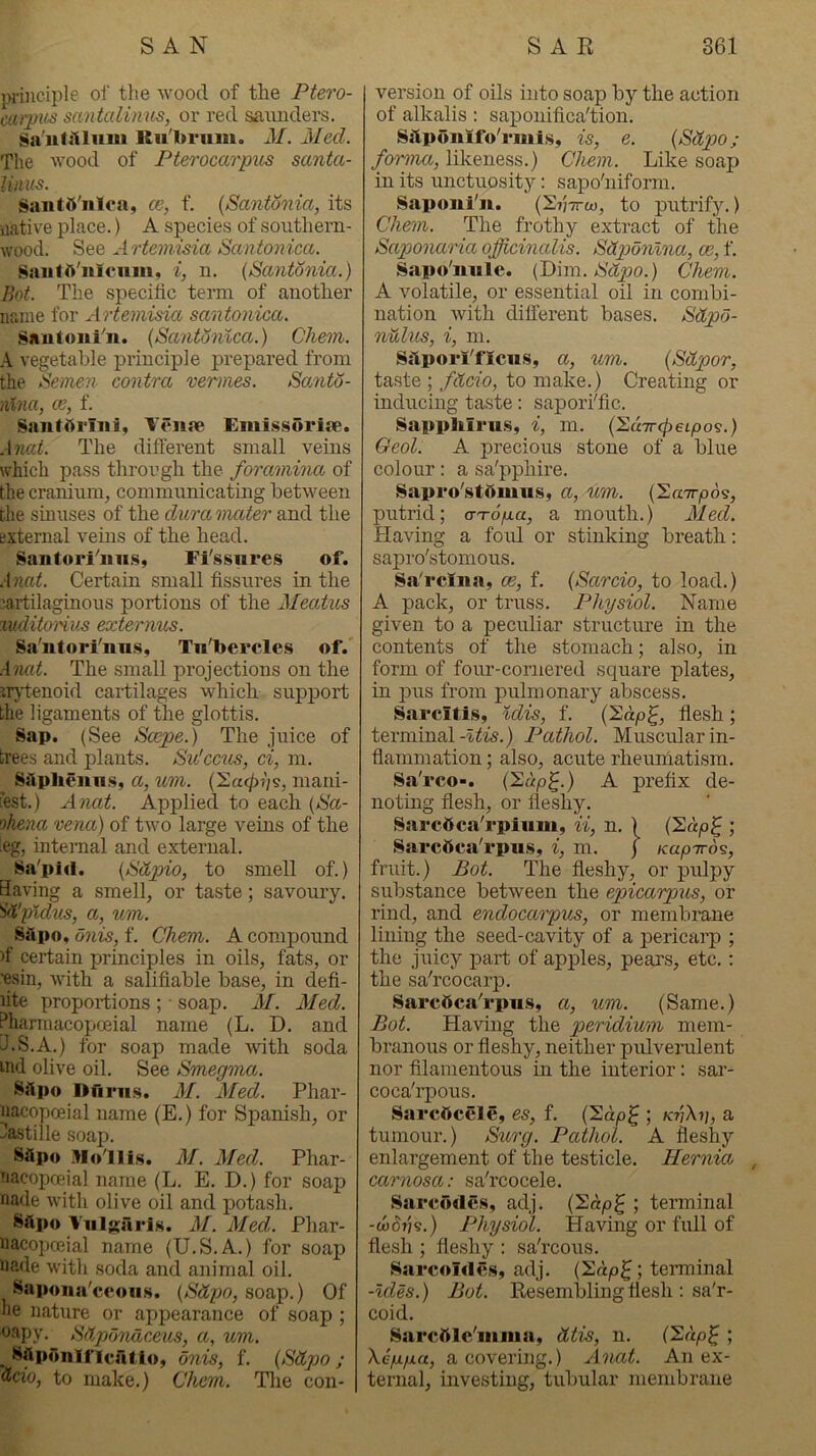 principle of tlie wood of the Ptero- cuipiis santalinus, or red aaunders. Sa'iitilliiiu Ku'briim. M. Med. The wood of Pterocarpus santa- limts. Saiitd'nlca, ce, f. {Santonia, its native place.) A species of southern- wood. See Artemisia Santonica. Saiifft'nIcHm, i, ii. (Santonia.) Bot. Th.e specific term of another name for Artemisia santonica. Sauloui'ii. (Santomca.) Chem. A vegetable principle prepared from the Semen contra vermes. Santo- nlna, ce, f. Sanfi^i'Tiii, Venae Emissoriae. Anat. The diflerent small veins which pass through the foramina of the cranium, communicating between the sinuses of the dura nutter and the external veins of the head. Sanfori^nii.Sy Fi'ssnres of. .\nat. Certain small fissures in the cartilaginous portions of the Meatus %uditoHus externus. Sa'ntori'nns, Tn'bercles of. Armt. The small projections on the mdenoid cartilages which support the ligaments of the glottis. Sap. (See Scepe.) The juice of trees and plants. Stc'cctis, ei, m. Sslplienn.s, a, um. (2a<^?/§, mani- :est.) A nat. Applied to each (Sa- ohena vena) of two large veins of the ^eg, internal and external. Sa'pid. (Sdpio, to smell of.) Having a smell, or taste; savoury. 'vtpidus, a, um. Silpo, onis, f. Chem. A compound )f certain principles in oils, fats, or ’esin, with a salifiable base, in defi- lite proportions ; • soap. M. Med. Pharmacopfjeial name (L. D. and il.S.A.) for soap made with soda md olive oil. See Smegma. Sapo Dfiriis. M. Med. Phar- iiacopceial name (E.) for Spanish, or Pastille soap. SSpo MoTlis. M. Med. Phar- ?iacopoeial name (L. E. D.) for soap nade with olive oil and potash. Sftpo Viilgai'is. M. Med. Phar- naco])oeial name (U.S.A.) for soap nade with soda and animal oil. Supoiia'ceous. (Sttpo, maj).) Of he nature or appearance of soap ; napy. Sdponaceus, a, um. ^ ^ftponlf Icatlo, onis, f. (Sdpo ; d-do, to make.) Chem. The con- version of oils into soap by the action of alkalis : saponifica'tion. Sslponifo'rmi.s, is, e. (Sdpo; forma, likeness.) Chem. Like soap in its unctuosity: sapo'niform. 8aponi'n. {^vttco, to putrify.) Chem. The frothy extract of the Sapo7iaria officinalis. Sdponlna, ce, f. Sapo'nule. (Dim. >S'^y?o.) Chem. A volatile, or essential oil in combi- nation with dilferent bases. Sdpo- niUus, i, m. Sitporfficiis, a, um. (Sapor, taste ; fdcio, to make.) Creating or inducing taste: sapori'fic. SappMrus, i, m. (Euirtpetpo^.) Geol. A precious stone of a blue colour: a sa'pphire. Sapro'stdmus, a, um. (llairpo^, putrid; axopta, a mouth.) Med. Plaving a foul or stinking breath: sapro'stomous. 8a'i‘cliia, os, f. (Sarcio, to load.) A pack, or truss. Physiol. Name given to a peculiar structure in the contents of the stomach; also, in form of four-cornered square plates, in pus from pulmonary abscess. Sarcitl.%, idis, f. C^ap^, flesh; terminal-i^w.) Pathol. Muscular in- flammation ; also, acute rheurnatism. Sa'rco-. (hup^.) A prefix de- noting flesh, or fleshy. Sarcfica'rpium, ii, n. 1 (2«|0^ ; Sarcftca'i'piis, i, m. ) /capTrds, fruit.) Bot. The fleshy, or pulpy substance between the epicarpus, or rind, and endocarpus, or membrane lining the seed-cavity of a pericarp ; the juicy part of apples, pear’s, etc.: the sa'rcocarp. SarcftcaT'piis, a, um. (Same.) Bot. Having the peridium mem- branous or fleshy, neither pulverulent nor filamentous in the interior: sar- coca'rpous. Sarcftcele, es, f. ; k7]Xi], a tumour.) Surg. Pathol. A fleshy enlargement of the testicle. Hernia carnosa: sa'rcocele. Sarcodes, adj. ; terminal -coMi<3.) Physiol. Having or full of flesh ; fleshy : sa'rcous. Sarcoides, adj. ('2.ap^ \ terminal -Ides.) Bot. Resembling flesh : sa'r- coid. SarcMc'iiima, dtis, n. ; Xcpifiu, a covering.) Anat. An ex- ternal, investing, tubular membrane