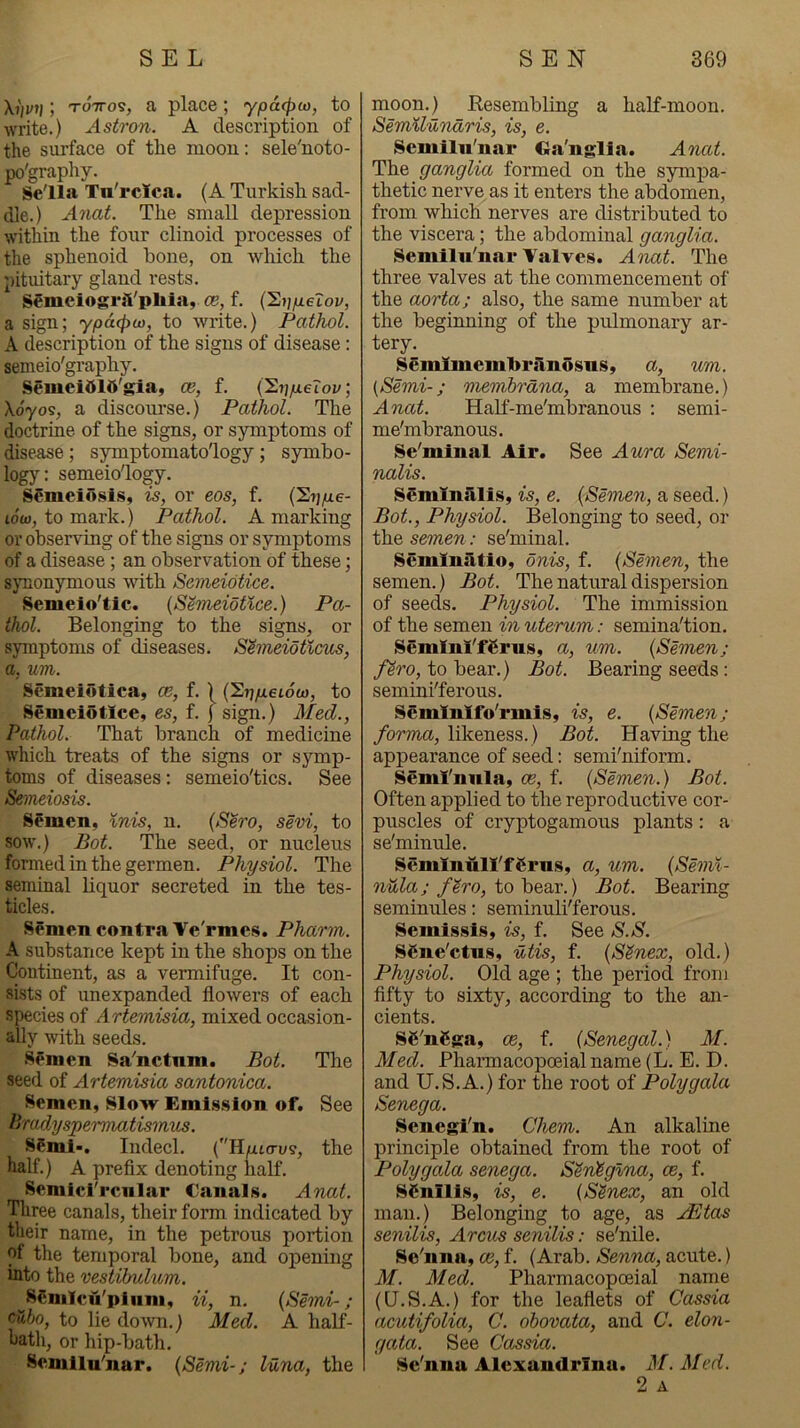Xi)vti; T07T0S, a place ; ypd(f)U}, to write.) Astron. A description of the surface of the moon: sele'noto- po'grapliy. Sella Tn'rclca. (A Turkish sad- dle.) A7iat. The small depression within the four clinoid processes of the sphenoid hone, on wliich the 2)ituitary gland rests. S€meiogrjVpl»ia, cb, f. (Sjj/ietoi/, a sign; ypdcjia}, to write.) Pathol. A description of the signs of disease; semeio'graphy. Semeidld'gia, ce, f. (Eijp.eTov; Xoyos, a discourse.) Pathol. The doctrine of the signs, or symptoms of disease ; symptomatology; symho- logy: semeio'logy. Semeidsis, is, or eos, f. i6(o, to mark.) Pathol. A marking or observing of the signs or symptoms of a disease; an observation of these; synonymous with Semeiotice. Semeio'tic. (Stmeidtlce.) Pa- thol. Belonging to the signs, or syiuptoms of diseases. S^meidtlcus, a, um. Semelotica, ce, f. ) (Si-ipLeLoco, to Semeiotice, es, f. j sign.) Med., Pathol. That branch of medicine which treats of the signs or symp- toms of diseases; semeio'tics. See Semeiosis. Semen, Knis, u. (Sero, sevi, to sow.) Bot. The seed, or nucleus formed in the germen. Physiol. The seminal liquor secreted in the tes- ticles. Semen contra Ve'rmes. Pharm. A substance kept in the shops on the Continent, as a vermifuge. It con- sists of unexpanded flowers of each species of Artemisia, mixed occasion- ally with seeds. SPmen Sa‘'nctnm. Bot. The seed of Artemisia santonica. Semen, Slow Emission of. See Brady spermatismus. SSml*. Indecl. (H/xto-u?, the half.) A prefix denoting half. Semlcl'rcnlar Canals. Anat. Three canals, their form indicated by their name, in the petrous portion of the temporal bone, and opening into the vestibulum. SSnilcu'pliini, ii, n. {Beini-; ^Mn, to lie down.) Med. A half- hath, or hip-bath. Semllu'nar. {Semi-; liina, the moon.) Eesembling a half-moon. SemUundris, is, e. Semilu'nar Ga'nglla. Anat. The ganglia formed on the sympa- thetic nerve as it enters the abdomen, from which nerves are distributed to the viscera; the abdominal ganglia. Semilu'nar Valves. Anat. The three valves at the commencement of the aorta; also, the same number at the beginning of the pulmonary ar- tery. SemXmembrsinosns, a, um. [Semi-; membrdna, a membrane.) Anat. Half-me'mbranous ; semi- me'mbranous. Se'minal Air. See Aura Semi- ualis. Seminalis, is, e. {Semen, a seed.) Bot., Physiol. Belonging to seed, or the semen: se'minal. Seminiltio, onis, f. {Semen, the semen.) Bot. The natural dispersion of seeds. Physiol. The immission of the semen m uterum: semina'tion. SemlnI'fSrus, a, um. {Semen; f^ro, to bear.) Bot. Bearing seeds: semiui'ferous. Semlnifo'rmis, is, e. {Semen; forma, likeness.) Bot. Having the appearance of seed: semi'niform. Seml'nnla, oe, f, {Semen.) Bot. Often applied to the reproductive cor- puscles of cryptogamous plants: a se'minule. Senilnull'fSrns, a, um. {SeonK- witZa;/?ro, to bear.) Bot. Bearing seminules: seminuli'ferous. Semissis, is, f. See S.S. SCne'ctns, utis, f. {S^nex, old.) Physiol. Old age ; the period from fifty to sixty, according to the an- cients. S6'n6ga, ce, f. (Senegal.) M. Med. Pharmacopceial name (L. E. D. and U.S.A.) for the root of Polygala Senega. Senegi'n. Chem. An alkaline principle obtained from the root of Poly gala senega. SenSglna, ce, f. Si^nilis, is, e. {S^nex, an old man.) Belonging to age, as AEtas senilis. Arcus senilis: se'nile. Se'nnn, oe, f, (Arab. Senna, acute.) M. Med. Pharmacopoeial name (Q.S.A.) for the leaflets of Cassia acutifolia, C. ohovata, and C. elon- gata. See Cassia. Sc'nna Alexaudrlna. M. Med. 2 A