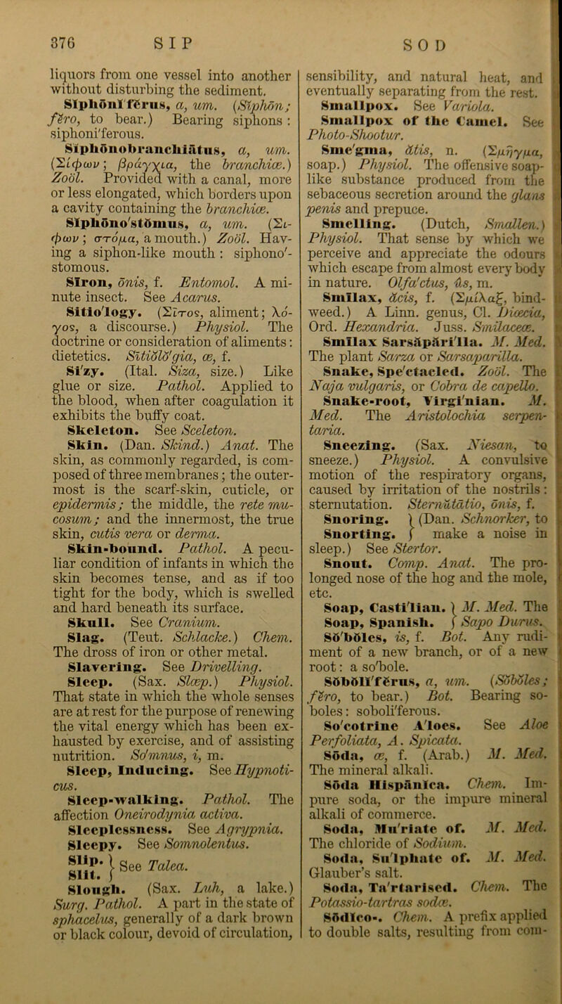 liquors from one vessel into another without disturbing the sediment. SIplidnl'fSriiM, a, um. {Siphon; f^ro, to bear.) Bearing siphons : siphoni'ferous. Slplionobi-ancliilUns, a, um. CE'Lfpwv; (ipay'^na, the branchiae.) Zobl. Provided with a canal, more or less elongated, which borders upon a cavity containing the branchiae. Slpliuno'stdmus, a, um. (Si- f()U)v ; (TTo/xa, a mouth.) Zobl. Hav- ing a siphon-like mouth : siphono'- stomous. SIron, bnis, f. Entomol, A mi- nute insect. See Acarus. Sitlo'logy. (SItos, aliment; \6- yos, a discourse.) Physiol. The doctrine or consideration of aliments; cbetetics. Sltiblb'gia, ce, f. Si'zy. (Ital. Siza, size.) Like glue or size. Pathol. Applied to the blood, when after coagulation it exhibits the huffy coat. Skeleton. See Sceleton. Skin. (Dan. Skind.) Anat. The skin, as commonly regarded, is com- posed of three membranes; the outer- most is the scarf-skin, cuticle, or epidermis; the middle, the rete mu- cosum; and the innermost, the true skin, cmtis vera or derma. Skin*boun«l. Pathol. A pecu- liar condition of infants in which the skin becomes tense, and as if too tight for the body, which is swelled and hard beneath its surface. Sknll. See Cranium. Slag. (Teut. Schlock^.) Chem. The dross of iron or other metal. Slavering. See Drivelling. Sleep. (Sax. Sl(xp.) Physiol. That state in which the whole senses are at rest for the purpose of renewing the vital energy which has been ex- hausted by exercise, and of assisting nutrition. So'mnus, i, m. Sleep, Inducing, Ilypnoti- cus. Sleep-walking. Pathol. The affection Oneirodynia, activa. Sleeplessness. See Agrypnia. Sleepy. See Somnolentus. siir} Sloiigli. (Sax. Luh, a lake.) Surg. Pathol. A part in the state of sphacelus, generally of a dark brown or black colour, devoid of circulation. sensibility, and natural heat, and eventually separating from the rest. Smallpox. See Variola. Smallpox of the Camel. See Photo-Shootur. Sme'gma, dtis, n. (S/xi^y/xa, soap.) Physiol. The offensive soap- like substance produced from the sebaceous secretion around the glam penis and prepuce. Smelling. (Dutch, Sniallen.) Physiol. That sense by which we perceive and appreciate the odours which escape from almost everybody in nature. Olfa'ctus, Us, m. Smllax, dcis, f. (2/xtXa^, bind- weed.) A Linn, genus. Cl. Dioecia, Ord. Hexandria. Juss. Smiloaceoe. Smllax Sar.siiphri'lla. M. Med. The plant Sarza or Sarsaparilla. Snake, Spe'ctacled. Zobl. Tlie Naja vulgaris, or Cobra de capeUo. Snake-root, Virgi'nlan. M. Med. The Aristolochia seipen- taria. Sneezing. (Sax. Niesan, to sneeze.) Physiol. A convulsive motion of the respiratory organs, caused by irritation of the nostrils : sternutation. Sternutdtio, bnis, f. Snoring. ) (Dan. Schnorker, to Snorting. ) make a noise in sleep.) See (Sartor. Snout. Comp. Anat. The pro- longed nose of the hog and the mole, etc. Soap, Castilian. 1 M. Med. The Soap, Spanish. ) Sapo Durus. Sd'bOles, is, f. Bot. Any rudi- ment of a new branch, or of a new root; a soT)ole. SObttll'fCrus, a, um. (Sbbbles; firo, to bear.) Bot. Bearing so- boles: soboli'ferous. So'cotrine Aloes. See Aloe Perfoliata, A. Spicata. Soda, ce, f. (Arab.) M. Med. The mineral alkali. Soda llispanlea. Cham. Im- pure soda, or the impure mineral alkali of commerce. Soda, IWu'rlate of. The chloride of Sodium. Soda, Sulphate of. Glauber’s salt. Soda, Ta'rtarised. Chem. The Potassio-tartras sodce. SAdleo-. Chem. A prefix applie<l to double salts, resulting from coju- M. Med. V M. Med.