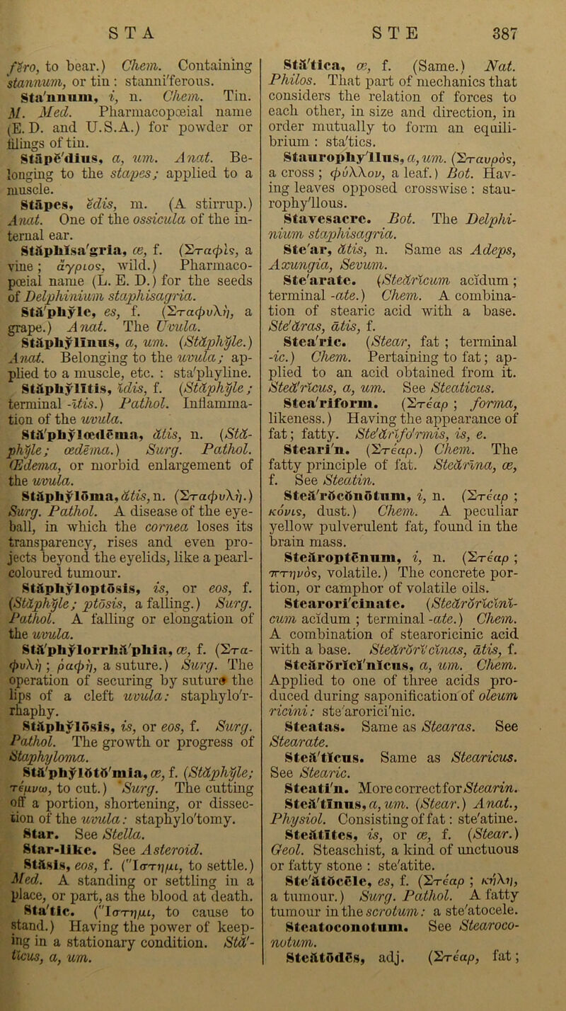 f^ro, to bear.) Chein. Containing stannum, or tin : stanniferous. Sta'unnm, i, n. Cliein. Tin. M. Med. Pharinacop3ial name (E. D. and U.S.A.) for powder or tilings of tin. StflpC'dius, a, urn. Anat. Be- longing to the stapes; applied to a muscle. gtiipesy Mis, m. (A stirrup.) Aiuit. One of the ossicula of the in- ternal ear. Stitplil.sa'gria, ce, f. (S-rac^l?, a vine; aypioi, wild.) Pharinaco- poeial name (L. E. D.) for the seeds of Delphinium staphisagria. Stsl'pliyle, es, f. CETaipvXi], a grape.) Anat. The Uvula. Ststphylinns, a, um. (Stdph^le.) Anat. Belonging to the uvula; ap- plied to a muscle, etc. : sta'phyline. Stapliylitls, %dis, f. {Stdphyle ; terminal -Uis.) Pathol. Intiamma- tion of the uvula. Stli'pliylocdeiua, dlis, n. {Std- ph^le; oedema.) Swrg. Pathol. (Edema, or morbid enlargement of the uvula. Staphyloma,n. (STacpvXij.) Surg. Pathol. A disease of the eye- ball, in which the cornea loses its transparency, rises and even pro- jects beyond the eyelids, like a pearl- coloured tumour. Staphyloptosis, is, or eos, f, {Stdphyle; ptosis, a falling.) Surg. Pathol. A falling or elongation of the uvula. Stil'phylorrhit'phia, m, f. (2ra- (}>vX{]; pa(f)i], a suture.) Surg. The operation of securing by suture the lips of a cleft uvula: staphylo'r- rhaphy, Stiiphylosis, is, or eos, f. Surg. Pathol. The growth or progress of Staphyloma. Stti'phyldtS'mla, ce, f. {Stdphyle; reuvct), to cut.) Surg. The cutting oflF a portion, shortening, or dissec- tion of the uvula: staphylo'tomy. Star. See Stella. Star-like. See Asteroid. Stasis, eos, f. (lo-Tjj/ii, to settle.) Med. A standing or settling in a place, or part, as the blood at death. Sta'tic. (l(TTy]p.L, to cause to stand.) Having the power of keep- ing in a stationary condition. Std'- tlcus, a, um. Sta'tica, ce, f. (Same.) Nat. Philos. That part of mechanics that considers the relation of forces to each other, in size and direction, in order mutually to form an equili- brium : sta'tics. Staiirophylliis, a, um. (E-ravpa^, a cross ; cpvWov, a leaf.) Bot. Hav- ing leaves opposed crosswise: stau- rophy'llous. Stavesacrc. Bot. The Delphi- nium staphisagria. Ste'ar, dtis, n. Same as Adeps, Axungia, Sevum. Ste'arate. {Stedrlcum acidum; terminal -ate.) Chem. A combina- tion of stearic acid with a base. Stddras, atis, f. Stea'ric. {Stear, fat ; terminal -ic.) Chem. Pertaining to fat; ap- plied to an acid obtained from it. Stedlricus, a, um. See Steaticus. Stea'riform. (Erreap ; forma, likeness.) Having the appearance of fat; fatty. Ste'drlfo'rmis, is, e. Steari'n. (ETeap.) Chem. The fatty principle of fat. Stcdrlna, ce, f. See Steatin. StesVrbcSiiotnm, i, n, (Ereap ; KovLs, dust.) Chem. A peculiar yellow pulverulent fat, found in the brain mass. Steiiroptenum, i, n. {Eaeap; 7n-?jyds, volatile.) The concrete por- tion, or camphor of volatile oils. Stearori'cinate. {Stedrorlclni- cum acidum ; terminal -ate.) Chem. A combination of stearoricinic acid with a base. Stedrorl'cino^, dtis, f. Stcftrftrlci'nlciis, a, um. Chem. Applied to one of three acids pro- duced during saponification of oleum ricini: ste’arorici'nic. Steatas. Same as Stearas. See Stearate. StesVtlcus. Same as Stearicus. See Stearic. Steati'u. More correct for Stca'tinns,«,Mm. {Stear.) Anal., Physiol. Consistingof fat: ste'atine. Steittitc.s, is, or ce, f. (Stear.) Geol. Steaschist, a kind of unctuous or fatty stone : ste'atite. Ste'fttftcele, es, f. (S-rea/o ; kv\v, a tumour.) Surg. Pathol. A fatty tumour in the scro^M??i.- a ste'atocele. Stcatoconotum. See Stearoco- notum. StcfttOdSs, adj. (Ereap, fat;