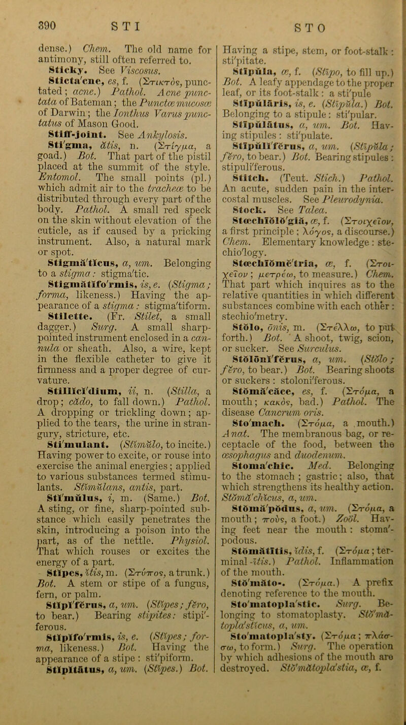 I dense.) Chem. The old name for antimony, still often referred to. Sticky. See Viscosus. Stlcta'cnc, es, f. punc- tated; acne.) Pathol. Acne punc- tata of Bateman; the Punctceniucoscn of Darwin; i\\Q lonthus Varuspunc- tatus of Mason Good. StiiT-Joiut. See Ankylosis. Sti'gniny atis, n. (STty/xa, a goad.) Bot. That part of the pistil placed at the summit of the style. Entomol. The small points (pi.) which admit air to the trachece to be distributed through every part of the body. Pathol. A small red speck on the skin without elevation of the cuticle, as if caused by a pricking instrument. Also, a natural mark or spot. StigmiVticn.s, a, um. Belonging to a stigma: stigma'tic. Stigmittlfo'rmls, is,e. {Stigma; forma, likeness.) Having the ap- pearance of a stigma: stigma'tiform. Stilette. (Fr. Stilet, a small dagger.) Sicrg. A small sharp- pointed instrument enclosed in a can- nula or sheath. Also, a wire, kept in the flexible catheter to give it firmness and a proper degree of cur- vature. Stilllcl'dinm, ii, n. {Stilla, a drop; cUdo, to fall down.) Pathol. A dropping or trickling down; ap- plied to the tears, the urine in stran- gury, stricture, etc. Sti'mulant. (Stimulo, to incite.) Having power to excite, or rouse into exercise the animal energies; applied to various substances termed stimu- lants. Stimulans, antis, part. Stl'muliis, i, m. (Same.) Bot. A sting, or fine, sharp-pointed sub- stance which easily penetrates the skin, introducing a poison into the part, as of the nettle. Physiol. That which rouses or excites the energy of a part. Stipes, Uis, m. (Stuttos, a trunk.) Bot. A stem or stipe of a fungus, fern, or palm. StIpI'fCru.s, a, um. (Stipes; f?ro, to bear.) Bearing stipites: stipi'- ferous. Stlplfo'rmls, Is, e. (Stipes; for- ma, likene.ss.) Bot. Haying the appearance of a stipe ; sti'piform. Stipitfitus, a, (Stipes.) Bot. Having a stipe, stem, or foot-stalk ; sti'pitate. Stipula, cn, f. (Stlpo, to fill up.) Bot. A leafy appendage to the proper leaf, or its foot-stalk : a sti'pule SfipulArls, t'j;, e. (Stipula.) Bot. . Belonging to a stipule: sti'pular. Slipuliitiis, a, um. Bot. Hav- : ing stipules: sti'pulate. Stlpull'fi^riis, a, um. (Stipula; /^ro, to bear.) Bot. Bearing stipules : stipuli'ferous. Stitcli. (Teut. Stick.) Pathol. An acute, sudden pain in the inter- ; co.stal muscles. See Pleurodynia. Stock. See Talea. Stoecliir>10's;iA, oe, f. ('S.tolx'Aov, ( a first principle; Xoyos, a discotirse.) > Chem. Elementary knowdedge : ste- 2 chiofiogy. Stcecliidmg'tria, oe, f. (Sroi- ^ XeTou; jaerpeco, to measure.) Chem,. i That part which inquires as to the I relative quantities in which diflTerent substances combine Avith each other: stechio'metry. StOlo, onis, m. (S-reXXo), to put forth.) Bot. ' A shoot, tAvig, scion, or sucker. See Surmdus. StOlonl'fSriis, a, um. (StSlo; /ero, to bear.) Bot. Bearing shoots or suckers: stoloni'ferous. StSmjVcjlce, es, f. ('Erop.a, a mouth; kukos, bad.) Pathol. The disease Cancrum oris. Sto''niack. ('Srop.a, a mouth.) i A nod. The membranous bag, or re- ' ceptacle of the food, betAveen the 1 oesophagus and duodenum. | Stonia'chic. Med. Belonging to the stomach ; gastric; also, that Avhich strengthens its healthy action. Stomd'chicus, a, um,. ' StOiii:VpO<lns. a, um. C^ofxa, a j mouth; TToiis, a foot.) ZoSl. Hav- | ing feet near the mouth : stoma'- I podous. I StoiiiiUitis, idis, f. CEroya; ter- i minal-i<2^.) Pathol. Inflammation | of the mouth. Std'msllo*. CSToya.) A prefix ! denoting reference to the mouth. Sto'nintopla'stic. Surg. Be- \ longing to stomatoplasty. SWmd- \ topla'sticus, a, um. sto'iiintopia'sly. CEroya] vXaa-- i 0-0), to form.) Surg. The operation by Avhich adhesions of the mouth are destroyed. Std'mtttopla'stia, a;, f.
