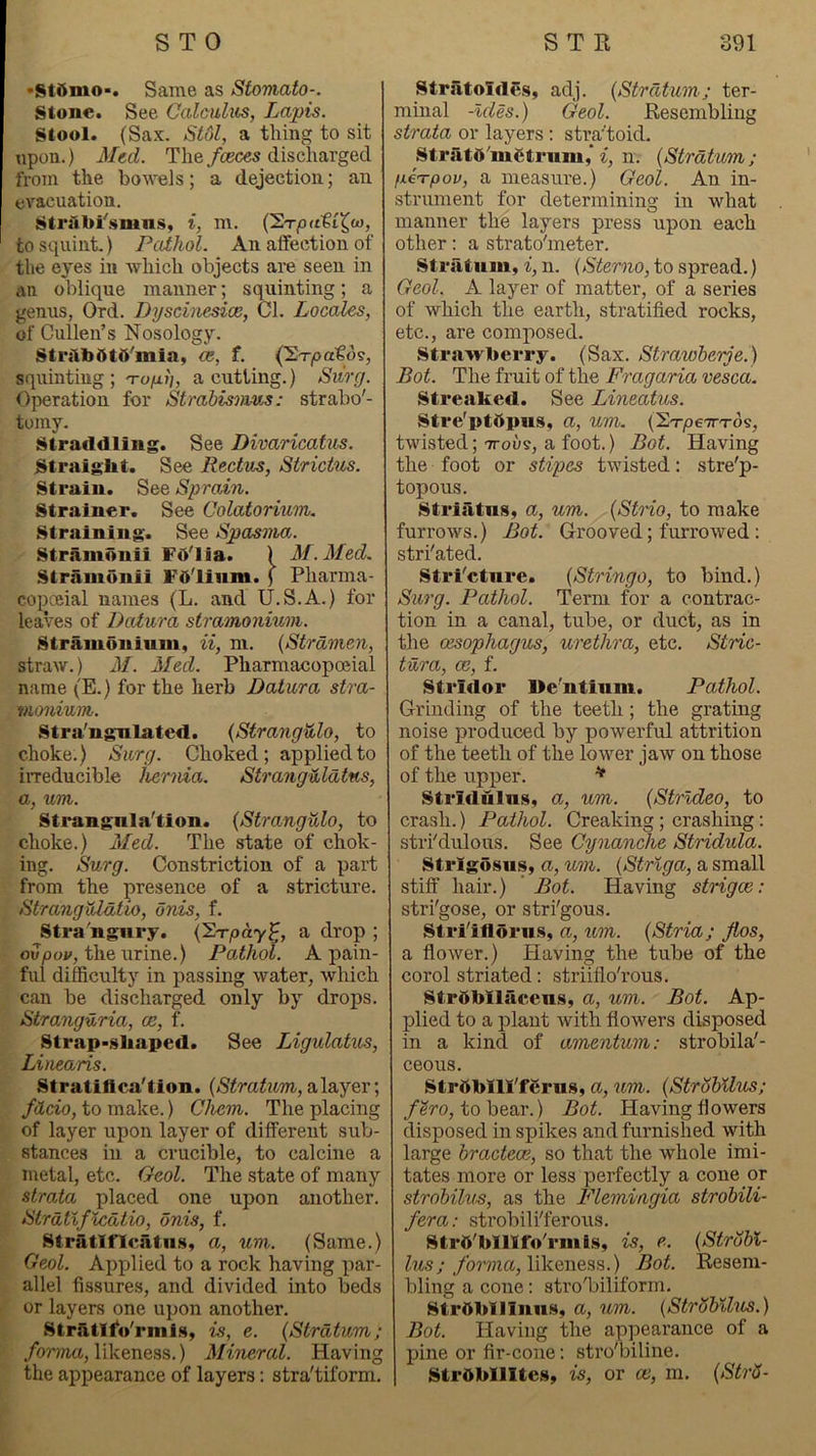 >Stdmo*. Same as Stomato-. Stone. See Calculus, Lapis. Stool. (Sax, Stol, a thing to sit xipon.) Med. The/ceces discharged from the bowels; a dejection; an evacuation. Strilbi'’snms, i, m. to squint.) Pathol. An affection of the eyes in which objects are seen in an oblique manner; squinting; a genus, Ord. Dysciriesice, Cl. Locales, of Cullen’s Nosology. Strilbdtd'mia, cs, f. (2Tpatd?, squintiug ; 'ropl}, a cutting.) Svirg. Operation for Strabismus: strabo'- tomy. Straddling. See Divaricatus. Straight. See Rectus, Strictus. Strain. See Sprain. Strainer. See Colatorium. Straining. See Spasma. Strambnii FO'lia. ) M.Med, Strainonii Fdlinm. ) Pharma- copoeia! names (L. and U.S.A.) for leaves of Datura stramonium. Stramonium, ii, m. {Strdmen, straw.) M. Med. Pharmacopoeial name (E.) for the herb Batura stra- monium,. Stra'ngnlated. {Strangulo, to choke.) Surg. Choked; applied to irreducible hernia. StrangUldtns, a, um. Strangnla'tion. {Strangulo, to choke.) Med. The state of chok- ing. Surg. Constriction of a part from the presence of a stricture. StrangulMio, ords, f. Stra'ngury. (Z-rpay^, a drop ; ovpov, the urine.) Pathol. A pain- ful difficulty in passing water, which can be discharged only by drops. Stranguria, ce, f. Strap'Shaped. See Ligulatus, Linearis. Stratilica'tion. {Stratum, alayer; fdcio, to make.) Chem. The placing of layer upon layer of different sub- stances in a crucible, to calcine a metal, etc. Geol. The state of many strata placed one upon another. Strdtlficdtio, dnis, f. Stratlflcatii.^, a, um. (Same.) Oeol. Applied to a rock having par- allel fissures, and divided into beds or layers one upon another. Strlltif'o'rmifl, is, e. {Stratum; /onna, likeness.) Mineral. Having the appearance of layers; stra'tiform. Stratoidbs, adj. {Stratum; ter- minal -Ides.) Geol. Kesembling strata or layers : stra'toid. Stratd'mbtrnm,* i, n. {Stratum ; piapov, a measure.) Geol. An in- strument for determining in what manner the layers press upon each other: a strato'meter. Stratiiiu, i, n. (Sterno, to spread.) Geol. A layer of matter, of a series of which the earth, stratified rocks, etc., ai’e composed. Strawberry. (Sax. Strawherje.) Bot. The fruit of the Fragaria vesca. Streaked. See Lineatus. Stre'ptbpus, a, um. (S-rpeTn-os, twisted; ttous, a foot.) Bot. Having the foot or stipes twisted: stre'p- topous. Striatng, a, um. {Strio, to make furrows.) Bot. Grooved; furrowed: stri'ated. Stri'cture. {Stringo, to bind.) Siirg. Pathol. Term for a contrac- tion in a canal, tube, or duct, as in the oesophagus, urethra, etc. Stric- tura, ce, f. Stridor Ue'ntinm. Pathol. Grinding of the teeth; the grating noise produced by powerful attrition of the teeth of the lower jaw on those of the upper. ^ Stridulus, a, um. {Strldeo, to crash.) Pathol. Creaking; crashing; stiTdnlous. See Cynandie Stridula. Strigusiis, a, um. {Strlga, a small stiff hair.) Bot. Having strigce: stri'gose, or stri'gous. Stri'itlbru.s, a, um. {Stria; Jtos, a flower.) Having the tube of the corol striated: striifloh’ous. StrObilaceus, a, um. Bot. Ap- plied to a plant with flowers disposed in a kind of amentum: strobila'- ceous. Strbblli'ferus, a, um. {StrSbUvs; /?ro, to bear.) Bot. Having flowers disposed in spikes and furnished with large bracteoe, so that the whole imi- tates more or less perfectly a cone or strobilus, as the Flemingia strobili- fera: strobili'ferons. Strb'bmfo’rml.s, is, e. {Strdbl- /b?7na, likeness.) Bot. Resem- bling a cone; stro'biliform, StrObliinus, a, um. {StrdbUus.) Bot. Having the appearance of a pine or fir-cone: stro'biline. StrObllltes, is, or ce, m, {StrS-
