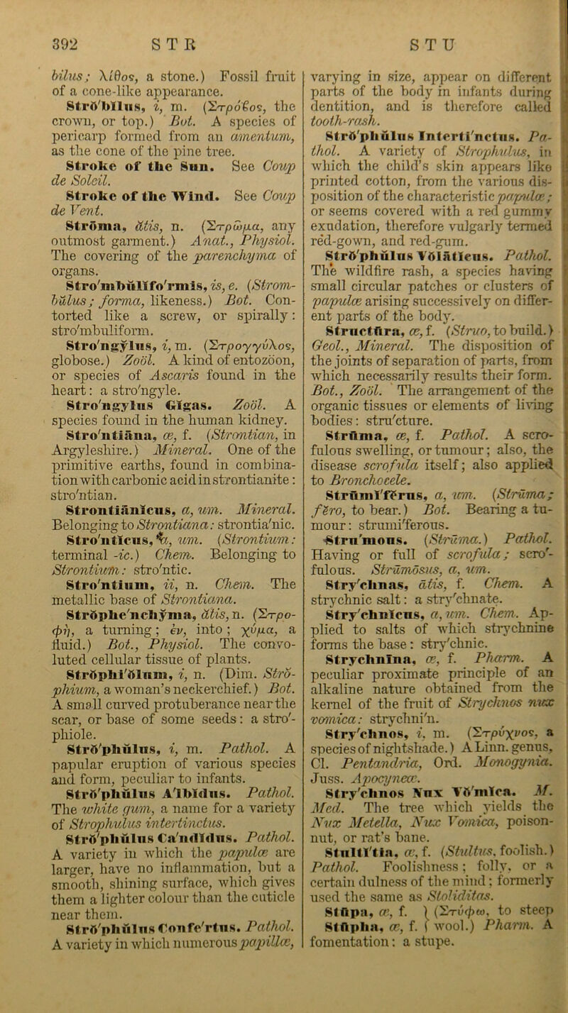 bilus; a stone.) Fossil fniit of a cone-like appearance. StrO'blliiH, i, ni. (Sxpogos, the crown, or top.) Bot. A specie.? of pericarp formed from an amentum, as the cone of the pine tree. Stroke of the Sun. See Coup de Soldi. Stroke of the Wind. See Coup de Vent. Stroma, ittis, n. (ETpuifxa, any outmost gannent.) Anat., Physiol. The covering of the parenchyma of organs. Stro'mhullfo'rmis, is, e. {Strom- hulus; forma, Wk&n&SB.) Bot. Con- torted like a screw, or sj)irally: stro'mhulifonn. Stro'ngyliis, m. {^TpoyyvXos, globose.) Zobl. A kind of entozoon, or species of Ascaris found in the heart: a stro'ngyle. Stro'iigyln.s GIga.s. Zobl. A species found in the human kidney. Stro'ntiiina, ce, f. {Strontian, in Argyleshire.) Mineral. One of the primitive earths, foimd in com bina- tion with carbonic acidinstrontianite: stro'ntian. Strontliinlcus, a, um. Mineral. Belonging to Strontiana: strontia'nic. Stro'iitIcns,4?, um. (Strontium: terminal -ic.) Ckem. Belonging to Strontium: stro'ntic. Stro'ntium, ii, n. Clmn. The metallic base of Strontiana. Strbphe'nchynia, n. {'2rpo- <pi], a turning; eu, into; fluid.) Bot., Physiol. The convo- luted cellular tissue of plants. Strftphi'ftlnm, i, n. (Dim. Stro- phium, a woman’s neckerchief.) Bot. A sma ll curved protuberance near the scar, or base of some seeds; a stro'- phiole. Strft'phiilus, i, m. Pathol. A papular eruption of various .species and form, peculiar to infants. StrO'phuln.s A'lMdus. Pathol. The white gum, a name for a variety of Strophulus intertinctus. StrftVl*Mlws Ca'iidldns. Pathol. A variety in which the papula: are larger, have no inflammation, but a smooth, shining .surface, which gives them a lighter colour than the cuticle near them. SIrft'phfilns ronfe'rtns. Pathol. A variety in which numerous papilla:, varying in size, appear on different parts of the body in infants during dentition, and is therefore called tooth-rash. Strb'pliuliis Interti'nctiis. Pa- thol. A variety of Strophuhis, in which the child’s .skin appears like printed cotton, from the various dis- position of the characteristic or seems covered with a refl gummy exudation, therefore vulgarly termed re'd-gown, and red-gum. Str&'phiilTis Ybladens. Pathol. The wildfire rash, a species having .small circular patches or clusters of 'pa'puloe arising successively on differ- ent parts of the body. Strnctfira, ce, f. (Struo, to build. > Geol., Alineral. The dispo.sition of the joints of separation of parts, from which necessarily results their form. Bot., Zobl. The arrangement of the organic tissues or elements of lining bodies: stru'cture. Strflma, ce, f. Pathol. A scro- fulous swelling, or tumour; also, the disease scrofula itself; also applied to Bronchocele. Strunil'f?nis, a, um. (Struma; f^ro, to bear.) Bot. Bearing a tu- mour: strumiTerous. ■^trn'mons. (Struma.) Pathol. Having or full of scrofula; scro'- fulous. Strumbsus, a, um. Stry'clmas, atis, f. Chem. A strjmhnic salt: a strj^'chnate. Sf ry'chnlcms, a, icm. Chem. Ap- plied to salts of which strj’chnine forms the base: str>''chnic. Strychnlna, oe, f. Pharm. A peculiar proximate principle of an alkaline nature obtained from the kernel of the fruit of Strychnos nux vomica: strychni'n. Sfry'ohnos, i. m. (^apoxvas, a species of nightshade.) A Linn, genus. Cl. Pentaridria, Ord. Monogynia. Juss. Apocynece. Stry'clino.s Nnx Vtt'mTca. M. Med. The tree which yields the Nux Metella, Nux Vomica., poison- nut, or rat’s bane. Stnltl'tia, ce,i. (Shdtus.ioo\\a\y.) Pathol. Foolishness; folly, or a certain diilness of the mind; formerly used the same as Stoliditas. Sfflpa, ct’, f. \CS.Tv<f>to, to steep SfApha, ce, f. ( wool.) Pharm. A fomentation; a stupe.