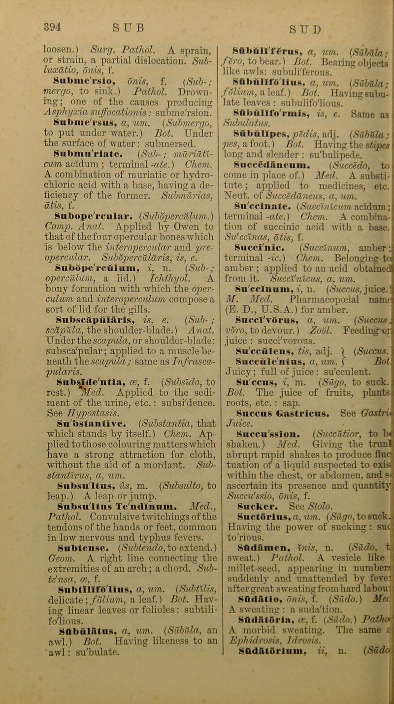 loosen.) Surf/, Pathol. A sprain, or strain, a partial dislocation. Sub- laxcUio, Gnis, f. SHb]iic'i’.sio, Gnis, f. {Sub-; mcrgo, to sink.) Pathol. Drown- ing ; one of the causes producing Asphyxia suffocationis: subme'rsion. 8iil)iiie'rsus, a, um. (Submerr/o, to put under water.) Hot. Under the surface of water: submersed. Snbmu'riatc. {Sub-; muriati- cum acidum ; terminal -ate.) Chem. A combination of muriatic or hydro- chloric acid with a base, having a de- liciency of the former. Submiirias, dtis, f. Subopc'rcular. {Suboperculum.) Comp. Anat. Applied by Owen to that of the four opercular bones which is below the interopercular and pre- opercular. Siibopercularis, is, e. Subdpe'rculiim, i, n. {Sub-; operculum, a lid.) Ichthyol. A bony formation with which the oper- culum and interoperculum compose a sort of lid for the gills. Subscapularls, is, e. {Sub-; sctipula, the shoulder-blade.) Anat. Uudi&ciXxe,scapula, or .shoulder-blade: subsca'pular; applied to a muscle be- neath scapula; same as Infrasca- pularis. Siib^de'ntia, ce, f. {Subside, to rest.) Med. Applied to the sedi- ment of the urine, etc.; subsidence. See Hypostasis. Sn'bstantive. {Substantia, that which stands by itself.) Chem. Ap- plied to those colouring matters which have a strong attraction for cloth, without the aid of a mordant. Sub- stantlvus, a, um. Subsu'ltus, -hs, m. {Suhsulto, to leap.) A leap or jump. Sub.su'ltiis Te'ndinnm. Med., Pathol. Convulsive twitchings of the tendons of the hands or feet, common in low nervous and typhus fevers. Subtense. {Subtendo, to extend.) Geom. A right line connecting the extremities of an arch; a chord. Sub- tdnsa, ce, f. Subtillfit'liiis, a, um. {Suhtllis, delicatea leaf.) Bot. Hav- ing linear leaves or folioles: subtili- fo'lious. SabubTtns. a, um. {Subiila, an awl.) Bot. Having likeness to an awl: su'bulate. Sabull'renis, a, um. {Saljula; fh'o, to bear.) Bot. Bearing object's like awls: subuli'ferous. SbbulIf'A'IiiiK, a, um. {Subiila; fGlium, Bot. Having subu- late leaves : subulifo'lious. Sribullfo'riiiis, is, e. Same as i Svhulatus. .Sabullpes, pMis, adj. {Subula; l pes, a foot.) Bot. Having the stipes j long and slender : sulmlipede. 8uccedaueiim. {Succedo, to ■ come in place of.) Med. A substi-1 tute; applied to medicines, etc. Neut. of Succeddneus, a, um. Sn'ccinate. {Succlnlcum acidum jf* terminal -ate.) Chem. A combina-ii tion of succinic acid with a base. ( Svicclnas, dtis, f. Succi'nic. {Succlnum, amber; terminal -ic.) Chem. Belonging to amber ; applied to an acid obtaiued from it. Succl'nlcus, a, um. Su'ccinum, n. juice.' M. Med. Pharmacopoeial name (E. D., U.S.A.) for amber. Snccl'v5ru.s, a, um. {Suecus„ voro, to devour.) ZoGl. FeedingX)r juice : succi'vorous. Su'cculciis, tis, adj. ) {Succus. Snccule'utiis, a, um. j Bot, Juicy; full of juice: su'cculent. Su'ccii.s, i, m. {Sugo, to suck. Bot. The juice of fruits, plants, roots, etc.: sap. Sneens Ga.stricns. See Gastri^ Juice. • j Succu'ssion. {Succiitior, to b«j shaken.) Med. Giving the trunl! abrupt rapid shakes to produce flucft tuation of a liquid suspected to exisj. within the chest, or abdomen, and s«{ ascertain its presence and quantity; Succu'ssio, Gnis, f. Slicker. See Stole. Siicturins, a, um. (Sugo, to suck.i Having the power of sucking: sue: to'rious. Sfidamen, Inis, n. (Sudo, ti sweat.) Pathol. A vesicle like millet-seed, appearing in numbers suddenly and unattended by fevei after great sweating from hard laboir SfiiliUto, Gnis, f. {Siido.) Mec A sweating : a suda'tion. Sflilatoria. «?, f. {Sudo.) Patho A morbid sweating. The same a Ephidrosis, Idrosis. SadiUOrlum, ii, n. (Siido