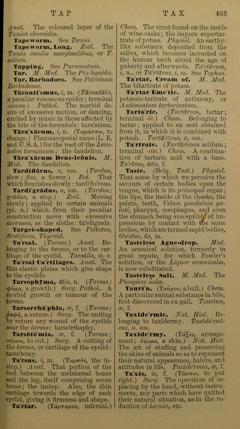 Anat. The coloured layer of the Tunica choroides. Tapeworm. See Tcenia. Tapeworm, Long. Zool. The Tcenia osculis inarginalibus, or T. solium. Tapping-. See Paracentesis. Tar. M. Med. The Fix liquida. Tar, Barbadoes. See Petroleum Barhadense. TdrautTsmns, i, m. {TdrantUla, a peculiar venomous spider; terminal -ismus.) Pathol. The morbid de- sire of excessive motion, or dancing, excited by music in those affected by the bite of the tarantula: tara'ntism. Tara'xslcum, i, n. (Tapao-cra), to change.) Pharmacopoeial name (L. E. and U. S. A.) for the root of the Leon- iodon taraxacum; the dandelion. T^ra'x^lcnm Dens-leonis. M. Med. The dandelion. Tardiflorns, a, um. {Tardus, slow ; Jlos, a flower.) Bot. That which flourishes slowly: tardiflo'rous. Tardi'gradiis, a, um. {Tardus; grddus, a step.) Zoiil. Moving slowly; applied to certain anunals (pi. n.) which from their peculiar construction move with excessive slowness, as the sloths: ta'rdigrade. Target-shaped. See Peltatus, Scutiform, Thyroid. Ta'rsal. {Tarsus.) Anat. Be- longing to the tarsus, or to the car- tilage of the eyelid. Tarsalis, is, e. Ta'r.sal Ca'rtilage.s. Anat, The thin elastic plates which give shape to the eyelids. Tarsophyma, dtis, n. {Tarsus; (pvfia, a growth.) Surg. Pathol. A morbid growth or tumour of the tarsus. Tarsorrlia'phia, 02, f. {Tarsus; pa<jii], a suture.) Surg. The miiting by suture any wound of the eyelids near the tarsus: tarso'rrhaphy. Tarsdta'mia, (b, f. {Tarsus; TefjLvw, to cut.) Surg. A cutting of the ta/rsus, or cartilage of the eyelid: tarso'tomy. Ta'rsus, i, m. (Ta/ocrds, the in- step.) Anat. That portion of the foot between the metatarsal bones and the leg, itself comprising seven bones; the instep. Also, the thin cartilage towards the edge of each eyelid, giving it flrmness and shape. Ta'rtar. {Tdprapos, infernal.) Chem. The crust found on the inside of wine-casks; the impure supertar- trate of potass. Physiol. An earthy- like substance deposited from the saliva, which becomes incmsted on the human teeth about the age of puberty and afterwards. TaJrtdrum, i, n., or Ta'rtdrus, i, m. See Tophm. Ta'rtar, Cream of. M. Med. The bitartrate of potass. Ta''rtar Eme'tic. AT. Aled. The potassio-tartrate of antimony, or Antimonmm tartarizatum. Tarta'rlc. (Tartdrum, tartar; terminal -ic.) Chem. Belonging to tartar; applied to an acid obtained from it, in which it is combined with potash. TartWrlcus, a, um. Ta'rtrate. {Tartdrlcum acidum; terminal -ate.) Chem. A combina- tion of tartaric acid with a base. Ta'rtras, atis, f. Taste. (Belg. Tast.) Physiol. That sense by which we perceive the savours of certain bodies upon the tongue, which is its principal organ; the lips, the inside of the cheeks, the palate, teeth. Velum pendulum pa- lati, pharynx, oesophagus, and even the stomach being susceptibl/of im- pressions by contact with tfie same bodies, which are termed sapid bodies, Gu'sties, Us, m. Tasteless Agne-drop. Med. An arsenical solution, formerly in great repute, for Avhich Fowler’s solution, or the Liquor arsenicalis, is now substituted. Tasteless Salt. M. Med. The Phosphas sodee. Tauri'n. (Tau|0O5, abull.) Chem. A particular animal substance in bile, first discovered in ox-gall. Taurlna, ce, f. Taxide'rmle. Nat. Hist. Be- longing to taxidermy. Taxide'rmi- cus, a, um. Taxide'rmy. (Ta^is, arrange- ment; Sep/xa, a skin.) Nat. Hist. The art of stuffing and preserving the skins of animals so as to represent their natural appearance, habits, and attitudes in life. Taxidc'rmia, ob, f. Ta'xls, is, f. {Tderarto, to put right.) Surg. Tlie operation of re- placing by the hand, without instru- ments, any parts which have quitted their natural situation, as in the re- duction of hernia, etc.