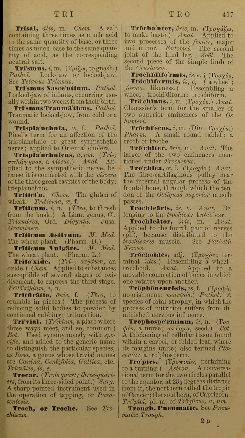 Trisaly (ilis, m. Chem. A salt containing three times as much acid to the same quantity of base, or three times as much base to the same quan- tity of acid, as the corresponding neutral salt. Ti'i'smus, i, m. (Tpto gnash.) Pathol. Lock-jaw or locked-jaw. See Tetanus Trismus. Tri'smus Jfasce'ntinm. Pathol. Locked-jaw of infants, occurring usu- ally within two weeks from their birth. Tri'snuis Traniiiil'ticus. Pathol. Traumatic locked-jaw, from cold or a wound. Trispla'ncliniay ce, f. Pathol. Pinel’s term for an atfection of the trisplanchnic or great sympathetic nerve; apj)lied to Oriental cholera. Trispla'ncliiiicu.s, a,um. {TH-; cnr\ay')(yov, a viscus.) Anat. Ap- plied to the sympathetic neiwe, be- cause it is connected with the viscera of the three great cavities of the body : trispla'nchnic. Tritici'n. Chem. The gluten of wheat. Trlticlna, ce, f. Tritlcnm, i, n. (Tero, to thresh from the husk.) A Linn, genus, Cl. Ti'iandria, Ord. Digynia. Juss. Graminece. Tritlcnm JEstivnm. 31. 3Ied. The wheat plant. (Pharm. D.) Tritlcnm Ynlgare. 31. 3Ied. The wheat plant. (Pharm. L.) Trito'xiile. {Tri-; ox^dum, an oxide.) Chem. Applied to substances susceptible of several stages of oxi- disement, to express the third stage. Trlto'xydum, i, n. Tritifiratlo, dnis, f. {T^ro, to crumble in pieces.) The process of reducing solid bodies to powder by continued rubbing: tritura'tion. Trivial. {Trlvium, a place where three ways meet, and so, common.) Jiot. Used synonymously with spe- cific, and added to the generic name to distinguish the particular species, as Rosa, a genus whose trivial names are Canina, Centifolia, Gallica, etc, Trividlis, is, e. Trocar. {Troisquart; three-quart- ers, from its three-sided point.) Surg. A sharp-pointed instrument used in the operation of tapping, or Para- centesis. Troch, or Troche. See Tro- chiscus. Trftclia'nter, eris, m. (Tpoxa^o), to make haste.) Anat. Applied to two processes of the femur, major and minor. Entomol. The second joint of the hind leg. Zool. The second piece of the simple limb of the Crustaceoe. Trttcliidifo'rmis, is, e. ) (Tpoyos, TrttcliIfoVmls, is, e, j a Avheel; forma, likeness.) Resembling a Avheel; trochi'difonn: tro'chiform. Trft'cliijms, i, m. (Tpoxos.) Anat. Chaussier’s term for the smaller of two superior eminences of the Os humeri. Trficlii'scns, i, m. (Dim. Tpoyos.) Pharm. A small round tablet; a troch or troche. TrS'cliIter, eris, m. Anat. The larger of the two eminences men- tioned under Trochinus. Tro'chlea, ce, f. (Tpoxos.) Anat. The fibro-cartilaginous pulley near the internal angular process of the frontal bone, through which the ten- don of the Ohliquus superior muscle passes, Trochleslrls, is, e. Anat. Be- longing to the trochlea: tro'chlear. Troclileator, oris, m. Anat. Applied to the fourth pair of nerves (pi.), because distributed to the trochlearis muscle. See Paihetir- Neii'ves. Trficlioitles, adj. (Tpoyds; ter- minal -Ides.) Resembling a wheel: tro'choid, Anat. Applied to a movable connection of bones in which one rotates upon another. Trttpliftneiirosis, is, f. {TpofjAi. nourishment; neurosis.) Pathol. A species of fatal atroj)hy, in which the process of nutrition suifers from di- minished nervous influence. TrOpIio.spe'rmiiim, ii, n. (Tpo- 0ds, a nurse; cnrepixa, seed.) Bot. A thickening of cellular tissue foimd within a carpel, or folded leaf, where its margins unite; also termed Pla- centa : a tro'phosperm, Tro'pics. (Tpo7ri/cds, pertaining to a turning,) Astron. A conversa- tional term for the two circles parallel to the equator, at 23^ degrees distance from it, the northern called the tropic of Cancer; the southern, of Capricorn. Tro'pici, pi. m. of TrU'picus, a, um. Trougli, Pneumatic. Hee Pneu- matic Trough. 2d