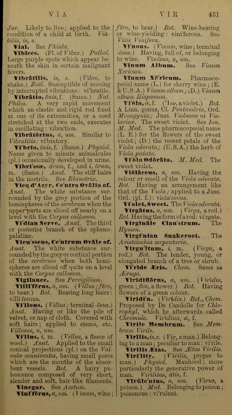 Jur. Likely to live; applied to the condition of a child at birth. Via- bUis, is, e. Vial. See Phiala. Vibices. (PI. of Fl&ea;.) Pathol. Large purple spots which appear be- neath the skin in certain malignant fevers. VlbrUtnis, is, e. (Vlhro, to shake.) Zobl. Susceptible of moving by interrupted vibrations : vi'bratile. Vibrfitlo, owiSjf. (Same.) Nat. Philos. A very rapid movement which an elastic and rigid rod fixed at one of its extremities, or a cord stretched at the two ends, executes in oscillating: vibra'tion. Vibratoriiis, a, um. Similar to Vibratilis; vi'bratory. Vi'brio,o?m,f. (Same.) Physiol. Name given to minute animalcules (pi.) occasionally developed in urine. Vibri'ssfe, d'i'um, f., and i, drum, ra. (Same.) Anat. The stiff hairs in the nostrils. See Rhinotrix. Vicq d’Azyr, Ce'ntra OTSlia of. Anat. The white substance sur- rounded by the grey portion of the hemispheres of the cerebrum when the upperparts are sliced off nearly on a level with the Corpus callosum. Vl'dian Nerre. Anat. The third or posterior branch of the spheno- palatine. Vlen'ssens, Ce'ntnim Ovale of. Anat. The white substance sur- rounded by the grey or cortical portion of the cerebrum when both hemi- spheres are sliced off quite on a level with the Coi'pus callosum. Vigilance. See Pervigilium. Villl'fCms, a, um. (Villus ; fh'o, to bear.) Bot. Bearing long hairs : villiferous. Villous. (Villus; terminal -osus.) Anat. Having or like the pile of velvet, or nap of cloth. Covered with soft hairs; applied to stems, etc. Villosus, a, um. ' Villns, i, m. (Vellus, a fleece of wool.) Anat. Applied to the small conical projections (pi.) on the Val- vulcB conniventes, having small pores which are the mouths of the absor- bent vessels. Bot. A hairy pu- bescence composed of very short, slender and soft, hair-like filaments. Vinegar. Acetum. Vlnl'fSruS) a, um. (I Inum, wine; fh'o, to bear.) Bot. Wine-bearing or Avine-yielding : viniTerous. See Vitis Vinifera. Vi'nons. (Vlnum, wine; terminal -osvbs.) Having, full of, or belonging to wine. Vlndsus, a, um. Vinnm Album. See Vinum Xericum. Vinnm XC'rlcum. Pharmaco- pceial name (L.) for sherry Avine ; (E. &U.S.A.) Vinum album; (D.) Vinum album Hispanum. Vi'ftla,ce,f. (’'loi/, a violet.) Bot. A Linn, genus. Cl. Pentandria, Ord. Monogynia; Juss. Violaceoe or Vio- larieoe. The sweet violet. See Ion. M. Med. The pharmacopoeial name (L. E.) for the flowers of the sweet violet; (D.) the recent petals of the Viola odorata; (U.S.A.) the herb of Viola pedata. Vi'ftla OdorSta. M.Med. The sweet violet. ViOl^censy a, um. Having the colour or smell of the Viola odorata. Bot. Having an arrangement like that of the Viola; applied to a Juss. Ord. (pi. f.): viola'ceous. Vi'olet, Sweet. The Viola odorata. Virgatiis, a. Mm. {Virga, aro6..) Bot. Having the form of a rod: vfrgate. Virglnale Clau'strnm. The Hymen. Virgl'nian Snakeroot. The A ristolochia serpentaria. Virgn'ltnm, i, m. {Virga, a rod.) Bot. The tender, young, or elongated branch of a tree or shrub. VI'ride .Xris* Chem. Same as jErugo. Vlrldiflorns, a, um. {'VKrldis, green a flower.) Bot. Having flowers of a green colour. Viridi'n. (Vlrldis.) Bot., Chem. Proposed by He Candolle for Chlo- rophyl, which he afterwards called Chromule. Vlridlna, ce, f. Virile niembrum. See Mem- brum Virile. Virilis,w,e. (Fir, a man.) Belong- ing to a man; peculiar to man: viTile. Virilis ABtas. See AE'to ViHlis. Virility. {Vlrllis, proper to man.) I^hysiol. Manhood; more particularly the generative power of man. VlmlUas, dtis, f. Viriile'ntus, a, um. {Virus, a poison.) Med. Belonging to poison; poisonous: vi'rulent.
