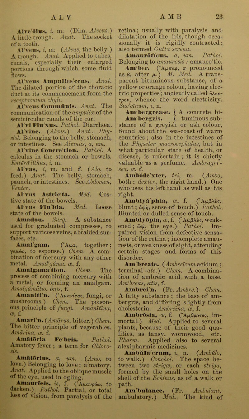 Alve'81«s, i, m. (Dim. Alveus.) A little trough. Anat. The socket of a tooth. Al'veus, *, m. (Aimes, the belly.) A trough. Anat. Applied to tubes, canals, especially their enlarged portions through which some fluid flows. Al'veus Ampulles'ccns. Anat. The dilated portion of the thoracic duct at its commencement from the receptaculum chyli. Al'veus Communis. Anat. The communication of the ampullae of the semicircular canals of the ear. Al'vi Flu'xus. Pathol. Diarrhoea. Al'viue. (Alvus.) Anat., Phy- siol. Belonging to the belly, stomach, or intestines. See Alvinus, a, wn. Al'viue Concre'tion. Pathol. A calculus in the stomach or bowels. EntSro'lithus, i, m. Al vus, i, m. and f. (Alo, to feed.) Anat. The belly, stomach, paunch, or intestines. See Abdomen, Venter. Al'vus Astrac'ta. Med. Cos- tive state of the bowels. Al'vus Flu'ida. Med. Loose state of the bowels. Amadou. Surg. A substance used for graduated compresses, to support varicose veins, abraided sur- faces, etc. Amal'gam. (Apia, together; yafieco, to espouse.) Chem. A com- bination of mercury with any other metal. Amcel'gdma, ce, f. Amalgamation. Chem. The process of combining mercury with a metal, or forming an amalgam. Amalgdmdtio, onis, f. Amaniti'u. (’A/xai/tVot, fungi, or mushrooms.) Chem. The poison- ous principle of fungi. Amcemtina, ce, f. Amari'n. (Amarus, bitter.) Chem. The bitter principle of vegetables. Amarina, ce, f. Amatoria Fc'l>ris. Pathol. Amatory fever ; a term for Chloro- sis. Amatorius, a, um. (Amo, to love.) Belonging to love : a'matory. Anat. Applied to the oblique muscle of the eye, used in ogling. Amaurosis, is, f. (’Ajxaupow, to darken.) Pathol. Partial, or total loss of vision, from paralysis of the retina; usually with paralysis and dilatation of the iris, though occa- sionally it is rigidly contracted; also termed Gutta serena. Amaurotlcus, ce, um. Pathol. Belonging to amaurosis : amauro'tic. Am ber. (’ApiTrap, n pronounced as after /x.) M. Med. A trans- parent bituminous substance, of a yellow or orange colour, having elec- tric properties; anciently called ^Ae*- rpov, whence the word electricity. Suc'cinum, i, n. Am'bcrgrease. \ A concrete bi- Am'bergris. ( tuminous sub- stance of a greyish or ash colour, found about the sea-coast of warm countries; also in the intestines of the Plxyseter macrocephalus, but in what particular state of health, or disease, is uncertain; it is chiefly valuable as a perfume. Ambragri!- sea, ce, f. Ambidexter, tri, m. (Ambo, both; dexter, the right hand.) One who uses his left hand as well as his right. Ambly&'pliia, ce, f. (’Ap.flAv?, blunt; a<f)r], sense of toueh.) Pathol. Blunted or dulled sense of touch. Amblyopia, ce, f. (’Ap.j3Aus, weak- ened ; a>^, the eye.) Pathol. Im- paired vision from defective sensa- tion of the retina ; incomplete amau- rosis, or weakness of sight, attending certain stages and forms of this disorder. Am'breate. (Ambreecum acidum ; terminal -ate.) Chem. A combina- tion of ambreic acid with a base. Am'breas, dtis, f. Ambrci'n. (Fr. Arnbre.) Chem. A fatty substance ; the base of am- bergris, and differing slightly from cholesterin. Ambreina, ce, f. Ambrosia, ce, f. (vAjxJ8po-n>9, im- mortal.) Med. Applied to several plants, because of their good qua- lities, as tansy, wormwood, etc. Pharm. Applied also to several alexipharmic medicines. Ambula'cvum, i, n. (Ambulo, to walk.) Conchol. The space be- tween two strigee, or each striga, formed by the small holes on the shell of the Echinus, as of a walk or path. Ambulance. (Fr. Ambulant, ambulatory.) Med. The kind of