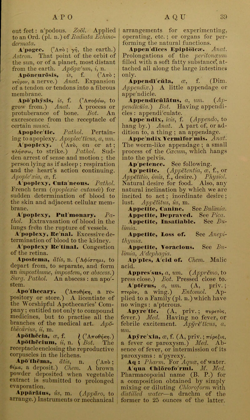 out feet: a'podous. Zool. Applied to an Ord. (pi. n.) of Radiata Echino- dermata. A'pogee. (’A7ro; yrj, the earth.) Astron. That point of the orbit of the sun, or of a planet, most distant from the earth. Apogee'um, i, n. Apdneurosis, is, f. (’Ano; vevpov, a nerve.) Anat. Expansion of a tendon or tendons into a fibrous membrane. Apb'pliysis, is, f. (’AnoQvto, to grow from.) Anat. A process or protuberance of bone. Bot. An excrescence from the receptacle of certain musci. Apoplec'tic. Pathol. Pertain- ing to apoplexy. Apoplec'ticus, a, um. A'poplexy. (’Att-o, on or at; to strike.) Pathol. Sud- den arrest of sense and motion ; the person lying as if asleep ; respiration and the heart’s action continuing. Apople'xia, ce, f. A'poplexy, Cuta neous. Pathol. French term (apoplexie cutanee) for sudden determination of blood to the skin and adjacent cellular mem- brane. A'poplexy, Pulmonary. Pa- thol. Extravasation of blood in the lungs from the rupture of vessels. A'poplexy, Ite'nal. Excessive de- termination of blood to the kidney. A'poplexy Retinal. Congestion of the retina. Apostema, atis, n. (’A^>icmjju.<., to depart from, to separate, and form an imposthume, impostem, or abscess.) Burg. Pathol. An abscess : an apo'- stem. Apo'tliecary. (’Atto^/oj, a re- pository or store.) A licentiate of the Worshipful Apothecaries’ Com- pany; entitled not only to compound medicines, but to practise all the branches of the medical art. Aptj- thecarius, ii, m. Aptttliecla, ce, f. \ (’Atto^/oj.) Ap&thecium, ii, n. ( Bot. The receptacle enclosing the reproductive corpuscles in the lichens. ApO'thgma, atis, n. (’A™ ; 0e><z, a deposit.) Chem. A brown powder deposited when vegetable extract is submitted to prolonged evaporation. Apparatus, us, m. (Appa.ro, to arrange.) Instruments or mechanical j arrangements for experimenting, operating, etc.; or organs for per- forming the natural functions. Appen'dices lipiploica*. Anat. Prolongations of the peritonaeum filled with a soft fatty substance' at- tached all along the large intestines only. Appemli'cula, ce, f. (Dim. Appendix.') A little appendage or appe'ndicle. Appendiculatus, a, um. (Ap- pend icula. ) Bot. Having appendi- cles : appendi'culate. Appe'mlix, ids, f. (Appendo, to hang by.) Anat. A part of, or ad- dition to, a thing ; an appendage. Appe'mlix Yermifor'inis. Anat. The worm-like appendage ; a small process of the Caecum, which hangs into the pelvis. Ap'petence. See following. Ap'petite. (Appetentia, ce, f., or Appetitio, onis, f., desire.) Physiol. Natural desire for food. Also, any natural inclination by which we are incited to act; inordinate desire; lust. Appetitus, us, m. Appetite, Canine. See Bulimia. Appetite, Depraved. See Pica. Appetite, Insatiable. See Bu- limia. Appetite, Loss of. See Anepi- thymia. Appetite, Voracious. See Bu- limia, A'dephagia. Ap'ples, A'cid of. Chem. Malic acid. Appres'sus, a, um. (Appremo, to press close.) Bot. Pressed close to. A'pterns, a, um. (A, priv.; TTTepov, a wing.) Entomol. Ap- plied to a Family (pi. n.) which have no wings : a'pterous. Apyre'tic. (A, priv.; irvpeTos, fever.) Med. Having no fever, or febrile excitement. Apyre'ticus, a, um. Apyre'xia, ce, f. (A, priv.; Trvpe^is, a fever or paroxysm.) Med. Ab- sence of fever, or intermission of its paroxysms : a'pyrexy. Aq : Pharm. For Aquae, of wa ter. A'qua Clilorofo'rmi. M. Med. Pharmacopoeial name (B. P.) for a composition obtained by simply mixing or diluting Chloroform with distilled water—a drachm of the former to 25 ounces of the latter.