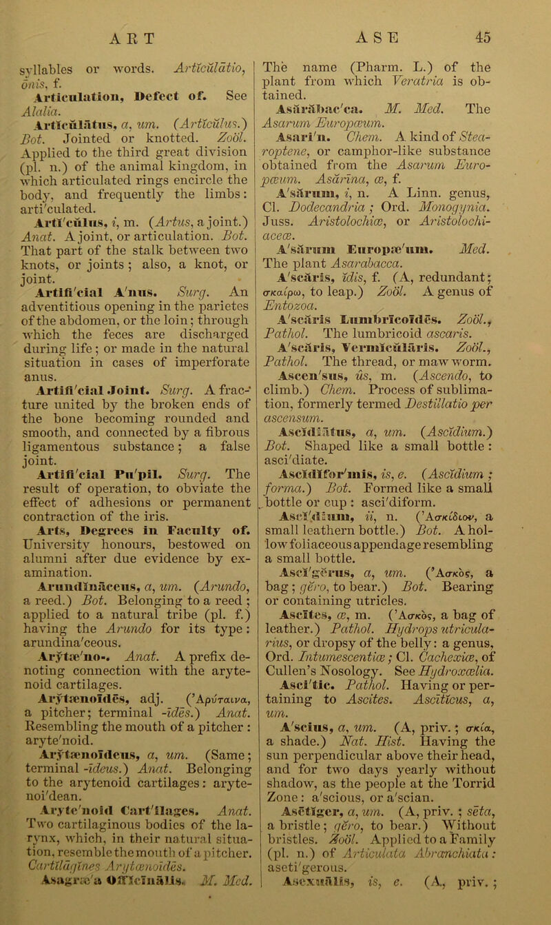 syllables or words. Arttculatio, dais, f. Articulation, Defect of. See Alalia. Artieulatus, a, um. (Articulus.) I>o£. Jointed or knotted. Zool. Applied to the third great division (pi. n.) of the animal kingdom, in which articulated rings encircle the body, and frequently the limbs: arti'culated. Artl'culus, i, m. (Artus, a joint.) Anat. A joint, or articulation. Bot. That part of the stalk between two knots, or joints ; also, a knot, or joint. Artificial A'nus. Surg. An adventitious opening in the parietes of the abdomen, or the loin; through which the feces are discharged during life ; or made in the natural situation in cases of imperforate anus. Artificial Joint. Surg. A frac- ture united by the broken ends of the bone becoming rounded and smooth, and connected by a fibrous ligamentous substance; a false joint. Artificial Pu'pil. Surg. The result of operation, to obviate the effect of adhesions or permanent contraction of the iris. Arts, Degrees in Faculty of. University honours, bestowed on alumni after due evidence by ex- amination. Arundiniicens, a, um. (Arundo, a reed.) Bot. Belonging to a reed ; applied to a natural tribe (pi. f.) having the Arundo for its type: arundina'ceous. Arytee'no-. Anat. A prefix de- noting connection with the aryte- noid cartilages. Arytsenonles, adj. (’Apvreuva, a pitcher; terminal -ides.) Anat. Resembling the mouth of a pitcher : aryte'noid. Aryta*n oldens, a, um. (Same; terminal -ideus.) Anat. Belonging to the arytenoid cartilages: aryte- noi'dean. Aryte'noid Cart'ilages. Anat. Two cartilaginous bodies of the la- rynx, which, in their natural situa- tion, resemble the mouth of apitcher. Carttldglms Arytcenoides. Asagrafa Officinalis.. M. Med. The name (Pharm. L.) of the plant from which Veratria is ob- tained. Assir&liac'ca. M. Med. The Asarum Europceum. Asari'n. Chem. A kind of Stea- roptene, or camphor-like substance obtained from the Asarum Euro- pceum. Asarina, ce, f. A'sslrum, i, n. A Linn, genus, Cl. Dodecandria ; Ord. Monogynia. Juss. Aristolochicc, or Aristolochi- acece. A's&rum Europm'um. Med. The plant Asarabacca. A'scilrls, idis, f. (A, redundant; cr/catpw, to leap.) Zool. A genus of Entozoa. A'scaris LmubricoTdes. Zool., Pathol. The lumbricoid ascaris. A'scaris, Vermlcularis. Zool., Pathol. The thread, or maw worm. Ascen'sus, us, m. (Ascendo, to climb.) Chem. Process of sublima- tion, formerly termed Destillatio per ascensum. Ascidifitus, a, um. (Asctdium.) Bot. Shaped like a small bottle : asci'diate. Ascldifor'mis, is, e. (Ascidium ; forma.) Bot. Formed like a small ..bottle or cup : asci'diform. Ascl'.duimi, ii, n. (’Acr/ciStov, a small leathern bottle.) Bot. A hol- low foliaceous appendage resembling a small bottle. Asci'gSrus, a, um. (’A<r/cbs, a bag; gero, to bear.) Bot. Bearing or containing utricles. Ascites, ce, m. (’Acrab?, a bag of leather.) Pathol. Hydrops utricula- rius, or dropsy of the belly: a genus, Ord. Tntumescentice; Cl. Cachexies, of Cullen’s Nosology. See Hydroxcelia. Asci'tic. Pathol. Having or per- taining to Ascites. Ascitlcus, a, um. A'scius, a, um. (A, priv.; encia, a shade.) Nat. Hist. Having the sun perpendicular above their head, and for two days yearly without shadow, as the people at the Torrid Zone : a'seious, or a'seian. Asetlger, a, um. (A, priv. ; seta, a bristle; gero, to bear.) Without bristles. Zool. Applied to a Family (pi. n.) of Articulata Abranchiatu: aseti'gerous. Asexualis, is, e. (A, priv. ;
