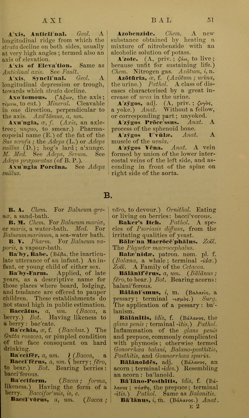 A'xis, Anticli'nal. Geol. A longitudinal ridge from which the strata decline on both sides, usually at very high angles ; termed also an axis of elevation. A'xis of Elevation. Same as Anticlinal axis. See Fault. A'xis, Syncli'nal. Geol. A longitudinal depression or trough, towards which strata decline. Axo'tomous. (vA£a>v, the axis; re>vw, to cut.) Mineral. Cleavable in one direction, perpendicular to the axis. Axd'tdmus, a, um. Axu'ngia, a;, f. (Axis, an axle- tree; unguo, to smear.) Pharma- copoeial name (E.) of the fat of the Sus scrofa ; the Adeps (L.) or Adeps suillus (D.); hog’s lard; a'xunge. M. Med. See Adeps, Sevum. See Adeps proeparatus (of B. P.). Axu'ngia Porclna. See Adeps suillus. Azobcnzide. Chem. A new substance obtained by heating a mixture of nitrobenzide with an alcoholic solution of potass. A'zote. (A, priv.; £6.co, to live ; because unfit for sustaining life.) Chem. Nitrogen gas. Azotum, i, n. Azotiiria, ce, f. (Azotum ; urina, the urine.) Pathol. A class of dis- eases characterised by a great in- crease of urea in the urine. A'zygos, adj. (A, priv. ; fu-yo?, a yoke.) Anat. Without a fellow, or corresponding part; unyoked. A'zygos Proce'ssus. Anat. A process of the sphenoid bone. A'zygos IJ'vula?. Anat. A muscle of the uvula. A'zygos Vena. Anat. A vein formed by union of the lower inter- costal veins of the left side, and as- cending in front of the spine on right side of the aorta. B. I?. A. Chem. For Balneum are- nas, a sand-bath. IS. M. Chem. Bor Balneum mar ice, or maris, a water-bath. Med. For Balneummarinum, a sea-water bath. IS. V. Pharm. For Balneum va- por is, a vapour-bath. Ba'by, Babe. (Baj3a, the inarticu- late utterance of an infant.) An in- fant, or young child of either sex. Ba'by-Farm. Applied, of late years, as a descriptive name for those places where board, lodging, and tendance are offered to pauper children. These establishments do not stand high in public estimation. Baccatus, a, um. (Bacca, a berry.) Bot. Having likeness to a berry: bac'cate. Ba'cchia, ce, f. (Bacchus.) The Grutta rosacea, or pimpled condition of the face consequent on hard drinking. Ba'ccIfSr, a, um. ) (Bacca, a Baeel'fSrus, a, um. ( berry; fdro, to bear.) Bot. Bearing berries: bacci'ferous. Ba'cciform. (Bacca; forma, likeness.) Having the form of a berry. Baccifor'mis, is, e. Baccl'vdrus, a, um. (Bacca ; vdro, to devour.) Ornithol. Eating or living on berries: bacci'vorous. Baker’s Itch. Pathol. A spe- cies of Psoriasis diffusa, from the irritating qualities of yeast. B;lla‘ iia Macr5c6'phalus. Zool. The Physeter macrocephalus. Balre'nidas patron, nom. pi. f. (Balcena, a whale ; terminal -idee.) Zool. A Family of the Cetacea. B;Xlilnif£rus, a, um. (Bdldnus; fero, to bear.) Bot. Bearing acorns: balani'ferous. Balam'simis, i, m. (BaAcwi.?, a pessary; terminal -ur/aos.) Surg. The application of a pessary : ba'- lanism. Balanitis, idis, f. (BaAavos, the glans penis ; terminal -itis.) Pathol. Inflammation of the glans penis and prepuce, commonly complicated with phymosis; otherwise termed Gonorrhoea balani, Balano-posthitis, Posthitis, and Gonnorrhasa spuria. BiUslnoIdes, adj. (BaAaros, an acorn; terminal -ides.) Resembling an acorn : ba'lanoid. Bft'liino-Postbltis, idis, f. (Ba- Aavos; 7rocr0i), the prepuce; terminal -itis.) Pathol. Same as Balanitis. BiVlilnus, i, m. (BaAaro?.) Anat. E 2
