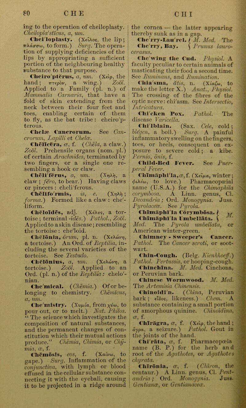 ing to the operation of cheiloplasty. Cheilopla'sticus, a, um. Chei'loplasty. (XelAo?, the lip; 7r\a(T<ra), to form.) Surg. The opera- tion of supplying deficiencies of the lips by appropriating a sufficient portion of the neighbouring healthy substance to that purpose. Clieiro'ptSrus, a, um. (Xeip, the hand; nrepov, a wing.) Zool. Applied to a Family (pi. n.) of Mammalia Carnaria, that have a fold of skin extending from the neck between their four feet and toes, enabling certain of them to fly, as the bat tribe : cheiro'p- terous. t'licla? Cancrorum. See Can- crorum, Lapilli et Chelce. ChellcCra, ce, f. {Chela, a claw.) Zool. Prehensile organs (nom. pi.) of certain Arachnides, terminated by two fingers, or a single one re- sembling a hook or claw. Clieli'ffSrns, a, um. (XijAij, a claw ; fero, to bear.) Having claws or pincers : cheli'ferous. Chelifo'rinis, is, e. (XrjArj; forma.) Formed like a claw : che'- liform. Chgloides, adj. (Xe'Avs, a tor- toise ; terminal -ides.) Pathol., Zool. Applied to a skin disease; resembling the tortoise: che'loid. Chclonia, drum, pi. n. (XeAiovrj, a tortoise.) An Ord. of Reptilia, in- cluding the several varieties of the tortoise. See Testudo. Citehliii«s, a, um. (Xe\d>vr), a tortoise.) Zool. Applied to an Ord. (pi. n.) of the Reptilia: chelo'- nian. Chc'niical. (Chemia.) Of or be- longing to chemistry. Chemicus, a, um. Che'inistry. {Xvpla, from xv, to pour out, or to melt.) Nat. Philos. “ The science which investigates the composition of natural substances, and the permanent changes of con- stitution which their mutual actions produce.” Chemia, Chimia, or Chy- rnia, ce, f. Chcmosis, eos, f. (XatVtu, to gape.) Surg. Inflammation of the conjunctiva, with lymph or blood effused in the cellular substance con- necting it with the eyeball, causing it to be projected in a ridge around the cornea — the latter appearing thereby sunk as in a gap. Chc'rry-Lan'rel. ( M. Med. The Clie'rry, Bay. { Prunus lauro- cerasus. Che'wing the Cud. Physiol. A faculty peculiar to certain animals of masticating their food a second time. J See Ruminans, and Rumination. Chia'sma, dtis, n. (Xiafa, to make the letter X.) Anat., Physiol. The crossing of the fibres of the optic nerve: chi'asm. See Intersectio, Intricatura. Clai'clten Pox. Pathol. The disease Varicella. Chilblain. (Sax. Cele, cold; ble'gen, a boil.) Surg. A painful inflammatoiy swelling on the fingers, toes, or heels, consequent on ex- posure to severe cold; a kibe. Pernio, onis, f. Child-Bed Fever. See Puer- peral Fever. Chliiiai>hila,cr,f. (Xeipa, winter; <f>iAe'o), to love.) Pharmacopoeial j name (U.S.A.) for the Chimaphila corymbosa. A Linn, genus, Cl. Decandria ; Ord. Monogynia. Juss. Pyrolacecc. See Pyrola. Chluiftphl'la Cbrymbbsa. ( Chlntftplil'ln Fmbellata. ( J ’ Med. The Pyrola umbellata, or American winter-green. Chimney - Sweeper’s Cancer. Pathol. The Cancer sci'oti, or soot- wart. Chin-Cough. (Belg. Eienkhoeff.) Pathol. Pertussis, or hooping-cough. Chinchilla. M. Med. Cinchona, or Peruvian bark. Chinese Wormwood. M. Med. The Artemisia Cliinensis. Chinoidi'n. {China, Peruvian bark; etfios, likeness.) Chem. A substance containing a small portion of amorphous quinine. Chinoidina, ClilrAgra, cc, f. (Xelp, the hand ; ay pa, a seizure.) Pathol. Gout in the joints of the hand. Clii'rftta, ce, f. Pharmacopoeia I name (B. P.) for the herb and root of the Agathotes, or Agathotes ‘ chyrata. Chiron in. ce, f. {Chiron, the centaur.) A Linn, genus, Cl. Pent- andria; Ord. Monogynia. Juss. Gcntiancc, or Gentianacece.