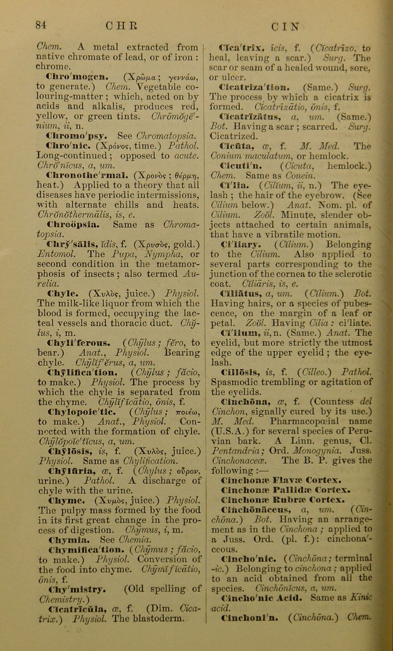 Chcm. A metal extracted from native chromate of lead, or of iron : chrome. ClU’o'mogen. (Xpa>|U.a; yevvaoi, to generate.) Chem. Vegetable co- louring-matter ; which, acted on by acids and alkalis, produces red, yellow, or green tints. Chrorndge'- nium, ii, n. Chromo'psy. See C'hromatopsia. Chro'nic. (Xporo?, time.) Pathol. Long-continued ; opposed to acute. Chro'ntcus. a, um. Chronothe'nnal. (Xpovos; Qipyi), heat.) Applied to a theory that all ! diseases have periodic intermissions, with alternate chills and heats. ChronQtherrnalis, is, e. Chroopsia. Same as Chroma- top sia. Chry'salis, Xdis, f. (X/wo?, gold.) Entomol. The Pupa, Nympha, or second condition in the metamor- phosis of insects; also termed Au- relia. Chyle. (XvA.05, juice.) Physiol. The milk-like liquor from which the blood is formed, occupying the lac- teal vessels and thoracic duct. Chy- lus, i, m. Chyli'ferons. (Chylus ; fero, to bear.) Anat., Physiol. Bearing chyle. ChylXf'erus, a, um. Chyliiica'tion. (Chylus ; facio, to make.) Physiol. The process by which the chyle is separated from the chyme. ChylXfXcatio, onis, f. Chylopoie'tic. (Chylus; noda), to make.) Anat., Physiol. Con- nected with the formation of chyle. ChylopoXe'tXcus, a, um. Chyldsis, is, f. (XuXo?, juice.) Physiol. Same as Chylification. Chyltiria, cc, f. (Chylus; ovpov. urine.) Pathol. A discharge of chyle with the urine. Chyme. (JLvp.bg, juice.) Physiol. The pulpy mass formed by the food in its first great change in the pro- cess of digestion. Chymus, i, m. Cliymla. See Chcmia. Chymiflca'tion. (Chymus ; facio, to make.) Physiol. Conversion of the food into chyme. ChymXfXcatio, onis, f. Chy'mistry. (Old spelling of Chemistry.) CIcatrIcula, cc, f. (Dim. Cica- trix.) Physiol. The blastoderm. CIca'trix, ids, f. (Ctcatrizo, to heal, leaving a scar.) Surg. The scar or seam of a healed wound, sore, or ulcer. Oicatri/a'tion. (Same.) Surg. The process by which a cicatrix is formed. CXcatrizdtio, onis, f. CIcatrizafiiN, a, um. (Same.) Pot. Having a scar ; scarred. Surg. Cicatrized. Clcfita, 02, f. M. Med. The Conium maculatum, or hemlock. Cicuti'u. (Cicuta, hemlock.) Chem. Same as Conein. Ci lia. ( CilXum, ii, n.) The eye- lash ; the hair of the eyebrow. (See Cilium below.) Anat. Nom. pi. of Cilium. Zool. Minute, slender ob- jects attached to certain animals, that have a vibratile motion. Ci'liary. (CXlium.) Belonging to the Cilium. Also applied to several parts corresponding to the junction of the cornea to the sclerotic coat. CXliaris, is, e. Ciliiitus, a, um. (CXlium.) Pot. Having hairs, or a species of pubes- cence, on the margin of a leaf or petal. Zool. Having Cilia : ci'liate. Cl'liiuu, ii, n. (Same.) Anat. The eyelid, but more strictly the utmost edge of the upper eyelid ; the eye- Cillosls, is, f. (Cilleo.) Pathol. Spasmodic trembling or agitation of the eyelids. Cinchona, cc, f. (Countess del Cinchon, signally cured by its use.) AT. Med. Pharmacopceial name (U.S.A.) for several species of Peru- vian bark. A Linn, genus, Cl. Pentandria; Ord. Monogynia. Juss. j Cinchonacecc. The B. P. gives the following :— Cinchona1 Flarre Cortex. Cinchona1 l’allida1 Cortex. C inchona1 Kiibra* Cortex. Cihchdnaeeus, a, um. (Cin- chona.) Pot. Having an arrange- ment as in the Cinchona ; applied to a Juss. Ord. (pi. f.): cinchona'- ceous. j Cineho'nie. (Cinchona; terminal -ic.) Belonging to cinchona ; applied to an acid obtained from all the species. CinchonXcus, a, um. Cineho'nie Acid. Same as Kinic Cinchoni n. (Cinchona.) Chem.