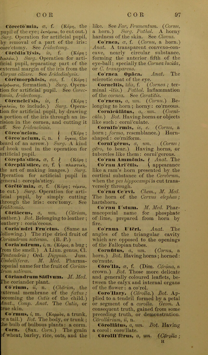 C'ttrectO'mfa, cc, f. (Kopt], the pupil of the eye; e/crep.i'w, to cut out.) Surg. Operation for artificial pupil, by removal of a part of the iris: core'ctomy. See Iridectomy. Cttredia'lysis, is, f. (Kop^; SiaA.vu>.) Surg. Operation for arti- ficial pupil, separating part of the external margin of the iris from the Corpus ciliare. See Iridod icily sis. Cbreuaorpliosis, eos, f. (Koprj; uop^onns, formation.) Surg. Opera- tion for artificial pupil. See Corec- tomia, Iridectomy. Cttrenclei'sis, is, f. (Koprj; ey(cAeito, to include.) Surg. Opera- tion for artificial pupil, by drawing a portion of the iris through an in- cision in the cornea, and cutting it otf. See Iridencleisis. Cttreo'iicion. 1 (Kopi? ; Cttreo'iicium, it, n. | oyxos, the beard of an arrow.) Surg. A kind of hook used in the operation for artificial pupil. Cftrepla'stica, ce, f. ( (Kop-q ; Cftrepla'stlce, es, f. \ irKao-rucr], the art of making images.) Surg. Operation for artificial pupil in general: corepla'sticy. Cbreto'niia, ce, f. (Kop-q; re>vw, to cut.) Surg. Operation for arti- Scial pupil, by simply cutting ;hrough the iris: core'tomy. See Triditomia. COriaceus, a, um. {Cerium, eather.) lot. Belonging to leather ; eathery : coria'ceous. Corla'mlri Fru'ctiis. (Same as following.) The ripe dried fruit of Coriandrum sativum. (B. P.) Coria'mlniui, i, n. (Kopis, a bug ; ’rom the smell.) A Linn, genus, Cl. Pentandria; Ord. Digynia. Juss. Umbelliferce. M. Med. Pharma- copoeia! name for the fruit of Corian- irum sativum. Cdriamlriiin Sativum. M. Med. The coriander plant. Cd'rinm, it, n. (Chorion, the external membrane of the foetus ; becoming the Cutis of the child.) Anat., Comp. Anat. The Cutis, or true skin. Corning, i, m. (Koppibs, a trunk, )r a tail.) Hot. The body, or trunk ; die bulb of bulbous plants : a corm. Corn. (Sax. Corn.) The grain )f wheat, barley, rice, oats, and the like. See Far, Frumentum. (Cornu, a horn.) Surg. Pathol. A horny hardness of the skin. See Clavus. Co'rnea, ce, f. {Cornu, a horn.) Anat. A transparent convexo-con- cave, nearly circular substance, forming the anterior fifth of the eye-ball; specially the Cornea lucida, or C. transparens. Co'rnea Opaca. Anat. The sclerotic coat of the eye. Corneltis, idis, f. (Cornea ; ter- minal -itis.) Pathol. Inflammation of the cornea. See Ceratitis. Co'rneus, a, um. {Cornu.') Be- longing to horn ; horny : co'rneous. Corniculatus, a, um. {Cornl- cula.) Pot. Having horns or objects like such : corni'culate. Cornlfo'rmis, is, e. {Cornu, a horn ; forma, resemblance.) Horn- shaped : co'rniform. Corni'gerus, a, um. {Cornu; gero, to bear.) Having horns, or tubercles like them : corni'gerous. Co'rnu Ammbitis. { Anat. The Co'rim Ari'Ctis. \ appearance like a ram’s horn presented by the cortical substance of the Cerebrum, when the pes hippocampi is cut trans- versely through. Co'rnu Ce'rvi. Chem., M. Med. The horn of the Cervus elephas; hartshorn. Co'rnu U'stum. M. Med. Phar- macopoeia! name for phosphate of lime, prepared from horn b}' fire. Cornua Il'tfirl. Anat. The angles of the triangular cavity which are opposed to the openings of the Fallopian tubes. Cornfitus, a, um. {Cornu, a horn.) Pot. Having horns; horned: co'rnute. Cftro'lla, CB y f. {Dim. Corona, a crown.) Pot. Those more delicate and generally coloured leaflets, be- tween the calyx and internal organs of the flower : a co'rol. Corollary. {Corolla.) Pot. Ap- plied to a tendril formed by a petal or segment of a corolla. Geom. A consequent truth, gained from some preceding truth, or demonstration. Corollurium, ii, n. Cftrollalus, a, um. Pot. Having a corol: coro'llate. COrollI'fCrus, a, um. {Cdrolla ; H