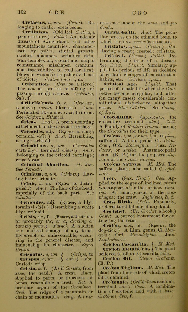 Cretiiccus, a, um. (Greta). Be- longing to chalk: creta'ceous. Cre tinism. (Old Ital. Cretira, a poor creature.) Pathol. An endemic disease of Switzerland, and other mountainous countries ; character- ised by goitre, stinted growth, swelled abdomen, wrinkled skin, wan complexion, vacant and stupid countenance, misshapen cranium, and insensibility to cold or heat, blows or wounds ; palpable evidence of idiotcy. Cretini'smus, i, m. Cribra'tion. (Cribrum, a sieve.) The act or process of sifting, or passing through a sieve. Cribratio, dnis, f. Cribrlfo'rmis, is, e. (Cribrum, a sieve; forma, likeness.) Anat. Perforated like a sieve: cri'briform. See Coliform, Ethmoid. Crlco-. Anat. A prefix denoting attachment to the cricoid cartilage. Crlcoldes, adj. (KpAos, a ring ; terminal -ides.) Anat. Resembling a ring : cri'coid. Cricoldeus, a, um. (Crlcoldes cartilago; terminal -Ideus.) Anat. Belonging to the cricoid cartilage; cricoi'dean. Criminal Abortion. M. Jur. See Feticide. Crlniitus, a, um. (Crlnis.) Hav- ing hair: cri'nate. Crlnis, is, m. (KpAw, to distin- guish.) Anat. The hair of the head, especially of the back part. See Capillus. Crlnoldes, adj. (Kplvov, a lily ; terminal -ides.) Resembling a white lily: cri'noid. Cri'sis, eos, f. (Kplcris, a decision, or probably the, or a, deciding or turning point.) Pathol. A sudden and marked change of any kind, favourable or unfavourable, occur- ring in the general disease, and influencing its character. Signa Critica. Crispins, a, um. ) (Crispo, to Cri'spus, a, um. £ curl.) Bot. Curled ; crisp. Cri'sta, oe, f. (As if Carista, from Kapa, the head.) A crest. Anat. Applied to parts, or processes of bones, resembling a crest. Bot. A peculiar organ of the Gramincoe. Geol. The ridge of a mountain or chain of mountains. Burg. An ex- crescence about the anus and pm- denda. Cri'sta Ca'lli. Anat. The pecu- liar process on the ethmoid bone, to which the falx cerebri is attached. Cristatus, a, um. (Crista.) Bot. Having a crest; crested : cri'state. Cri'tical. (Crisis.) Pathol. De- termining the issue of a disease. See Crisis. Physiol. Similarly ap- plied to periods of life as decisive of certain changes of constitution, habits, etc. Crttlcus, a, um. Cri'tical Age. Physiol. That period of female life when the Cata- menia become irregular, and, after (in many cases) considerable con- stitutional disturbance, altogether cease. JEtas CrVtlca. See Change of Life. CrOcOdlUdse. (Kpo/co6eiA.os, the crocodile; terminal -idee.) Zobl. A Family of Reptilia Sauria, having the Crocodilus for their type. CrO'cus, i, m., or um, i, n. (Kpo/cos, saffron.) A Linn, genus, Cl. Trian- dria ; Ord. Monogynia. Juss. Iri- dacece, or Iridece. Pharmacopoeial name (B. P.) for the prepared stig- mata of the Crocus sativus. Cro'cus Sativus. M. Med. The saffron plant; also called C. offici- nalis. Crop. (Sax. Krop.) Geol. Ap- plied to the edges of inclined strata when apparent on the surface. Orni- thol. An enlargement of the oeso- phagus : the craw. Inglu'vies, ei, f. Cross Birth. Obstet. Popularly, preternatural labour of any kind. Cro'tchet. (Fr. Crochet, a hook.) Obstet. A curved instrument for ex- tracting the fetus. CrOton, dnis, m. (Kportuv, the dog-tick.) A Linn, genus, Cl. Mon- cecia; Ord. Monadelphia. J uss: Euphorbiacece. CrO ton Cascifri'lln. ? if. Med. CrO'ton ElculhO'ria. ( The plant believed to afford Cascarilla bark. Cro'ton Oil. Oleum Crot’onis. (B. P.) CrO'ton Ti'glium. M. Med. The plant from the seeds of which croton oil is obtained. Cro'tonatc. (Crdfdftic?t?nacidum; terminal -ate.) Chem. A combina- tion of crotonic acid with a base. Crtitonas, atis, f.