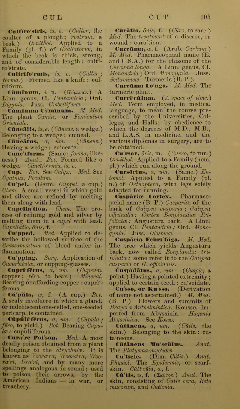 Cultlro'stris, is, e. (Culter, the coulter of a plough; rostrum, a beak.) Ornithol. Applied to a Family (pi. f.) of Grallatorice, in which the beak is thick, strong, and of considerable length: culti- ro'strate. Cultrlfo'nnis, is, e. (Culter; forma.) Formed like a knife : cul- triform. Cumlnum, i, n. (Kvfiivov.) A Linn, genus, Cl. Pentandria; Ord. Digynia. Juss. Umbelliferce. Cumlnum Cymiuum. M. Med. The plant Cumin, or Fcenicidum Orientate. Cimeiilis, is, e. (Cuneus, a wedge.) Belonging to a 'wedge : cu'neal. Cuneatus, a, urn. (Cuneus.) Having a wedge : cu'neate. Cune'iforiii. (Same ; forma, like- ness.) Anat., Bot. Formed like a wedge. Cuneifo'rmis, is, e. Cup. Bot. See Calyx. Med. See Cyathus, Poculum. Cu'pel. (Germ. Kuppel, a cup.) Client,. A small vessel in which gold and silver are refined by melting them along with lead, Cupella'tion. Chem. The pro- cess of refining gold and silver by melting them in a cupel with lead. Cupelldtio, onis, f. Cii'pped. Med. Applied to de- scribe the hollowed surface of the Crassamentum of blood under in- flammation. Cu'pping. Burg. Application of Cucurbitulce, or cupping-glasses. Cuprl'fSrus, a, um. (Cuprum, copper ; fero, to bear.) Mineral. Bearing or affording copper : cupri- ferous. Cupula, ce, f. (A cup.) Bot. A scaly involucre in which a gland, or indehiscent one-celled, one-seeded pericarp, is contained. Cupull'f£rus, a, um. (Cupula ; fSro, to yield.) Bot. Bearing Cupu- lee: cupuli'ferous. Cura're Poi'son. Med. A most deadly poison obtained from a plant belonging to the Strychnice. It is known as Voora'ra, Woora'ra, Woo- ra'ri, Ura'ri, and by many more spellings analogous in sound ; used to poison their arrows, by the American Indians — in war, or treachery. Curatio, onis, f. (Curo, to care.) Med. The treatment of a disease, or wound : cura'tion. Curcuma, ce, f. (Arab. Curkum.) M. Med. Pharmacopoeial name (E. and U.S.A.) for the rhizome of the Curcuma longa. A Linn, genus, Cl. Monandria ; Ord. Monogynia. Juss. Scitaminece. Turmeric (B. P.). Curcuma Lo'uga. M. Med. The turmeric plant. Curriculum. (A space of time.) Med. Term employed, in medical language, to mean the course pre- scribed by the Universities, Col- leges, and Halls; by obedience to which the degrees of M.D., M.B., and L.A.S. in medicine, and the various diplomas in surgery, are to be obtained. Cu'rsor, oris, m. (Curro, to run.) Ornithol. Applied to a Family (nom, pi.) which run along the ground. Cursorius, a, um. (Same.) En- iomol. Applied to a Family (pi. n.) of Orthoptera, with legs solely adapted for running. Cuspariae Cortex. Pharmaco- pceial name (B. P.) Cusparia, of the bark of Oalipea cusparia; Galipea officinalis: Cortex Bonplandice Tri- foliatce : Angustura bark. A Linn, genus, Cl. Pentandria; Ord. Mono- gynia. Juss. Diosmecc. Cusparia Febrl'fuga. M. Med. The tree which yields Angustura bark, now called Bonplandia tri- foliata : some refer it to the Galipea cusparia or G. officinalis. Cuspidatus, a, um. (Cuspis, a point.) Having a pointed extremity; applied to certain teeth : cu'spidate. Cu'sso, or Ku'sso. (Derivation of name not ascertained.) M. Med. (B. P.) Flowers and summits of Brayera Anthelmintica. Kousso. Im- ported from Abyssinia. Hagenia Abyssinica. See Kosso. Cutaueus, a, um. (Cutis, the skin.) Belonging to the skin : cu- ta'neous. Cutaueus Mu'sculus. Anat. The Platysma-myo'ides. Cu'ticic. (Dim. Cutis.) Anat. Physiol. The Epidermis, or scarf- skin. CutVcula, ce, f. Cft'tls, is, f. (2/cutos.) Anat. The skin, consisting of Cutis vera, Pete mucosum, and Cuticula.