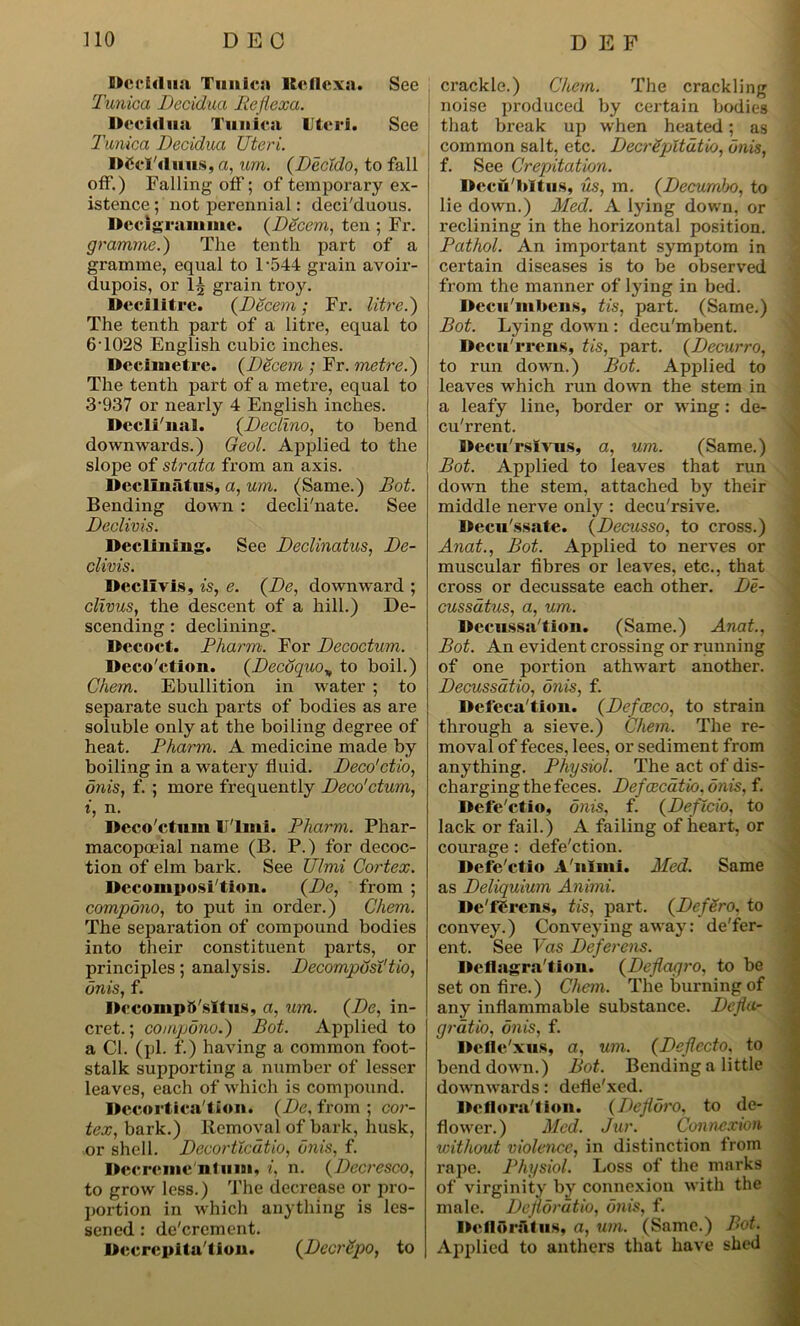 Decidua Tunica liellexa. See Tunica Decidua Reflexa. Decidua Tunica Uteri. See Tunica Decidua Uteri. DCd'duus, a, um. (Decido, to fall off.) Falling off; of temporary ex- istence ; not perennial: deci'duous. Decigramme. (Decern, ten ; Fr. gramme.) The tenth part of a gramme, equal to 1-544 grain avoir- dupois, or I3 grain troy. Decilitre. (Decern; Fr. litre.) The tenth part of a litre, equal to 6-1028 English cubic inches. Decimetre. (Decern ; Fr. metre.) The tenth part of a metre, equal to 3-937 or nearly 4 English inches. Decli'nal. (Declino, to bend downwards.) Geol. Applied to the slope of strata from an axis. Dcciinatus, a, um. (Same.) Dot. Bending down : decli'nate. See Declivis. Declining. See Declinatus, De- clivis. Declivis, is, e. (De, downward ; clivus, the descent of a hill.) De- scending : declining. Decoct. Pliarm. For Decoctum. Deco'ction. (Decdquo„ to boil.) Chem. Ebullition in water ; to separate such parts of bodies as are soluble only at the boiling degree of heat. Pharm. A medicine made by boiling in a watery fluid. Deco'ctio, dnis, f. ; more frequently Deco’ctum, i, n. Deco'ctum U'lmi. Pharm. Phar- macopoeial name (B. P.) for decoc- tion of elm bark. See Ulmi Cortex. Decomposition. (De, from ; compono, to put in order.) Chem. The separation of compound bodies into their constituent parts, or principles; analysis. Decomposi'tio, dnis, f. Decoinpft'sltus, a, um. (De, in- cret.; compono.) Bot. Applied to a Cl. (pi. f.) having a common foot- stalk supporting a number of lesser leaves, each of which is compound. Decortica'tion. (De, from ; cor- tex, bark.) Removal of bark, husk, or shell. Decorticatio, dnis, f. Dccreme'ntum, i, n. (Decresco, to grow less.) The decrease or pro- portion in which anything is les- sened : de'erement. Decrepitation. (Decrgpo, to crackle.) Chem. The crackling noise produced by certain bodies that break up when heated; as common salt, etc. DecrSpltdtio, dnis, f. See Crepitation. Dccu'bitiis, us, m. (Decumbo, to lie down.) Med. A lying down, or reclining in the horizontal position. Pathol. An important symptom in certain diseases is to be observed from the manner of lying in bed. Decu'mbens, tis, part. (Same.) Bot. Lying down : decu'mbent. Decu'rrens, tis, part. (Decurro, to run down.) Bot. Applied to leaves which run down the stem in a leafy line, border or wing: de- cu'rrent. Decu'rslvns, a, um. (Same.) Bot. Applied to leaves that run down the stem, attached by their middle nerve only : decu'rsive. Decu'ssate. (Decusso, to cross.) Anat., Bot. Applied to nerves or muscular fibres or leaves, etc., that cross or decussate each other. De- cussdtus, a, um. Decussa'tion. (Same.) Anat., Bot. An evident crossing or running of one portion athwart another. Decussatio, dnis, f. Defeca'tion. (Defeeco, to strain through a sieve.) Chem. The re- moval of feces, lees, or sediment from anything. Physiol. The act of dis- charging the feces. Defcccdtio. dnis, f. Defe'ctio, dnis, f. (Deflcio, to lack or fail.) A failing of heart, or courage : defe'etion. Defe'ctio A'liimi. Med. Same as Deliquium Animi. Dc'ffrens, tis, part. (Defero, to convey.) Conveying away: de'fer- ent. See Vas Deferens. Deflagra'tion. (Deflagro, to be set on fire.) Chem. The burning of any inflammable substance. Defla- grdtio, onis, f. Defle'xus, a, um. (Deflecto, to bend down.) Bot. Bending a little downwards: defle'xed. Dellora'tion. (Defldro. to de- flower.) Med. Jur. Connexion without violence, in distinction from rape. Physiol. Loss of the marks of virginity by connexion with the male. Dejldrdtio, dnis, f. Dcllorntiis, a, um. (Same.) Bot. Applied to anthers that have shed