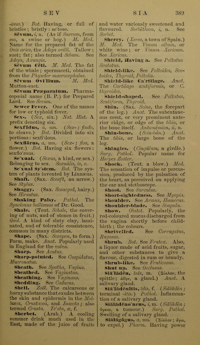 -osms.) Bot. Having, or full of bristles ; bristly : se'tose. SSvum, i, n. (As if Suevum, from sms, a swine or hog.) M. Med. Name for the prepared fat of the Ovis dries, the Adeps ovilli. Tallow ; suet; fat; also termed Sebum. See Adeps, Axungia. Sevuiu Ceti. M. Med. The fat of the whale ; spermaceti, obtained from the Physeter macrocephalus. Sevuiu Ovi'llum. M. Med. Mutton-suet. Sevuiu Pi-separatum. Pharma- copoeia 1 name (B. P.) for Prepared Lard. See Sevum. Sewer Fever. One of the names for low or typhoid fever. Sex-. (Sex, six.) Nat. Mist. A prefix denoting six. Sexf Idus, a, um. (Sex-; findo, to cleave.) Bot. Divided into six portions: sexfi'dous. Sexflorus, a, um. (Sex- ; flos, a flower.) Bot. Having six flowers : sexflo'rous. Se'xual. (Sexus, a kind, or sex.) Belonging to sex. Sexualis, is, e. Se'xual Sy'stem. Bot. The sys- tem of plants invented by Linnaeus. Shaft. (Sax. Sceaft, an arrow.) See Stylus. Shaggy. (Sax. Sceacged, hairy.) See Mirsutus. Shaking Palsy. Pathol. The Synclonus ballismus of Dr. Good. Shale. (Teut. Schale, the cover- ing of nuts, and of stones in fruit.) Geol. A kind of slaty clay, lami- nated, and of tolerable consistence, common in many districts. Shape. (Sax. Sceapen, to form.) Form, make. Anat. Popularly used in England for the vulva. Sharp. See Acutus. Sharp-pointed. See Cuspidatus, Mucronatus. Sheath. See Spatha, Vagina. Sheathed. See Vaginatus. Sheathing. See Vaginans. Shedding. See Caducus. Shell. Zool. The calcareous or horny substance that exudes between the skin and epidermis in the Mol- lusoa, Crustacea, and Insecta; also termed Crusta. Te'sta, az, f. Sherbet. (Arab.) A cooling summer drink much used in the East, made of the juice of fruits and water variously sweetened and flavoured. Sorbethum, i, n. See Sorbet. Sherry. (Xeres, a town of Spain.) M. Med. The Vinum album, or white wine; or Vinum Xericum. See Xericus. Shield, Slaving a. See Peltatus Scutatus. Sliield-like. See Peltoides, Scu- toides, Thyroid, Peltalis. Shield-like Ca'rtilage. Anat. The Cartilago scutiformis, or C. thyroides. Shield-shaped. See Peltatus, Scutiform, Thyroid. Shin. (Sax. Seine, the forepart of the leg.) Anat. The subcutane- ous crest, or very prominent ante- rior ridge, or edge of the tibia, or the bone itself. Anticnemion, ii, n. Shin-hone. (Scin-ban.) Anat. The tibia, or large bone of the leg. Shingles. (Cingulum, a girdle.) Surg. Pathol. Popular name for Herpes Zoster. Shock. (Teut. a blow.) Med. The sensation of impulse or percus- sion, produced by the pulsation of the heart, as perceived on applying the ear and stethoscope. Shoot. See Surcuius. Short-sightedness. See Myopia. Shoulder. See Armus, Humerus. Shoulder-blade. See Scapula. Show. Obstet. Popularly, the red-coloured mucus discharged from the vagina shortly before child- birth ; the colours. Shrivelled. See Corrugatus, Rugosus. Shrub. Bot. See Frutex. Also, a liquor made of acid fruits, sugar, and other substances to give a flavour, digested in rum or brandy. Shrub-like. See Fruticosus. Shut up. See Occlusus. SiiVliiden, inis, m. (^laXov, the spittle; a8r)v, a gland.) Anat. A salivary gland. Siil'hldenltis, idis, f. (Sialaden ; terminal -itis.) Pathol. Inflamma- tion of a salivary gland. Sisllildeno'nciis, i, m. (Sialaden ; oy/co?, a tumour.) Surg. Pathol. Swelling of a salivary gland. Sistliigogus, a, um. (SuxAov ; ayw, to expel.) Pharm. Having power