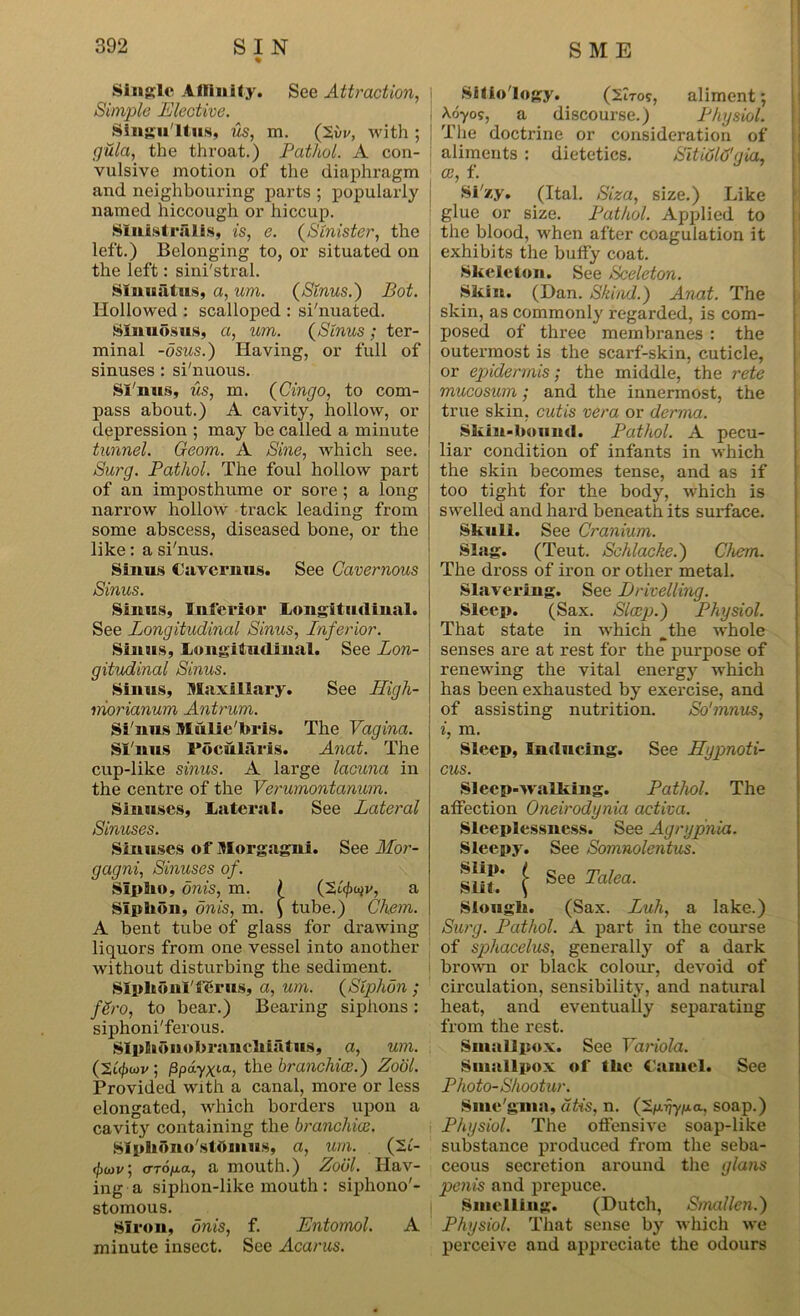 Single Affinity. See Attraction, Simple Elective. Singultus, us, m. (2vr, with ; gala, the throat.) Pathol. A con- vulsive motion of the diaphragm and neighbouring parts ; popularly named hiccough or hiccup. SInistralis, is, e. (Sinister, the left.) Belonging to, or situated on the left: sini'stral. Sfnuatu.s, a, um. (Sinus.) Bot. Hollowed : scalloped : si'nuated. Sinnosus, a, um. (Sinus; ter- minal -dsus.) Having, or full of sinuses : si'nuous. Si'nus, us, m. (Cingo, to com- pass about.) A cavity, hollow, or depression ; may be called a minute tunnel. Geom. A Sine, which see. Surg. Pathol. The foul hollow part of an imposthume or sore ; a long narrow hollow track leading from some abscess, diseased bone, or the like: a si'nus. Sinus Cavernus. See Cavernous Sinus. Sinus, Inferior Longitudinal. See Longitudinal Sinus, Inferior. Sinus, Longitudinal. See Lon- gitudinal Sinus. Sinus, Maxillary. See High- iriorianum Antrum. Si'nus Mulie'bris. The Vagina. Si'nus Focularis. Anat. The cup-like sinus. A large lacuna in the centre of the Verumontanum. Sinuses, Lateral. See Lateral Sinuses. Sinuses of Morgagni. See Mor- gagni, Sinuses of. SIpko, onis, m. ) (2i<fi^v, a Siphon, onis, m. $ tube.) Chem. A bent tube of glass for drawing liquors from one vessel into another without disturbing the sediment. SIpltonTferus, a, um. (Siphon ; fSro, to bear.) Bearing siphons: siphoni'ferous. SIplionobrancWatns, a, um. oov ; jSpdyxta, the branchiae.) Zool. Provided with a canal, more or less elongated, which borders upon a cavity containing the branchiae. Slpliflno'stOnms, a, um. (21- (f)oov; 0-To/j.a, a mouth.) Zool. Hav- ing a siphon-like mouth: siphono'- stomous. SIron, onis, f. Entomol. A minute insect. See Acarus. Silio'Iogy. (2itos, aliment; \6yo$, a discourse.) Physiol. The doctrine or consideration of aliments : dietetics. Sitiold'gia, ce, f. Si'zy. (Ital. Siza, size.) Like glue or size. Pathol. Applied to the blood, when after coagulation it exhibits the huffy coat. Skeleton. See Sceleton. Skin. (Dan. Skind.) Anat. The skin, as commonly regarded, is com- posed of three membranes : the outermost is the scarf-skin, cuticle, or epidermis; the middle, the rete mucosum; and the innermost, the true skin, cutis vera or derma. Skill-bound. Pathol. A pecu- liar condition of infants in which the skin becomes tense, and as if too tight for the body, which is swelled and hard beneath its surface. Skull. See Cranium. Slag. (Teut. Schlacke.) Chem. The dross of iron or other metal. Slavering. See Drivelling. Sleep. (Sax. Simp.) Physiol. That state in which ^tlie whole senses are at rest for the purpose of renewing the vital energy which has been exhausted by exercise, and of assisting nutrition. So'mnus, i, m. Sleep, Inducing. See Hypnoti- cus. Sleep-walking. Pathol. The affection Oneirodynia activa. Sleeplessness. See Agrypnia. Sleepy. See Sonmolentus. Siif.* ( See Talea- Slougli. (Sax. Luh, a lake.) Surg. Pathol. A part in the course of sphacelus, generally of a dark brown or black colour, devoid of circulation, sensibility, and natural heat, and eventually separating from the rest. Smallpox. See Variola. Smallpox of the Camel. See Photo- Shootur. Sme gma, atxs, n. (2/Bjy/u.a, soap.) Physiol. The offensive soap-like substance produced from the seba- ceous secretion around the glans penis and prepuce. Smelling. (Dutch, Smallen.) Physiol. That sense by which we perceive and appreciate the odours
