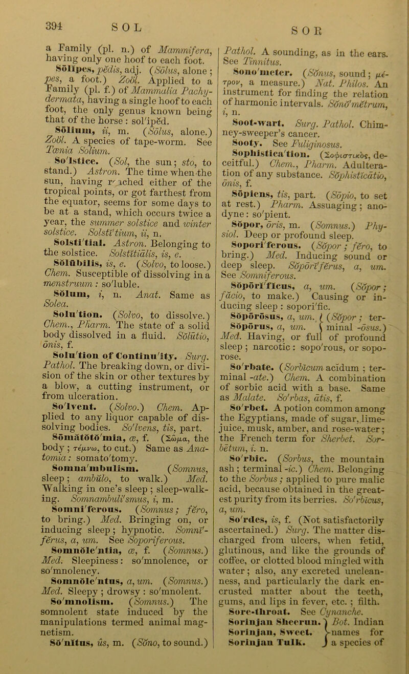 a Family (pi. n.) of Mammifera, haying only one hoof to each foot. Sollpes, pedis, adj. (Solus, alone ; pes, a foot.) Zool. Applied to a Family (pi. f.) of Mammalia Pachy- dermata, having a single hoof to each foot, the only genus known being that of the horse : sol'ipSd. Solium, ii, m. (Solus, alone.) Zool. A species of tape-worm. See Tcenia Solium. So'lstice. (Sol, the sun; sto, to stand.) Astron. The time when the sun, having reached either of the tropical points, or got farthest from the equator, seems for some days to be at a stand, which occurs twice a year, the summer solstice and winter solstice. Solstt'tium, ii, n. Solsti'tial. Astron. Belonging to the solstice. Solstttidlis, is, e. SOlubills, is, e. (Solvo, to loose.) Chem. Susceptible of dissolving in a menstruum: soluble. Solum, i, n. Anat. Same as Solea. Soln'tion. (Solvo, to dissolve.) Chem., P/iarm. The state of a solid body dissolved in a fluid. Solutio, onis, f. Solution of Continuity. Surg. Pathol. The breaking down, or divi- sion of the skin or other textures by a blow, a cutting instrument, or from ulceration. Solvent. (Solvo.) Chem. Ap- plied to any liquor capable of dis- solving bodies. So'lvens, tis, part. S6mfttf>to'mia, ce, f. (2£jua, the body ; to cut.) Same as Ana- tomia: somato'tomy. Somnambulism. (Somnus, sleep; ambulo, to walk.) Med. Walking in one’s sleep ; sleep-walk- ing. SomnambuWsmus, i, m. Somniferous. (Somnus; fero, to bring.) Med. Bringing on, or inducing sleep ; hypnotic. SomnV- ferus, a, um. See Soporiferous. Somnole'jif ia, ce, f. (Somnus.) Med. Sleepiness: so'mnolence, or so'mnolency. Somnole nt ns, a, um. (Somnus.) Med. Sleepy ; drowsy : so'mnolent. So'iiinolism. (Somnus.) The somnolent state induced by the manipulations termed animal mag- netism. Sd'nltu.3, us, m. (Svno, to sound.) SOE Pathol. A sounding, as in the ears. See Tinnitus. Sono'meter. (Sdnus, sound ; p.e- Tpov, a measure.) Nat. Philos. An instrument for finding the relation of harmonic intervals. SdnO'mMrum, i, n. Soot-wart. Surg. Pathol. Chim- ney-sweeper’s cancer. Sooty. See Fuliginosus. Sophistica lion. (So'^ho-tocos, de- ceitful.) Chem., Pharm. Adultera- tion of any substance. Sdphisttcdtio, onis, f. Sopicns, tis, part. (Sopio, to set at rest.) Pharm. Assuaging; ano- dyne : so'pient. SOpor, oris, m. (Somnus.) Phy- siol. Deep or profound sleep. Sopori'ferous. (Sdpor ; /Pro, to bring.) Med. Inducing sound or deep sleep. Sopori’fSrus, a, um. See Somniferous. SOporl'flcus, a, um. (Sopxtr; fdcio, to make.) Causing or in- ducing sleep : sopori'fic. Sdporosus, a, um. { (Sdpor; ter- SOporns, a, um. ( minal -dsus.) Med. Having, or full of profound sleep ; narcotic : sopo'rous, or sopo- rose. So'rbate. (Sorbicum acidum ; ter- minal -ate.) Chem. A combination of sorbic acid with a base. Same as Malate. So'rbas, atis, f. So'rbet. A potion common among the Egyptians, made of sugar, lime- juice, musk, amber, and rose-water; the French term for Sherbet. Sor- betum, i. n. So'rbic. (Sorbus, the mountain ash; terminal -ic.) Chem. Belonging to the Sorbus; applied to pure malic acid, because obtained in the great- est purity from its berries. So'rbicus, a, um. So'rdes, is, f. (Not satisfactorily ascertained.) Surg. The matter dis- charged from ulcers, when fetid, glutinous, and like the grounds of coffee, or clotted blood mingled with water; also, any excreted unclean- ness, and particularly the dark en- crusted matter about the teeth, gums, and lips in fever, etc. ; filth. Sore-tliroat. See Cynanchc. Sorlnjan Shceruu. ) Bot. Indian Sorinjan, Sweet. >names for Sorinjan Tulk. J a species of