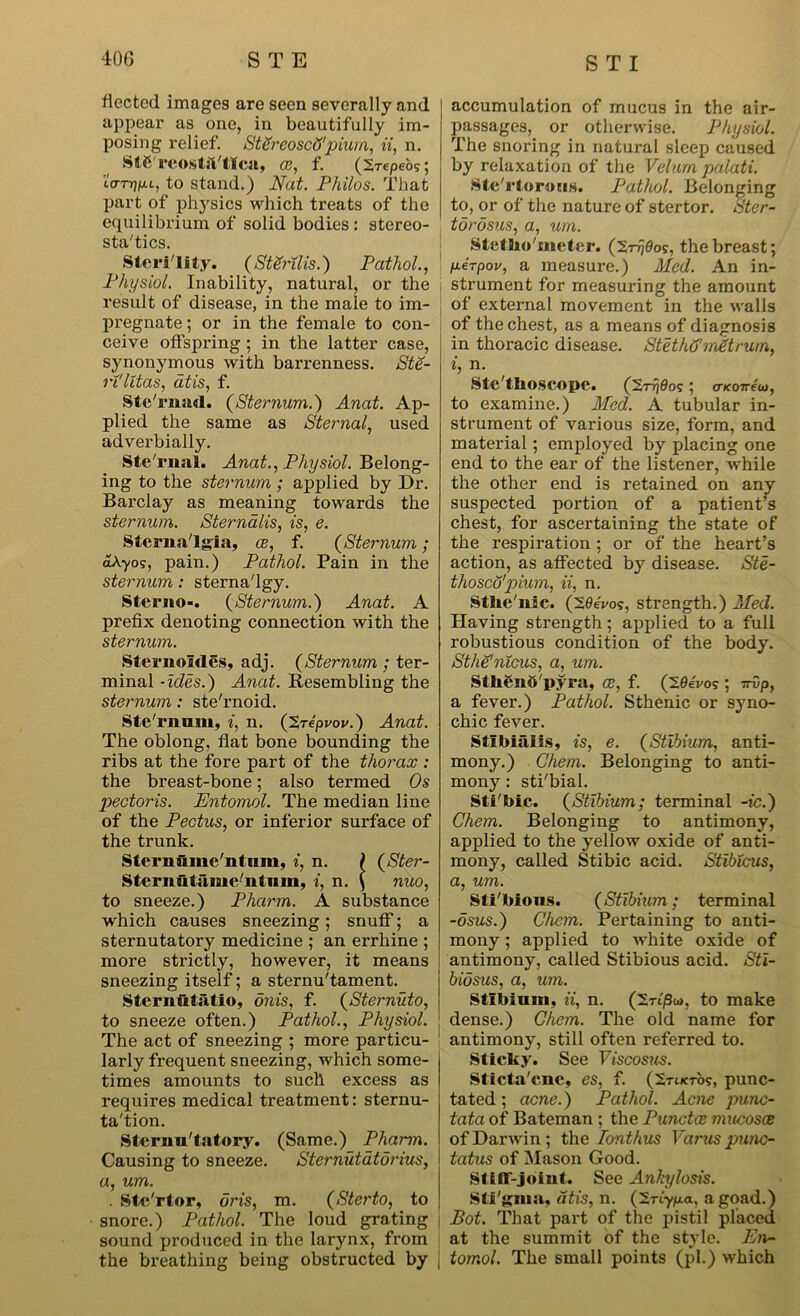 fleeted images are seen severally and appear as one, in beautifully im- posing relief. Stdreoscd'pium, ii, n. Slfireostsltica, ce, f. (STepeos; urnjpii, to stand.) Nat. Philos. That part of physics which treats of the equilibrium of solid bodies : stereo- sta'tics. Sterility. (St grills.) Pathol., Physiol. Inability, natural, or the result of disease, in the male to im- pregnate ; or in the female to con- ceive offspring ; in the latter case, synonymous with barrenness. Ste- rl'litas, atis, f. Ste'rnad. (Sternum.) Anat. Ap- plied the same as Sternal, used adverbially. SteTnal. Anat., Physiol. Belong- ing to the sternum ; applied by Dr. Barclay as meaning towards the sternum. Sternalis, is, e. Sterna'lgia, ce, f. (Sternum; aAyo?, pain.) Pathol. Pain in the sternum: sterna'lgy. Sterno-. (Sternum.) Anat. A prefix denoting connection with the sternum. Sternolcles, adj. (Sternum ; ter- minal -ides.) Anat. Resembling the sternum: ste'rnoid. SteTnum, i, n. (’Xrepvov.) Anat. The oblong, flat bone bounding the ribs at the fore part of the thorax : the breast-bone; also termed Os pectoris. Entomol. The median line of the Pectus, or inferior surface of the trunk. Stercmnic'ntnm, i, n. ) (Ster- Sternutiime'ntum, i, n. \ nuo, to sneeze.) Pharm. A substance which causes sneezing; snuff; a sternutatory medicine ; an errliine ; more strictly, however, it means sneezing itself; a sternu'tament. Sternutatio, onis, f. (Sternuto, to sneeze often.) Pathol., Physiol. The act of sneezing ; more particu- larly frequent sneezing, which some- times amounts to such excess as requires medical treatment: sternu- tation. Sternu'tatory. (Same.) Pharm. Causing to sneeze. Sternutdtorius, a, um. . Stc'rtor, oris, m. (Sterto, to snore.) Pathol. The loud grating sound produced in the larynx, from the breathing being obstructed by accumulation of mucus in the air- passages, or otherwise. Physiol. The snoring in natural sleep caused by relaxation of the Velum palati. Ste'rtorons, Pathol. Belonging to, or of the nature of stertor. Ster- torosus, a, um. Stetho'meter. (Zrrjeos, the breast; U-erpov, a measure.) Med. An in- strument for measuring the amount of external movement in the walls of the chest, as a means of diagnosis in thoracic disease. Stethd'metrum, i, n. Stc'tkoscopc. (2rrj0os ; cncoiriu), to examine.) Med. A tubular in- strument of various size, form, and material ; employed by placing one end to the ear of the listener, while the other end is retained on any suspected portion of a patient’s chest, for ascertaining the state of the respiration ; or of the heart’s action, as affected by disease. Ste- thosed'pium, ii, n. Stke'nic. (20eVos, strength.) Med. Having strength; applied to a full robustious condition of the body. Stlie'nlcus, a, um. Stlienb'pyra, ee, f. (20iv05 ; 77-up, a fever.) Pathol. Sthenic or syno- chic fever. Stibialis, is, e. (Stibium, anti- mony.) Chem. Belonging to anti- mony : sti'bial. Sti'bic. (Stibium; terminal -ic.) Chem. Belonging to antimony, applied to the yellow oxide of anti- mony, called Stibic acid. Stibtcus, a, um. Sti'bions. (Stibium; terminal -osus.) Chem. Pertaining to anti- mony ; applied to white oxide of antimony, called Stibious acid. Sti- bidsus, a, um. Stibium, ii, n. (S-uflu, to make dense.) Chem. The old name for antimony, still often referred to. Sticky. See Viscosus. Sticta'cne, es, f. (2r«ros, punc- tated ; acne.) Pathol. Acne punc- tata of Bateman ; the Puncta; mucosce of Darwin; tire lonthus Varus punc- tatus of Mason Good. St i IT-joint. See Ankylosis. Sti'gina, atis, n. (Sny/xa, a goad.) Bot. That part of the pistil placed at the summit of the style. En- tomol. The small points (pi.) which