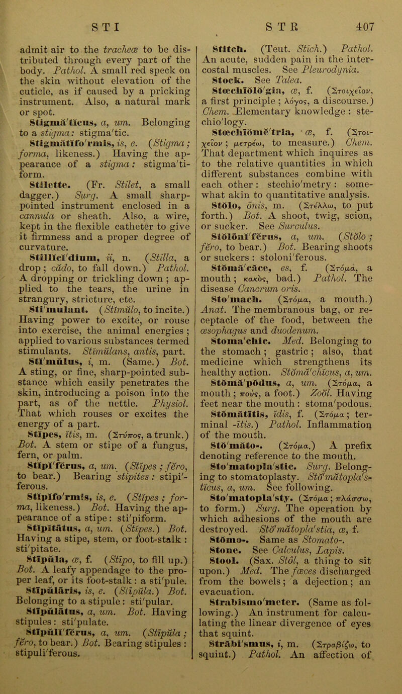 admit air to the trachea to be dis- tributed through every part of the body. Pathol. A small red speck on the skin without elevation of the cuticle, as if caused by a pricking instrument. Also, a natural mark or spot. Stigniit'ticus, a, um. Belonging to a stigma: stigma'tic. StigniiUffo'rmis, is, e. (Stigma ; forma, likeness.) Having the ap- pearance of a stigma: stigma'ti- form. Stilette. (Fr. Stilet, a small dagger.) Surg. A small sharp- pointed instrument enclosed in a cannula or sheath. Also, a wire, kept in the flexible catheter to give it firmness and a proper degree of curvature. Still! cl'dium, ii, n. (Stilia, a drop ; cado, to fall down.) Pathol. A dropping or trickling down ; ap- plied to the tears, the urine in strangury, stricture, etc. Sti'mulant. (Stlmulo, to incite.) Having power to excite, or rouse into exercise, the animal energies ; applied to various substances termed stimulants. Stlmulcins, antis, part. Stimulus, i, m. (Same.) Pot. A sting, or fine, sharp-pointed sub- stance which easily penetrates the skin, introducing a poison into the part, as of the nettle. Physiol. That which rouses or excites the energy of a part. Stipes, itis, m. (27wo5, a trunk.) Pot. A stem or stipe of a fungus, fern, or palm. StlplTCrus, a, um. (Stipes ; fero, to bear.) Bearing stipites: stipi'- ferous. Stlplfo'rmis, is, e. (Stipes ; for- ma, likeness.) Pot. Having the ap- pearance of a stipe : sti'piform. Stfpltatus, a, um. (Stipes.) Pot. Having a stipe, stem, or foot-stalk : sti'pitate. Stipula, a, f. (Stipo, to fill up.) Pot. A leafy appendage to the pro- per leaf, or its foot-stalk: a sti'pule. Stlpai laris, is, e. (Stipula.) Pot. Belonging to a stipule: sti'pular. Sflpulatus, a, um. Pot. Having stipules: stipulate. StlpulI'fCrus, a. um. (Stipula ; fero, to bear.) Pot. Bearing stipules : stipuli'ferous. Stitch. (Teut. Stich.) Pathol. An acute, sudden pain in the inter- costal muscles. See Pleurodynia. Stock. See Talea. Stcecblftltt'gia, ce, f. (Stoix^ov. a first principle ; Aoyo?, a discourse.) Chem. Elementary knowledge : ste- chio'logy. StoeehlbiiiC'tria, • ce, f. (Stoi- \eiov 5 /u.6Tpeui, to measure.) Chem. That department which inquires as to the relative quantities in which different substances combine with each other: stechio'metry : some- what akin to quantitative analysis. StOlo, dnis, m. (StcAAo, to put forth.) Pot. A shoot, twig, scion, or sucker. See Surculus. StblonTfCriis, a, um. (Stulo ; fero, to bear.) Pot. Bearing shoots or suckers : stoloni'ferous. Stbiua'citce, es, f. (Si-ojaa, a mouth ; <6?, bad.) Pathol. The disease Cancrum oris. Sto'inaeh. (Sro/aa, a mouth.) Anat. The membranous bag, or re- ceptacle of the food, between the oesophagus and duodenum. Stoma'chic. Med. Belonging to the stomach; gastric; also, that medicine which strengthens its healthy action. Stoma'chlcus, a, um. Stftinil'pddus, a, um. (’S.TOfj.a, a mouth ; noiis, a foot.) Zool. Having feet near the mouth : stoma'podous. Stomatitis, Idis, f. (Sro/ra; ter- minal -itis.) Pathol. Inflammation of the mouth. StO'mato-. (trofjLa.) A prefix denoting reference to the mouth. Sto'matopla'stic. Surg. Belong- ing to stomatoplasty. Sto'rndtopla's- tlcus, a, um. See following. Sto'matopla'sty. (Sro^a; nka.o-<ra>, to form.) Surg. The operation by which adhesions of the mouth are destroyed. Sto'matopla'stia, ce, f. Stoma-. Same as Stomato-. Stone. See Calculus, Lapis. Stool. (Sax. Stol, a thing to sit upon.) Med. The fceces discharged from the bowels; a dejection; an evacuation. Strabismo'nicter. (Same as fol- lowing.) An instrument for calcu- lating the linear divergence of eyes that squint. Str&bl'smus, i, m. (2rpa|3t£o, to squint.) Pathol. An affection of