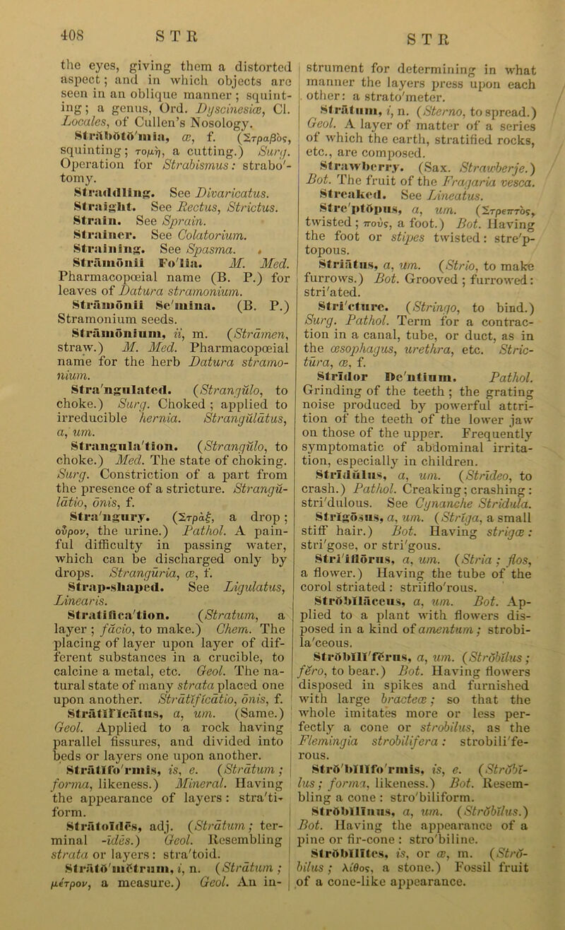 the eyes, giving them a distorted aspect; and in which objects are seen in an oblique manner ; squint- ing ; a genus, Ord. Dgscinesia?, Cl. Locales, of Cullen’s Nosology. Str<lbbtb'm ia, ce, f. (2Tpa/3os, squinting; ropy], a cutting.) Surg. Operation for Strabismus: strabo'- tomy. Straddling. See Divaricatus. Straight. See Rectus, St rictus. Strain. See Sprain. Strainer. See Colatorium. Straining. See Spasma. * Stramonii Fo'lia. M. Med. Pharmacopoeial name (B. P.) for leaves of Datura stramonium. Stramonii Sciuina. (B. P.) Stramonium seeds. Stramonium, ii, m. (Strdmen, straw.) M. Med. Pharmacopoeial name for the herb Datura stramo- nium. Stra'ngulated. (Strangulo, to choke.) Surg. Choked ; applied to irreducible hernia. Strangulatus, a, um. Strangnla'tion. (Strangulo, to choke.) Med. The state of choking. Surg. Constriction of a part from the presence of a stricture. Strangu- latio, onis, f. Stra ngury. (2rpaf, a drop; oSpov, the urine.) Pathol. A pain- ful difficulty in passing water, which can be discharged only by drops. Stranguria, ce, f. Strap-shaped. See Ligidatus, Linearis. Stratification. (Stratum, a layer ; fdcio, to make.) Chem. The placing of layer upon layer of dif- ferent substances in a crucible, to calcine a metal, etc. Geol. The na- tural state of many strata placed one upon another. Stratificatio, onis, f. 1 Stratiflcatus, a, um. (Same.) Geol. Applied to a rock having parallel fissures, and divided into beds or layers one upon another. Stratlfo'rmis, is, e. (Stratum ; forma, likeness.) Mineral. Having the appearance of layers : strati- form. Striifoidcs, adj. (Stratum; ter- minal -ides.) Geol. Resembling strata or layers: stra'toid. Striittt'mctrum, i, n. (Stratum ; fj.eTpov, a measure.) Geol. An in- strument for determining in what manner the layers press upon each other: a strato'meter. Sf rid ii m, i} n. (Sterno, to spread.) Geol. A layer of matter of a series of which the earth, stratified rocks, etc., are composed. Strawberry. (Sax. Strawberje.) Dot. The fruit of the Fragaria vesca. Streaked. See Lineatus. Stre'ptftpus, a, um. (SrpeTrrb?, twisted; 7rou?, a foot.) Bot. Having the foot or stipes twisted: stre'p- topous. Striatus, a, um. (Strio, to make furrows.) Bot. Grooved; furrowed: stri'ated. Structure. (Stringo, to bind.) Surg. Pathol. Term for a contrac- tion in a canal, tube, or duct, as in the oesophagus, urethra, etc. Stric- tura, ce, f. Stridor IKv'ntiu in. Pathol. Grinding of the teeth ; the grating noise produced by powerful attri- tion of the teeth of the lower jaw on those of the upper. Frequently symptomatic of abdominal irrita- tion, especially in children. Stridulus, a, um. (Strideo, to crash.) Pathol. Creaking; crashing : stri'dulous. See Cgnanche Stridula. Strlgdsus, a, um. (Stnga, a small stiff hair.) Bot. Having strigee : stri'gose, or stri'gous. Stri'iflorus, a, um. (Stria ; flos, a flower.) Having the tube of the corol striated: striiflo'rous. Strbbilaccus, a, um. Bot. Ap- plied to a plant with flowers dis- posed in a kind of amentum; strobi- la'ceous. Strftblli'frrns, a, um. (Strdbilus ; fero, to bear.) Bot. Having flowers disposed in spikes and furnished with large bractece; so that the whole imitates more or less per- fectly a cone or strobilus, as the Flemingia strobilifera: strobili'fe- rous. Strft'bllTfo'rmis, is, e. (Strubi- lus; forma, likeness.) Bot. Resem- bling a cone : stro'biliform. Strttbllliuis, a, um. (Strdbilus.) Bot. Having the appearance of a pine or fir-cone : stro'biline. Strbblllte.s, is, or cc, m. (Strd- bilus ; A.i'005, a stone.) Fossil fruit of a cone-like appearance.