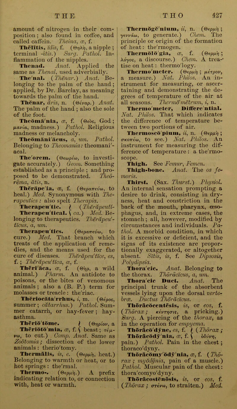 amount of nitrogen in their com- position ; also found in coffee, and called caffein. Theina, ce, f. Thelitis, idis, f. (0??Arj, a nipple ; terminal -itis.) Surg. Pathol. In- flammation of the nipples. Tliciiad. Anat. Applied the same as Thenal, used adverbially. Tlie'ual. (Thenar.) Anat. Be- longing to the palm of the hand; applied, by Dr. Barclay, as meaning towards the palm of the hand. Tli&uar, aris, n. (©e'vap.) Anat. The palm of the hand ; also the sole of the foot. Thcfimft'nia, ce, f. (®eos, God ; navla, madness.) Pathol. Religious madness or melancholy. Thettitiiiiii'iicus, a, urn. Pathol. Belonging to Theomania: theomani'- acal. The'orem. (©ewpew, to investi- gate accurately.) Geom. Something established as a principle ; and pro- posed to be demonstrated. Theo- rema, atis, n. ThMpe'ia, CB, f. (®epa7revw, to heal.) Med. Synonymous with The- rapeutics : also spelt Therapia. Therapeu'tic. ( (Therapeutt- Therapeu'tical. \ ca.) Med. Be- longing to therapeutics. Therapeu'- ticus, a, um. Therapen 'tics. (©epaTreuw, to cure.) Med. That branch which treats of the application of reme- dies, and the means used for the cure of diseases. Therapeu'ttce, es, f. ; Therapeu'tica, ce, f. Theriilca, ce, f. a wild animal.) Pharm. An antidote to poisons, or the bites of venomous animals; also a (B. P.) term for molasses or treacle: the'riac. ThCrlooftta'rrhus, i, m. (©epos, summer; cdtarrlius.) Pathol. Sum- mer catarrh, or hay-fever; hay- asthma. Therifl'tftme. ) (Qriplor, a Thcrititti'mia, ce, f. ( beast; Tep- j voy, to cut.) Comp. Anat. Same as Zootomia; dissection of the lower animals : therio'tomy. Thermalig, is, e. (©ep/Aj, heat.) Belonging to warmth or heat, or to hot springs : the'rmal. Thermo-. (©epplj.) A prefix indicating relation to, or connection with, heat or warmth. ThermfigS'iiiiim, ii, n. (©eppij; yeiWw, to generate.) (Them. The principle or origin of the formation of heat: the'rmogen. Thcrmttlti'gia, ce, f. (©eppij *, Aoyo?, a discourse.) Chem. A trea- tise on heat: thermo'logy. Thermo'meter. (©epprj; perpor, a measure.) Nat. Philos. An in- strument for measuring, or ascer- taining and demonstrating the de- grees of temperature of the air at all seasons. Thermo'metrum, i, n. Thermo'meter, Differential. Nat. Philos. That which indicates the difference of temperature be- tween two portions of air. Therinoscd'piuin, ii, n. (@eppr>; axo7rea>, to see.) Nat. Philos. An instrument for measuring the dif- ference of temperature : a the'rmo- scope. Thigh. See Femur, Femen. Thigh-hone. Anat. The os fo- moris. Thirst. (Sax. Thurst.) Physiol. An internal sensation prompting a desire to drink, consisting in dry- ness, heat and constriction in the back of the mouth, pharynx, oeso- phagus, and, in extreme cases, the stomach ; all, however, modified by circumstances and individuals. Pa- thol. A morbid condition, in which it is excessive or deficient, and the signs of its existence are propor- tionally exaggerated, or altogether absent. Sitis, is, f. See I) ipso sis, Polydipsia. Tliora'cic. Anat. Belonging to the thorax. Thoracicus, a, um. Tliora'cic Duct. Anat. The principal trunk of the absorbent vessels lying upon the dorsal verte- brae. Ductus Thoracicus. Thoracftcentesis, is, or eos, f. (Thorax; /ceVrrjcris, a pricking.) Surg. A piercing of the thorax, as in the operation for empyema. Thoracft'dyne, es, f. ( ( Thorax ; Tlioracbdy'nia, ce, f. ) oSvvrj, pain.) Pathol. Pain in the chest ; thoraco'dyny. Thorficttmy'ttdy'nla, ce, f. ( Tho- rax ; myddynia, pain of a muscle.) Pathol. Muscular pain of the chest: thora'comyo'dyny. T h o ra <• os (e 11 os i s, is, or eos, f. ( Thorax ; oreVw, to straiten.) Med.