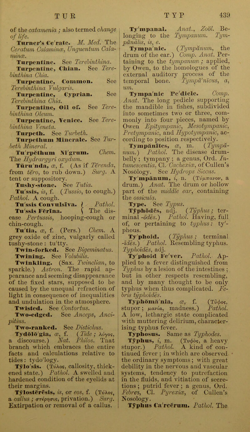 of the catamenia ; also termed change of life. Turner’s Ce'rate. M. Med. The Ceratum Calamines, Unguentum Cala- mines. Turpentine. See Terebinthina. Turpentine, Chian. See Tere- binthina Chia. Turpentine, Common. See Terebinthina Vulgaris. Turpentine, Cyprian. See Terebinthina Chia. Turpentine, Oil of. See Tere- binthina Oleum. Turpentine, Venice. See Tere- binthina Veneta. Turpeth. See Turbeth. Turpetlium Minerale. See Tur- beth Mineral. Tu'rpgtlium Ni'grum. Chem. The Hydrargyri oxydum. Turunda, os, f. (As if Terenda, from tero, to rub down.) Surg. A tent or suppositoi’y. Tusliy-stone. See Tutia. Tu'ssis, is, f. (Tussio, to cough.) Pathol. A cough. Tu'ssis Convulslva. { Pathol. Tu'ssis FCrina. ( The dis- ease Pertussis, hooping-cough or chin-cough. Tu'tia, os, f. (Pers.) Chem. A grey oxide of zinc, vulgarly called tushy-stone : tu'tty. Twin-forked. See Bigeminatus. Twining. See Volubilis. Twinkling. (Sax. Twinclian, to sparkle.) Astron. The rapid ap- pearance and seeming disappearance of the fixed stars, supposed to be caused by the unequal refraction of light in consequence of inequalities and undulation in the atmosphere. Twisted. See Contortus. Two-edged. See Anceps, Anci- pitius. Two-ranked. See Distichus. TydOl&'gia, ce, f. ( Tide ; A.dyo?, a discourse.) Nat. Philos. Tiiat branch which embraces the entire facts and calculations relative to tides: tydo'logy. Tylo'sis. (TvA.os, callosity, thick- ened state.) Pathol. A swelled and hardened condition of the eyelids at their margins. Tylostfiresis, is, or eos, f. (Tv'Aos, a callus ; <rrepri<ns, privation.) Surg. Extirpation or removal of a callus. Ty'mpanal. Anat., Zool. Be- longing to the Tympanum. Tym- panalis, is, e. Tympanic. (Tympanum, the drum of the ear.) Comp. Anat. Per- taining to the tympanum ; applied, by Owen, to the homologues of the external auditory process of the temporal bone. Tympa'nicus, a, um. Tympa'nic iVdicle. Comp. Anat. The long pedicle supporting the mandible in fishes, subdivided into sometimes two or three, com- monly into four pieces, named by Owen Epitympanic, Mesotympanic, Pretympanic, and Hypotympanic, ac- cording to position respectively. Tympanites, ce, m. (Tympa- num.) Pathol. The disease drum- belly ; tympany ; a genus, Ord. In- tumescentia, Cl. Cachexies, of Cullen’s Nosology. See Hydrops Siccus. Ty'mpiinum, i, n. (Tvi*ira.vov, a drum.) Anat. The drum or hollow part of the middle ear, containing the ossicula. Type. See Typus. Typhodes, adj. (Typhus ; ter- minal -odes.) Pathol. Having, full of, or pertaining to typhus: ty'- phous. Ty'phold. (Typhus ; terminal -ides.) Pathol. Resembling typhus. Typhoides, adj. Ty'phoid Fe'ver. Pathol. Ap- plied to a fever distinguished from Typhus by a lesion of the intestines ; but in other respects resembling, and by many thought to be only typhus when thus complicated. Fe- bris typhoides. Typlibinil'nia, ce, f. (T0^>o?, stupor; fj.avia, madness.) Pathol. A low, lethargic state complicated with muttering delirium, character- ising typhus fever. Typhosus. Same as Typhodes. T.f phus, i, m. (Tu<£6s, a heavy stupor.) Pathol. A kind of con- tinued fever ; in which are observed the ordinary symptoms ; with great debility in the nervous and vascular systems, tendency to putrefaction in the fluids, and vitiation of secre- tions ; putrid fever ; a genus, Ord. Febres, Cl. Pyrexice, of Cullen’s Nosology. Typhus Ca'rcCrum. Pathol. The