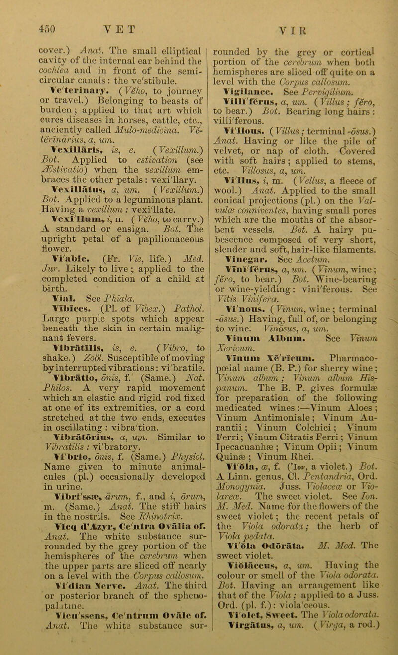 cover.) Anat. The small elliptical cavity of the internal ear behind the cochlea and in front of the semi- circular canals: the ve'stibule. Ve'terinary. ( VSho, to journey or travel.) Belonging to beasts of burden; applied to that art which cures diseases in horses, cattle, etc., anciently called Mulo-rnedicina. Ve- terindrius, a, um. Vcxillaris, is, e. (Vexillum.) Bot. Applied to estivation (see JEstivatio) when the vexillum em- braces the other petals : vexi'llary. Vexillatus, a, um. {Vexillum.) Bot. Applied to a leguminous plant. Having a vexillum : vexi'llate. Vexillum, i, n. ( Velio, to carry.) A standard or ensign. Bot. The upright petal of a papilionaceous flower. Vi'able. (Fr. Vie, life.) Med. Jur. Likely to live ; applied to the completed condition of a child at birth. Vial. See Phiala. VIbIces. (PI. of Vibex.) Pathol. Large purple spots which appear beneath the skin in certain malig- nant fevers. Vibratllis, is, e. (Vibro, to shake.) Zool. Susceptible of moving by interrupted vibrations: vi'bratile. Vibratio, onis, f. (Same.) Nat. Philos. A very rapid movement which an elastic and rigid rod fixed at one of its extremities, or a cord stretched at the two ends, executes in oscillating : vibra'tion. Vibrator! us, a, um. Similar to Vibratilis: vi'bratory. Vi'brio, onis, f. (Same.) Physiol. Name given to minute animal- cules (pi.) occasionally developed in urine. Vibrl'ssae, drum, f., and i, drum, m. (Same.) Anat. The stiff hairs in the nostrils. See Rhinotrix. VIcq d’Azyr, ten fra Ovalia of. Anat. The white substance sur- rounded by the grey portion of the hemispheres of the cei'ebrwn when the upper parts are sliced off nearly on a level with the Corpus callosum. Vi'dian Nerve. Anat. The third or posterior branch of the spheno- palatine. Vieu'ssens, fc'nlrum Oviilc of. Anat. The white substance sur- ; rounded by the grey or cortical portion of the cerebrum when both hemispheres are sliced off quite on a level with the Corpus callosum. Vigilance. See Pervigilium. Villl'fgrus, a, um. ( Villus ; fSro, to bear.) Bot. Bearing long hairs : villi'ferous. Villous. ( Villus; terminal -dsus.) Anat. Having or like the pile of velvet, or nap of cloth. Covered with soft hairs; applied to stems, etc. Villosus, a, urn. Vi'llus, i, m. ( Vellus, a fleece of wool.) Anat. Applied to the small conical projections (pi.) on the Val- vulce conniventes, having small pores which are the mouths of the absor- bent vessels. Bot. A hairy pu- bescence composed of very short, slender and soft, hair-like filaments. Vinegar. See Acetum. VIni'fSrus, a, um. ( Vinum, wine; fSro, to bear.) Bot. Wine-bearing or wine-yielding: vini'ferous. See Vitis Vinifera. Vi'nous. ( Vinum, wine ; terminal -dsus.) Having, full of, or belonging to wine. TTrndSMS, a, um. Vinum Album. See Vinum Xericum. Vinum XcTlcum. Pharmaco- poeial name (B. P.) for sherry wine ; Vinum album; Vinum album His- panum. The B. P. gives formulae for preparation of the following medicated wines :—Yinum Aloes ; Yinum Antimoniale; Vinum Au- rantii ; Yinum Colchici; Vinum Ferri; Vinum Citratis Ferri; Vinum Ipecacuanhas ; Yinum Opii; Vinum Quinse ; Vinum Rhei. Vi'ttla, ce, f. (Tew, a violet.) Bot. A Linn, genus, Cl. Pentandria, Ord. Monogynia. Juss. Violacece or Vio- larece. The sweet violet. See Ion. M. Med. Name for the flowers of the sweet violet; the recent petals of the Viola odorata; the herb of Viola pedata. Vl'dla Oelbrata. M. Med. The sweet violet. Vidlaccus, a, um. Having the colour or smell of the T7o/a odorata. Bot. Having an arrangement like that of the Viola ; applied to a Juss. Ord. (pi. f.): viola'ceous. Vi olet, Sweet. The 17ola odorata. Virgatus, a, um. ( Virga, a rod.)